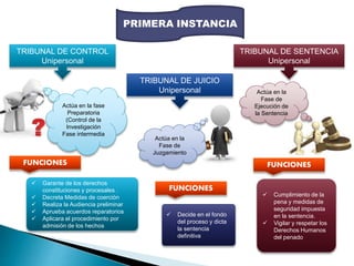  Garante de los derechos
constituciones y procesales .
 Decreta Medidas de coerción
 Realiza la Audiencia preliminar
 Aprueba acuerdos reparatorios
 Aplicara el procedimiento por
admisión de los hechos
 Decide en el fondo
del proceso y dicta
la sentencia
definitiva
 Cumplimiento de la
pena y medidas de
seguridad impuesta
en la sentencia.
 Vigilar y respetar los
Derechos Humanos
del penado
PRIMERA INSTANCIA
TRIBUNAL DE CONTROL
Unipersonal
Actúa en la fase
Preparatoria
(Control de la
Investigación
Fase intermedia
FUNCIONES
TRIBUNAL DE JUICIO
Unipersonal
Actúa en la
Fase de
Juzgamiento
FUNCIONES
TRIBUNAL DE SENTENCIA
Unipersonal
Actúa en la
Fase de
Ejecución de
la Sentencia
FUNCIONES
 
