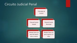 Circuito Judicial Penal
Tribunales de
Control
Tribunal Control
Estadal
Maneja Casos con
pena de hasta 8
años o menos
Tribunal Control
Municipal
Maneja Casos con
pena superior a 8
años
 