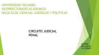 UNIVERSIDAD YACAMBU
VICERRECTORADO ACADEMICO
FACULTA DE CIENCIAS JURIDICAS Y POLITICAS
CIRCUITO JUDICIAL
PENAL
ALUMNA:
ANA CUICAS
CI:21505847
 