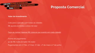 Valor do investimento
Cota para o pacote com todas as cidades
R$ 35.000,00 (trinta e cinco mil reis)
Faça as contas! Apenas R$ 3.5oo,oo por evento em cada cidade!
Forma de pagamento
5x de R$ 7.o00,00 (sete mil reais)
Pagamentos em 1º/fev, 1º/mar, 1º/abr , 1º de maio e 1º de junho
Proposta Comercial
 