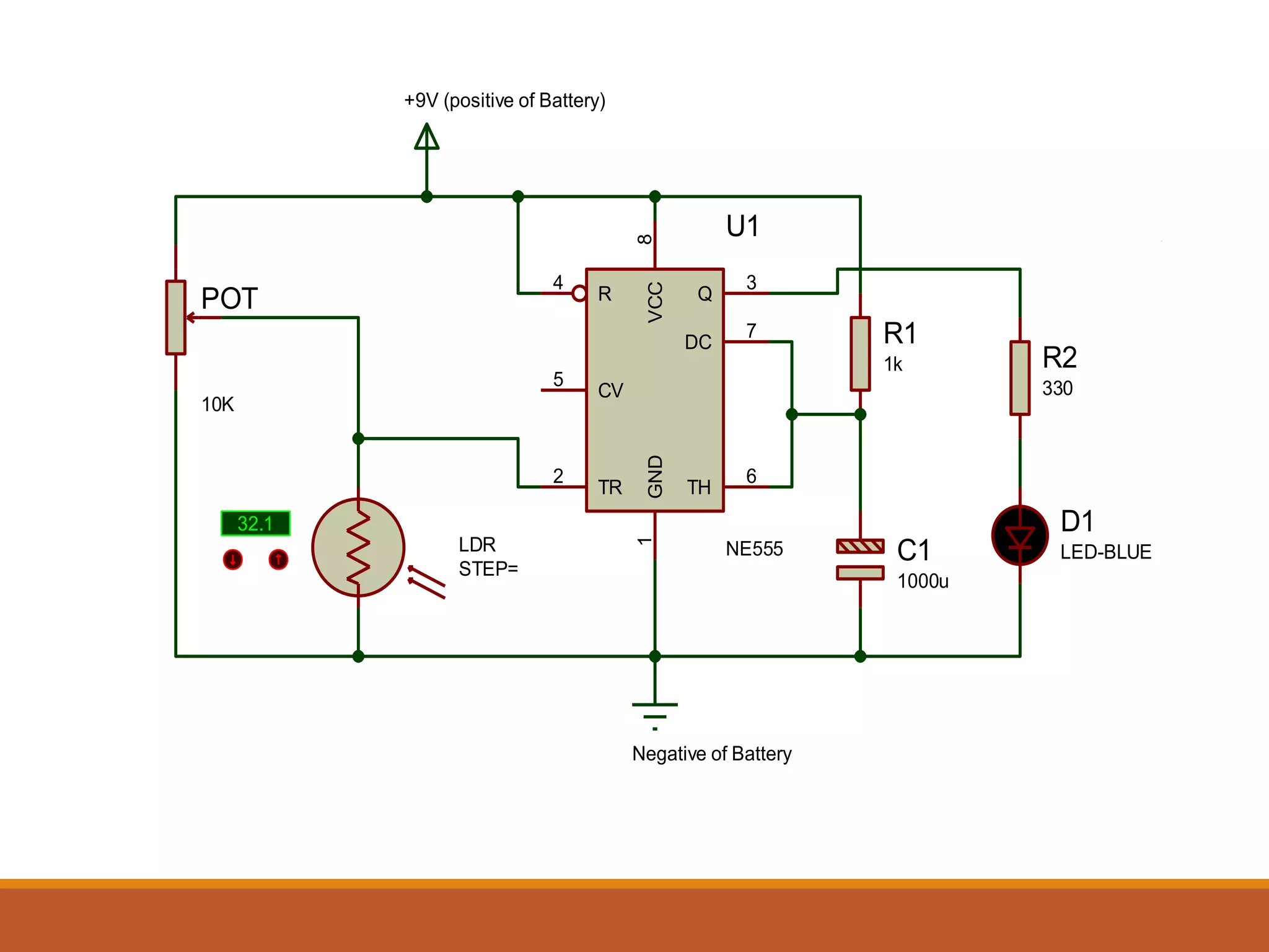 R
4
DC
7
Q
3
GND
1
VCC
8
TR
2
TH
6
CV
5
U1
NE555
R1
1k R2
330
+9V (positive of Battery)
Negative of Battery
32.1
LDR
STEP=
C1
1000u
D1
LED-BLUE
POT
10K
 