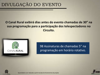 DIVULGAÇÃO DO EVENTO
O Canal Rural exibirá dias antes do evento chamadas de 30” na
sua programação para a participação dos telespectadores no
Circuito.
98 Assinaturas de chamadas 5” na
programação em horário rotativo.
Quantidade a ser reduzida a partir da data de fechamento do projeto
 