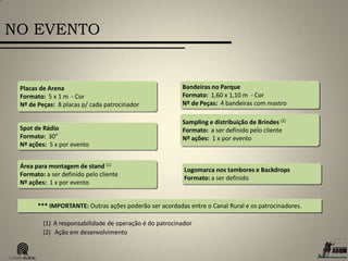 NO EVENTO
Placas de Arena
Formato: 5 x 1 m - Cor
Nº de Peças: 8 placas p/ cada patrocinador
Bandeiras no Parque
Formato: 1,60 x 1,10 m - Cor
Nº de Peças: 4 bandeiras com mastro
Spot de Rádio
Formato: 30”
Nº ações: 5 x por evento
Área para montagem de stand (1)
Formato: a ser definido pelo cliente
Nº ações: 1 x por evento
Sampling e distribuição de Brindes (2)
Formato: a ser definido pelo cliente
Nº ações: 1 x por evento
*** IMPORTANTE: Outras ações poderão ser acordadas entre o Canal Rural e os patrocinadores.
(1) A responsabilidade de operação é do patrocinador
(2) Ação em desenvolvimento
Logomarca nos tambores e Backdrops
Formato: a ser definido
 