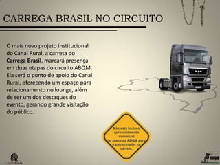 CARREGA BRASIL NO CIRCUITO
Não esta incluso
aproveitamento
comercial
no plano da ABQM para
o patrocinador na
carreta.
O mais novo projeto institucional
do Canal Rural, a carreta do
Carrega Brasil, marcará presença
em duas etapas do circuito ABQM.
Ela será o ponto de apoio do Canal
Rural, oferecendo um espaço para
relacionamento no lounge, além
de ser um dos destaques do
evento, gerando grande visitação
do público.
 