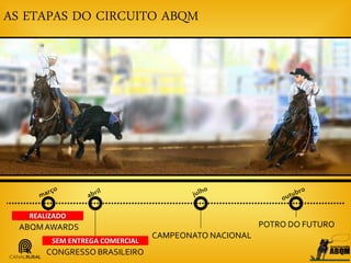 AS ETAPAS DO CIRCUITO ABQM
ABQMAWARDS
CONGRESSO BRASILEIRO
CAMPEONATO NACIONAL
POTRO DO FUTURO
REALIZADO
SEM ENTREGA COMERCIAL
 