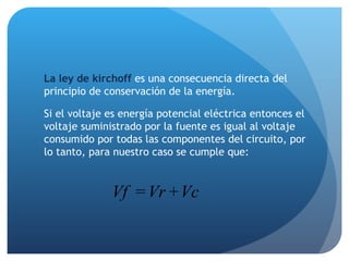La ley de kirchoff   es una consecuencia directa del principio de conservación de la energía. Si el voltaje es energía potencial eléctrica entonces el voltaje suministrado por la fuente es igual al voltaje consumido por todas las componentes del circuito, por lo tanto, para nuestro caso se cumple que: 