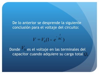 De lo anterior se desprende la siguiente conclusión para el voltaje del circuito: Donde  es  el voltaje en las terminales del capacitor cuando adquiere su carga total  