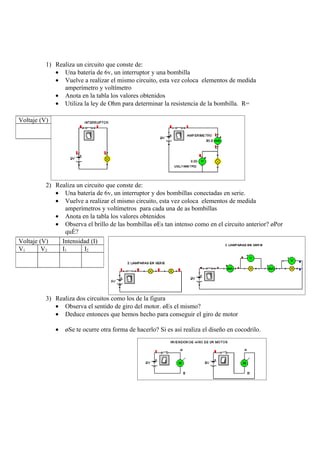 1) Realiza un circuito que conste de:
             • Una batería de 6v, un interruptor y una bombilla
             • Vuelve a realizar el mismo circuito, esta vez coloca elementos de medida
                amperímetro y voltímetro
             • Anota en la tabla los valores obtenidos
             • Utiliza la ley de Ohm para determinar la resistencia de la bombilla. R=     

Voltaje (V) Intensidad (A)
                     




          2) Realiza un circuito que conste de:
             • Una batería de 6v, un interruptor y dos bombillas conectadas en serie.
             • Vuelve a realizar el mismo circuito, esta vez coloca elementos de medida
                amperímetros y voltímetros para cada una de as bombillas
             • Anota en la tabla los valores obtenidos
             • Observa el brillo de las bombillas ¿Es tan intenso como en el circuito anterior? ¿Por
                qué?      
Voltaje (V)    Intensidad (I)
V1       V2    I1       I2
                       




          3) Realiza dos circuitos como los de la figura
             • Observa el sentido de giro del motor. ¿Es el mismo?     
             • Deduce entonces que hemos hecho para conseguir el giro de motor      

             •   ¿Se te ocurre otra forma de hacerlo? Si es así realiza el diseño en cocodrilo.
 