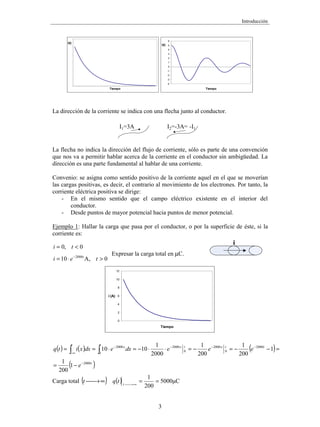 Introducción
3
Tiempo
i(t)
-4
-3
-2
-1
0
1
2
3
4
5
6
Tiempo
i(t)
La dirección de la corriente se indica con una flecha junto al conductor.
I1=3A I2=-3A= -I1
La flecha no indica la dirección del flujo de corriente, sólo es parte de una convención
que nos va a permitir hablar acerca de la corriente en el conductor sin ambigüedad. La
dirección es una parte fundamental al hablar de una corriente.
Convenio: se asigna como sentido positivo de la corriente aquel en el que se moverían
las cargas positivas, es decir, el contrario al movimiento de los electrones. Por tanto, la
corriente eléctrica positiva se dirige:
- En el mismo sentido que el campo eléctrico existente en el interior del
conductor.
- Desde puntos de mayor potencial hacia puntos de menor potencial.
Ejemplo 1: Hallar la carga que pasa por el conductor, o por la superficie de éste, si la
corriente es:
0
,
A
10
0
,
0
2000
>
⋅
=
<
=
−
t
e
i
t
i
t
Expresar la carga total en µC.
i
0
2
4
6
8
10
12
Tiempo
i (A)
( ) ( ) ( )
( )
t
t
t
t
x
t
x
x
t
e
e
e
e
dx
e
dx
x
i
t
q
2000
0
2000
0
2000
0
2000
2000
1
200
1
1
200
1
200
1
2000
1
10
10
−
−
−
−
−
∞
−
−
=
=
−
−
=
−
=
⋅
⋅
−
=
⋅
=
= ³
³
Carga total ( )
∞
→

t ( ) µC
5000
200
1
=
=
∞
→

t
t
q
 