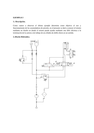 EJEMPLO 3

1.- Descripción.

Como vamos a observar el último ejemplo determina como objetivo el uso y
funcionamiento de los acumuladores de presión, en el presente se dará a conocer al mismo
mediante un diseño en donde el mismo pueda ayudar mediante una falle eléctrica a la
terminación de la carrera o de trabajo de un cilindro de doble efecto en un sentido.

2.-Diseño Hidráulico.
 