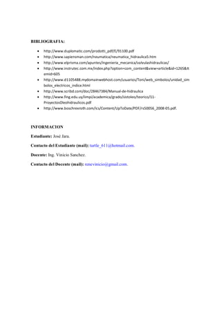 BIBLIOGRAFIA:

   ·   http://www.duplomatic.com/prodotti_pdf/E/91100.pdf
   ·   http://www.sapiensman.com/neumatica/neumatica_hidraulica5.htm
   ·   http://www.elprisma.com/apuntes/ingenieria_mecanica/valvulashidraulicas/
   ·   http://www.instrutec.com.mx/index.php?option=com_content&view=article&id=1265&It
       emid=605
   ·   http://www.d1105488.mydomainwebhost.com/usuarios/Toni/web_simbolos/unidad_sim
       bolos_electricos_indice.html
   ·   http://www.scribd.com/doc/28467384/Manual-de-hidraulica
   ·   http://www.fing.edu.uy/iimpi/academica/grado/sistoleo/teorico/11-
       ProyectosOleohidraulicos.pdf
   ·   http://www.boschrexroth.com/ics/Content/UpToDate/PDF/rs50056_2008-05.pdf.



INFORMACION

Estudiante: José Jara.

Contacto del Estudiante (mail): turtle_611@hotmail.com.

Docente: Ing. Vinicio Sanchez.

Contacto del Docente (mail): renevinicio@gmail.com.
 