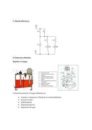3.- Diseño (Eléctrico).




4.-Elementos utilizados.

Depósito o Tanque.




La función natural de un tanque hidráulico es:

       ·   Contener o almacenar el fluido de un sistema hidráulico
       ·   Evacuar el calor
       ·   Sedimentación
       ·   Separación del aire
       ·   Separación del agua
 