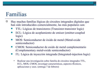 Familias Hay muchas familias lógicas de circuitos integrados digitales que han sido introducidos comercialmente, las más populares son: TTL: Lógicas de transistores (Transistor-transistor logic) ECL: Lógica de acoplamiento de emisor (emitter-coupled logic) MOS: Semiconductor de óxido de metal (Metal-oxide semiconductor) CMOS: Semiconductor de oxido de metal complementario (Complementary metal-oxide semiconductor) I 2 L: Lógica de inyección integrada (Integrated-injection logic) Realizar una investigación sobre familia de circuitos integrados TTL, ECL, MOS, CMOS, investigar características, aspectos técnicos, aplicaciones y usos. (entrega 7 de febrero) 