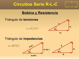 Circuitos Serie R-L-C
                    Bobina y Resistencia
Triángulo de tensiones
                                                        V
                                                                    VL
                      V =  V R ²V L ²             φ

                                                        VR


Triángulo de impedancias

  Z =  R² X L ²                ·I                         Z
                             Z
                          V=
                                                                         XL
                                          VL=XL·I
                                                        φ
                        φ
                                                                R
                            VR=R·I
 