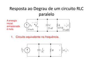 Resposta ao Degrau de um circuito RLC 
paralelo 
A energia 
inicial 
armazenada 
é nula. 
1. Circuito equivalente na frequência. 
 