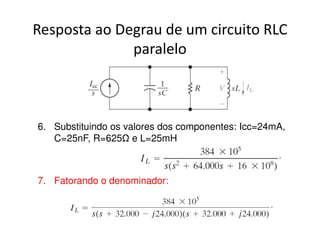 Resposta ao Degrau de um circuito RLC 
paralelo 
6. Substituindo os valores dos componentes: Icc=24mA, 
C=25nF, R=625 e L=25mH 
7. Fatorando o denominador: 
 