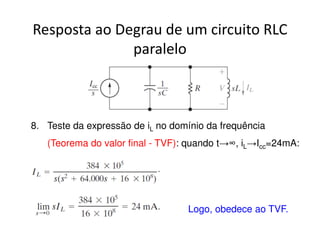 Resposta ao Degrau de um circuito RLC 
paralelo 
8. Teste da expressão de iL no domínio da frequência 
(Teorema do valor final - TVF): quando t→∞, iL 
→Icc=24mA: 
Logo, obedece ao TVF. 
 