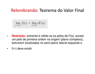 Relembrando: Teorema do Valor Final 
• Restrição: somente é válido se os pólos de F(s), exceto 
um pólo de primeira ordem na origem (plano complexo), 
estiverem localizados no semi-plano lateral esquerdo s. 
• f(∞) deve existir 
 