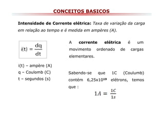 CONCEITOS BASICOS
Intensidade de Corrente elétrica: Taxa de variação da carga
em relação ao tempo e é medida em ampères (A).
A

corrente

movimento

é

elétrica

ordenado

de

um
cargas

elementares.
i(t) – ampère (A)
q – Coulomb (C)

Sabendo-se

t – segundos (s)

contém
que :

que

6,25x1019

1C

(Coulumb)

elétrons,

temos

 