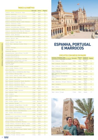 Duração Início Página
Andaluzia - Cáceres - Costa del Sol - Toledo 5 dias Madri 22
Andaluzia - Costa del Sol 5 dias Madri 23
Andaluzia - Costa del Sol - Levante - Barcelona I 9 dias Madri 23
Andaluzia - Costa del Sol - Levante - Barcelona II 9 dias Madri 25
Andaluzia - Costa del Sol - Marrocos 12 dias Madri 30
Andaluzia - Costa del Sol - Marrocos - Levante - Barcelona 16 dias Madri 32
Andaluzia - Costa del Sol - Toledo I 6 dias Madri 24
Andaluzia - Costa del Sol - Toledo II 6 dias Madri 25
Andaluzia - Costa Mediterrânea - Barcelona 8 dias Madri 22
Andaluzia - Costa Mediterrânea - Madri - Coimbra - Fátima 13 dias Lisboa 48
Andaluzia - Costa Mediterrânea - Marrocos - Barcelona 15 dias Madri 30
Andaluzia - Estancia em Costa del Sol - Marrocos 13 dias Madri 32
Andaluzia - Levante - Barcelona 7 dias Madri 20
Andaluzia-Marrocos-CostaMediterrânea-Madri-Portugal 20 dias Lisboa 51
Andaluzia - Marrocos - Madri 15 dias Lisboa 50
Andaluzia - Toledo 4 dias Madri 20
Cáceres - Andaluzia - Toledo - Madri 8 dias Lisboa 47
Cáceres - Madri - Salamanca - Coimbra - Fátima 6 dias Lisboa 46
Cantábrico 5 dias Madri 36
Cantábrico - Rias Bajas 8 dias Madri 36
Cidades Imperiais 8 dias Tanger 29
Costa del Sol - Marrocos 9 dias C. del Sol 28
Escapada Andaluzia - Valência (Ônibus + Trem AVE) 5 dias Madri 21
Escapada a Palma de Mallorca 3 dias Madri 42
Escapada a Palma de Mallorca 3 dias Barcelona 42
Escapada Cáceres - Sevilha (Ônibus + Trem AVE) 3 dias Madri 21
Escapada Córdoba - Sevilha (Ônibus + Trem AVE) 3 dias Madri 21
Escapada Valência - Barcelona - Zaragoza
(Trem AVE + Ônibus)
4 dias Madri 21
Galícia - Portugal 9 dias Madri 37
Galícia - Portugal - Andaluzia 13 dias Madri 38
Galícia - Portugal - Andaluzia - Levante 16 dias Madri 39
Galícia - Rías Bajas 5 dias Madri 37
Lisboa-Andaluzia-Marrocos-CostaMediterrânea-Madri-Portugal 23 dias Lisboa 51
Lisboa - Andaluzia - Marrocos - Madri 18 dias Lisboa 50
Lisboa - Cáceres - Andaluzia - Toledo - Madri 11 dias Lisboa 47
Lisboa - Cáceres - Madri - Salamanca - Coimbra - Fátima 10 dias Lisboa 46
Madri - Andaluzia - Costa del Sol 9 dias Madri 14
Madri - Andaluzia - Costa del Sol - Levante - Barcelona 12 dias Madri 13
Madri - Andaluzia - Costa del Sol - Marrocos 16 dias Madri 15
Madri - Andaluzia - Costa del Sol - Toledo 9 dias Madri 13
Madri - Andaluzia - Costa Mediterrânea - Barcelona 13 dias Madri 14
Madri - Andaluzia - Levante 6 dias Barcelona 42
Madri - Andaluzia - Levante - Barcelona 11 dias Madri 12
Madri - Andaluzia - Toledo 8 dias Madri 12
Madri - Cantábrico 9 dias Madri 17
Madri - Cantábrico - Galícia 12 dias Madri 17
Madri - Galícia 9 dias Madri 18
Madri - Galícia - Portugal 13 dias Madri 19
Madri - Portugal - Andaluzia - Levante 13 dias Barcelona 44
Madri - Salamanca - Portugal 9 dias Madri 16
Madri - Salamanca - Portugal (Ônibus + Trem AVE) 9 dias Barcelona 44
Madri - Salamanca - Portugal - Andaluzia 13 dias Madri 16
Madri - Toledo - Andaluzia - Costa del Sol (Ônibus + Trem AVE) 9 dias Barcelona 43
Madri - Toledo - Andaluzia - Costa Mediterrânea 10 dias Barcelona 43
Madri - Zaragoza - Norte da Espanha 13 dias Lisboa 49
Marrocos 6 dias C. del Sol 28
Norte da Espanha - Galícia (Ônibus + Trem AVE) 9 dias Barcelona 45
Norte da Espanha - Portugal 12 dias Madri 40
Norte da Espanha - Portugal - Andaluzia 16 dias Madri 41
Portugal - Andaluzia - Costa del Sol - Marrocos 16 dias Madri 34
Portugal - Andaluzia - Costa del Sol - Marrocos - Levante 19 dias Madri 35
Portugal-Andaluzia-CostaMediterrânea-Madri-Salamanca 17 dias Lisboa 48
Portugal - Madri - Norte da Espanha 17 dias Lisboa 49
RodadaIbérica(NortedaEspanha-Portugal-Andaluzia-Levante) 19 dias Madri 41
Salamanca - Portugal 5 dias Madri 26
Salamanca - Portugal - Andaluzia 9 dias Madri 26
Salamanca - Portugal - Andaluzia - Levante 12 dias Madri 27
Incluem: Translado, visita
panorâmica e hospedagem em Madri
Duração
Início e
Fim
Saída da
América Página
Madri - Andaluzia - Toledo 8 dias Madri
Segunda-
feira
12
Madri - Andaluzia - Costa del Sol - Toledo 9 dias Madri Domingo 13
Madri - Andaluzia - Costa del Sol 9 dias Madri
Segunda-
feira
14
Madri - Andaluzia - Levante - Barcelona 11 dias Madri
Segunda-
feira
12
Madri - Andaluzia - Costa del Sol -
Levante - Barcelona
12 dias Madri Domingo 13
Madri - Andaluzia - Costa Mediterrânea -
Barcelona
13 dias Madri Sábado 14
Madri - Andaluzia - Costa del Sol -
Marrocos
16 dias Madri Domingo 15
Madri - Salamanca - Portugal 9 dias Madri
Quarta-
feira
16
Madri - Salamanca - Portugal - Andaluzia 13 dias Madri
Quarta-
feira
16
Madri - Cantábrico 9 dias Madri
Quarta-
feira
17
Madri - Galícia 9 dias Madri Sábado 18
Madri - Cantábrico - Galícia 12 dias Madri
Quarta-
feira
17
Madri - Galícia - Portugal 13 dias Madri Sábado 19
10
Espanha,PortugaleMarrocos
CircuitoscominícioemMadri
ÍndiceAlfabético
Espanha, Portugal
e Marrocos
 
