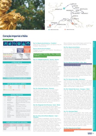 103
EUROPA
SÉRIE TURÍSTICA
ALEMANHA-REP.CHECA-HUNGRIA-ÁUSTRIA-ITÁLIA-FRANÇA-ESPANHA
CoraçãoimperialeItália
Branca (sempre que a meteorologia o permitir). No
horário previsto, retorno ao hotel de Roma.
Dia 15o: (Quarta-feira) Roma
Café da manhã e hospedagem. Durante este dia
realizaremos uma visita panorâmica da cidade,
com guia local, pelos locais de maior interesse da
“Cidade Eterna”. Encerraremos a visita na Praça de
San Pedro, onde assistiremos, sempre que possível,
à Audiência Papal. Tempo livre e, a seguir, terá a
possibilidade de visitar opcionalmente os Museus
Vaticanos, Capela Sistina e Basílica de San Pedro,
incluindo o túmulo do Papa João Paulo II.
Dia 16o: (Quinta-feira) Roma - Pisa - Niza
Café da manhã e fim da viagem, para os participantes
do circuito com fim em Roma. Para o restante dos
participantes, café da manhã e saída em direção a
Pisa. Parada na Praça dos Milagros, para contemplar
o belo conjunto monumental que formam a Catedral,
Batistério e a famosa Torre Inclinada. Continuação a
Niza, capital da Costa Azul. Hospedagem. Sugerimos
desfrutar do ambiente desta cosmopolita cidade, ou
participar de uma excursão opcional a Mônaco, Mon-
tecarlo e seu famoso cassino.
Dia 17o: (Sexta-feira) Niza - Barcelona
Café da manhã e breve trajeto panorâmico da cidade
para continuar em direção à fronteira espanhola,
através de Provença. Chegada a Barcelona. Hospe-
dagem. Sugerimos desfrutar das múltiplas possibili-
dades noturnas que a cidade oferece.
Dia 18o: (Sábado) Barcelona - Zaragoza - Madri
Café da manhã. Pela manhã, visita panorâmica,
com guia local, desta maravilhosa cidade, que tem
sido cenário de diversos eventos mundiais que con-
tribuíram para configurar a cidade e para lhe dar
a projeção internacional da qual goza atualmente.
Percorreremos seus locais mais típicos e pitorescos.
Faremos uma parada fotográfica na Sagrada Família,
obra mestre de Gaudí. Subiremos também a Mon-
tanha de Montjuic, sede protagonista da Exposição
Internacional de 1929 e dos Jogos Olímpicos de Verão
de 1992. Ao concluir a mesma, saída para Zaragoza.
Tempo livre para poder visitar a Basílica de Virgen del
Pilar, Patrona da Hispanidade, e percorrer o seu caso
antigo. À tarde, continuação a Madri. Hospedagem.
Dia 19o: (Domingo) Madri
Café da manhã e hospedagem. Pela manhã, visita
panorâmica da cidade com guia local, que nos intro-
duzirá na história e mostrará os seus monumentos
e contrastes oferecidos pela capital da Espanha,
percorrendo-a pelos seus principais locais de inte-
resse da Velha Madri, com seus modernos edifícios,
passando pelo Estádio Santiago Bernabéu, Praça das
Cibeles, símbolo da cidade, e Gran Vía, para encerrar
na real Praça de Oriente. À tarde, sugerimos uma
visita opcional à imperial cidade de Toledo.
Dia 20o: (Segunda-feira) Madri
Café da manhã e fim da viagem para os participantes
com fim em Madri.
Dia 1o: (Quarta-feira) América - Frankfurt
Saída da sua cidade de origem, com destino final em
Frankfurt. Noite à bordo.
Dia 2o: (Quinta-feira) Frankfurt
Chegada ao aeroporto de Frankfurt. Assistência e
traslado ao hotel.
Dia 3o: Frankfurt - Berlim a 10o - Viena - Salzburg
- Innsbruck. Mesmo itinerário que o circuito Europa
Imperial (página anterior).
Dia 11o: (Sábado) Innsbruck - Verona - Veneza
Café da manhã e saída em direção a Veneza,
onde teremos tempo livre para desfrutar desta
surpreendente cidade medieval mundialmente
famosa pela história de amor entre Romeu e
Julieta. Prosseguiremos a nossa viagem até Veneza.
Hospedagem. A seguir, realizaremos uma visita
panorâmica a pé, com guia local, desta singular
cidade, que nos adentrará no impressionante
espaço monumental da Praça de San Marcos, que
ha séculos é o símbolo histórico da cidade e única
no mundo pelo seu encanto. Napoleão Bonaparte
a definiu como “O Salão mais belo da Europa”.
Também veremos, entre outros, a famosa Ponte
dos Suspiros, um dos cantos mais emblemáticos
e românticos de Veneza. Ao encerrar a visita
realizaremos uma parada em uma fábrica de cristal,
onde poderemos admirar a fabricação do famoso
cristal veneziano e, a seguir, termos a possibilidade
de realizar uma excursão opcional em gôndola.
Dia 12o: (Domingo) Veneza - Florença
Café da manhã e continuação da nossa viagem
até chegar a Florença, capital da Toscana e
cidade ponto alto do Renascimento. Chegada e
hospedagem. A seguir, sairemos para realizar a
visita panorâmica da cidade, com guia local, que nos
adentrará na cidade da Arte. Passearemos pelas
suas ruas e praças, como a de Santa Cruz, Signoria,
República, a famosa Ponte Velha e a Catedral de
Santa María de las Flores, com o seu batistério e
suas importantes portas do Paraíso.
Dia 13o: (Segunda-feira) Florença - Assis - Roma
Café da manhã. Continuação da nossa viagem,
realizando uma breve parada em Assis, para visitar
a Basílica de São Francisco. Chegada a Roma.
Hospedagem. Possibilidade de realizar uma visita
opcional à “Roma Barroca”, onde poderá descobrir
as fontes e praças mais emblemáticas da cidade.
Dia 14o: (Terça-feira) Roma (Nápoles - Capri -
Pompéia)
Café da manhã e hospedagem. Dia livre durante o
qual poderá realizar opcionalmente uma das visitas
mais interessantes da Itália: “Nápoles, Capri e
Pompéia”, uma excursão no dia inteiro, com almoço
incluído, na qual poderemos conhecer Pompéia,
esplêndida e mitológica cidade romana sepultada
pelas cinzas do vulcão Vesúvio. Depois nos
dirigiremos ao porto de Nápoles, para embarcar em
direção à Ilha de Capri, conhecida como “A Pérola
Azul” do Mediterrâneo, visitando a famosa Gruta
SÉRIETURÍSTICA
O PREÇO INCLUI
•		 Seguro de assistência em viagem, incluindo gastos
sanitários até € 100.000.
•		Recebimento em aeroporto e traslado ao hotel.
•		Hospedagem com café da manhã tipo buffet.
•		Serviço de carregadores de mala incluído em
Frankfurt, Berlim, Praga, Budapest e Viena.
•		Guia acompanhante durante toda a viagem.
•		Visita com guia local em Berlim, Praga, Budapest,
Viena, Veneza, Florença, Roma, Barcelona e Madri.
•		Taxas turísticas por estadia em Veneza, Florença,
Roma e Barcelona.
O PREÇO NÃO INCLUI TARIFAS AÉREAS
HOTÉIS PREVISTOS
Noites Cidade Hotel
1 Frankfurt MercureResidenz(TuristaSup.)
2 Berlim Mercure City West (Turista)
2 Praga Barceló (Turista Sup.)
1 Budapest Mercure Metropol (Turista
Sup.)
2 Viena Exe (Turista Sup.)
1 Innsbruck Dollinguer (Turista)
1 Veneza
(Mestre) Albatros (Turista)
1 Florença BB Firenze Centro (Turista)
3 Roma Melia Aurelia Antica (Turis-
ta Sup.)
1 Niza Campanile Apto. (Turista)
1 Barcelona Sagrada Familia (Turista)
2 Madri Convencion (Turista)
Inicio
Fim
Duração
FRANKFURT
roma
16 dias
FRANKFURT
Madri
20 dias
Preços por pessoa dormitório duplo Us dólares
Média temporada........... 1.950 2.445
Alta temporada.............. 2.096 2.629
Compl. dormit. individual. 764 968
Desc. venda antecipada 58 73
novedad 2014
DATAS DE SAÍDA DA AMÉRICA
Maio 28 Ago 6 20
Jun 11 25 Set 3 17
Jul 9 23 Out 1 15
l Média temporada l Alta temporada
COMPLEMENTO NOITE ADICIONAL
Hospedagem e
café da manhã
por pessoa em:
Duplo Triplo Individual
Frankfurt 58 57 102
Roma 90 87 144
Madri 90 87 139
niza
pisa
barcelona
Zaragoza
venecia
frankfurt
florencia
roma
Madri
innsbruck
Cidade de início de circuito. Cidades de fim de circuito
Berlim
DRESDE
praga
viena
SALZBURGO budapest
bratislava
73$
 