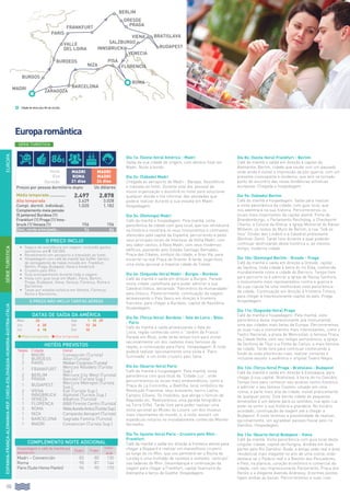 110
EUROPAESPANHA-FRANÇA-ALEMANHA-REP.CHECA-ESLOVÁQUIA-HUNGRIA-ÁUSTRIA-ITÁLIA
Europaromântica
Dia 1o: (Sexta-feira) América - Madri
Saída da sua cidade de origem, com destino final em
Madri. Noite à bordo.
Dia 2o: (Sábado) Madri
Chegada ao aeroporto de Madri - Barajas. Assistência
e traslado ao hotel. Durante este dia, pessoal da
nossa organização o assistirá no hotel para solucionar
qualquer dúvida e lhe informar das atividades que
poderá realizar durante a sua estadia em Madri.
Hospedagem.
Dia 3o: (Domingo) Madri
Café da manhã e hospedagem. Pela manhã, visita
panorâmica da cidade com guia local, que nos introduzirá
na história e mostrará os seus monumentos e contrastes
oferecidos pela capital da Espanha, percorrendo-a pelos
seus principais locais de interesse da Velha Madri, com
seu sabor castiço, à Nova Madri, com seus modernos
edifícios, passando pelo Estádio Santiago Bernabéu,
Praça das Cibeles, símbolo da cidade, e Gran Vía, para
encerrar na real Praça de Oriente. À tarde, sugerimos
uma visita opcional à imperial cidade de Toledo.
Dia 4o: (Segunda-feira) Madri - Burgos - Burdeos
Café da manhã e saída em direção a Burgos. Parada
nesta cidade castelhana para poder admirar a sua
Catedral Gótica, declarada “Patrimônio da Humanidade”
pela Unesco. Posteriormente, continuação da viagem
atravessando o País Vasco em direção à fronteira
francesa, para chegar a Burdeos, capital de Aquitânia.
Hospedagem.
Dia 5o: (Terça-feira): Burdeos - Vale do Loira - Blois
- Paris
Café da manhã e saída atravessando o Vale do
Loira, região conhecida como o “Jardim da França”.
Parada em Blois, onde terão tempo livre para visitar
opcionalmente um dos castelos mais famosos da
região, e continuação para Paris. Hospedagem. À noite
poderá realizar opcionalmente uma visita à “Paris
Iluminada” e um lindo cruzeiro pelo Sena.
Dia 6o: (Quarta-feira) Paris
Café da manhã e hospedagem. Pela manhã, visita
panorâmica com guia local da “Cidade Luz”, onde
percorreremos os locais mais emblemáticos, como a
Praça de La Concordia, a Bastilha, local simbólico da
Revolução Francesa, seus bulevares, bairro Latino,
Campos Elíseos, Os Inválidos, que abriga o túmulo de
Napoleão etc. Realizaremos uma parada fotográfica
na Torre Eiffel. Tarde livre para poder realizar uma
visita opcional ao Museu do Louvre, um dos museus
mais importantes do mundo, e, à noite, assistir um
espetáculo noturno no mundialmente conhecido Moinho
Vermelho.
Dia 7o: (quinta-feira) Paris - Cruzeiro pelo Rhin -
Frankfurt
Café da manhã e saída em direção à fronteira alemã para
chegar a Boppard e realizar um maravilhoso cruzeiro
ao longo do rio Rhin, que nos permitirá ver a Rocha de
Loreley e uma multidão de castelos e vinhedos “verticais”
nas ladeiras do Rhin. Desembarque e continuação da
viagem para chegar a Frankfurt, capital financeira da
Alemanha e berço de Goethe. Hospedagem.
Dia 8o: (Sexta-feira) Frankfurt - Berlim
Café da manhã e saída em direção à capital da
Alemanha, Berlim, cidade que soube unir um passado
onde ainda é visível a impressão da pós-guerra, com um
presente cosmopolita e moderno, que tem se tornado
ponto de encontro das novas tendências artísticas
europeias. Chegada e hospedagem.
Dia 9o: (Sábado) Berlim
Café da manhã e hospedagem. Saída para realizar
a visita panorâmica da cidade, com guia local, que
nos adentrará na sua historia. Percorreremos os
locais mais importantes da capital alemã: Porta de
Brandemburgo, o Parlamento Reichstag, o Checkpoint
Charlie, a Coluna da Vitória, a Igreja Memorial do Káiser
Wilhelm, os restos do Muro de Berlim, a rua “Sob os
tilos” (Under den Linden) e a Catedral protestante
(Berliner Dom). Tarde livre durante a qual poderão
continuar desfrutando desta histórica e, ao mesmo
tempo, moderna cidade.
Dia 10o: (Domingo) Berlim - Dresde - Praga
Café da manhã e saída em direção a Dresde, capital
da Saxônia, linda cidade à beira do rio Elba, conhecida
mundialmente como a cidade do Barroco. Tempo livre
para percorre-la e admirar a Igreja de Nossa Senhora,
o monumento mais representativo contra a guerra e
de cuja cúpula há uma imelhorável vista panorâmica
da cidade. Continuação em direção à fronteira Tcheca,
para chegar à impressionante capital do país, Praga.
Hospedagem.
Dia 11o: (Segunda-feira) Praga
Café da manhã e hospedagem. Pela manhã, vista
panorâmica desta impressionante joia monumental,
uma das cidades mais belas da Europa. Percorreremos
as suas ruas e monumentos mais interessantes, como o
Teatro Nacional, a praza de Wenceslao, a famosa Praça
da Cidade Velha, com seu relógio astronômico, a Igreja
da Senhora de Thyn e a Ponte de Carlos, a mais famosa
da cidade. Tarde livre para continuar conhecendo a
fundo às suas pitorescas ruas, realizar compras e
inclusive assistir o autêntico e original Teatro Negro.
Dia 12o: (Terça-feira) Praga - Bratislava - Budapest
Café da manhã e saída em direção à Eslováquia, para
chegar à sua capital, Bratislava, à beira do rio Danúbio.
Tempo livre para conhecer seu atrativo centro histórico
e admirar o seu famoso Castelo, situado em uma
colina, a parte mais alta da cidade, visível praticamente
de qualquer ponto. Esta bonita cidade de pequenas
dimensões é um deleite para os sentidos; rua após rua
pode-se sentir a sua história e grandeza. No horário
acordado, continuação da viagem até a chegar a
Budapest. À noite teremos a possibilidade de realizar,
opcionalmente, um agradável passeio fluvial pelo rio
Danúbio. Hospedagem.
Dia 13o: (Quarta-feira) Budapest - Viena
Café da manhã. Visita panorâmica com guia local desta
singular cidade, capital da Hungria, dividida em duas
partes pelo Rio Danúbio: Buda, a antiga sede real e área
residencial mais elegante no alto de uma colina, onde
destaca-se o Palácio real e a Bastión dos Pescadores,
e Pest, na planície, coração econômico e comercial da
cidade, com seu impressionante Parlamento, Praça dos
Heróis e a elegante Avenida Andrassy. Enormes pontes
ligam ambas as beiras. Percorreremos a suas ruas
SÉRIE TURÍSTICA
SÉRIETURÍSTICA
O PREÇO INCLUI
•		 Seguro de assistência em viagem, incluindo gastos
sanitários até € 100.000.
•		Recebimento em aeroporto e translado ao hotel.
•		Hospedagem com café da manhã tipo buffet. Serviço
de carregadores de malas incluído em Frankfurt,
Berlim, Praga, Budapest, Viena e Innsbruck
•		Cruzeiro pelo Rhin.
•		Guia acompanhante durante toda a viagem.
•		Visita com guia local em Madri, Paris, Berlim,
Praga, Budapest, Viena, Veneza, Florença, Roma e
Barcelona.
•		Taxas por estadia turística em Veneza, Florença,
Roma e Barcelona..
O PREÇO NÃO INCLUI TARIFAS AÉREAS
Inicio
Fim
Duração
Madri
ROMA
21 dias
Madri
Madri
24 dias
Preços por pessoa dormitório duplo Us dólares
Média temporada............... 2.497 2.878
Alta temporada	 2.629 3.028
Compl. dormit. individual.. 1.020 1.182
Complemento meia pensão
(5 jantares) Burdeos (1)
Frankfurt (1) Praga (1) Inns-
bruck (1) Veneza (1) 156 156
Desc. venda antecipada... 74 86
HOTÉIS PREVISTOS
Noites Cidade Hotel
2 Madri Convención (Turista)
1 Burdeos Alton (Turista)
2 Paris Median Congress (Turista)
1 Frankfurt Mercure Residenz (Turista
Sup.)
2 Berlim Mercure City West (Turista)
2 Praga Barceló (Turista Sup.)
1 Budapest Mercure Metropol (Turista
Sup.)
2 Viena Exe (Turista Sup.)
1 Innsbruck Alphotel (Turista Sup.)
1 Veneza Albatros (Turista)
1 Florença BB Firenze Centro (Turista)
3 Roma MeliaAureliaAntica(TuristaSup.)
1 Niza Campanile Aeroport (Turista)
1 Barcelona Sagrada Familia (Turista)
1 Madri Convencion (Turista Sup.)
COMPLEMENTO NOITE ADICIONAL
Hospedagem e café da manhã por
pessoa em:
Duplo Triplo
Indivi-
dual
Madri - Convención 83 80 130
Roma 90 87 144
Paris (Suite Home Pantin) 94 90 170
DATAS DE SAÍDA DA AMÉRICA
Maio 23 Ago 1 15 29
Jun 6 20 Set 12 26
Jul 4 18 Out 10
l Média temporada l Alta temporada
Cidade de início e/ou fim de circuito.
niza
PISA
barcelona
ZArAGOZA
venecia
frankfurt
Paris
burdeos
VALLE
DEL LOIRA
BURGOS
florencia
roma
Madri
innsbruck
SALZBURGO
Berlim
DrESDE
praga
BRATISLAVAviena
budapest
86$
 