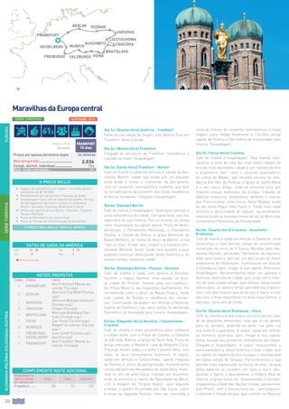 120
EUROPAALEMANHA-POLÔNIA-ESLOVÁQUIA-ÁUSTRIA
MaravilhasdaEuropacentral
Dia 1o: (Quarta-feira) América - Frankfurt
Saída da sua cidade de origem, com destino final em
Frankfurt. Noite à bordo.
Dia 2o: (Quinta-feira) Frankfurt
Chegada ao aeroporto de Frankfurt. Assistência e
traslado ao hotel. Hospedagem.
Dia 3o: (Sexta-feira) Frankfurt - Berlim
Café da manhã e saída em direção à capital da Ale-
manha, Berlim, cidade que soube unir um passado
onde ainda é visível a impressão da pós-guerra,
com um presente cosmopolita e moderno, que tem
se tornado ponto de encontro das novas tendências
artísticas europeias. Chegada e hospedagem.
Dia 4o: (Sábado) Berlim
Café da manhã e hospedagem. Saída para realizar a
visita panorâmica da cidade, com guia local, que nos
adentrará na sua historia. Percorreremos os locais
mais importantes da capital alemã: Porta de Bran-
demburgo, o Parlamento Reichstag, o Checkpoint
Charlie, a Coluna da Vitória, a Igreja Memorial do
Káiser Wilhelm, os restos do Muro de Berlim, a rua
“Sob os tilos” (Under den Linden) e a Catedral pro-
testante (Berliner Dom). Tarde livre durante a qual
poderão continuar desfrutando desta histórica e, ao
mesmo tempo, moderna cidade.
Dia 5o: (Domingo) Berlim - Poznan - Varsóvia
Café da manhã e saída com destino a Varsóvia.
Durante o trajeto faremos uma parada na boni-
ta cidade de Poznan, famosa pela sua espetacu-
lar Praça Maior e seu majestoso Ajuntamento. Foi
reconhecida como o berço da Nação Polaca, tendo
sido capital do Estado e residência dos monar-
cas. Continuação da viagem em direção a Varsóvia,
Capital da Polônia e cujo casco antigo foi declarado
Patrimônio da Humidade pela Unesco. Hospedagem.
Dia 6o: (Segunda-feira) Varsóvia - Czestochowa -
Cracóvia
Café da manhã e visita panorâmica para conhecer
a cidade velha, com a Praça do Castelo, a Catedral
de São João Batista, a Igreja de Santa Ana, Praça do
antigo mercado, a Barbacã, casa de Madame Curie,
Praça do Ghetto judeu e o velho Caminho Real, com
todos os seus monumentos históricos. A seguir,
saída em direção a Czestochowa, capital religiosa
da Polônia e centro de peregrinação, mundialmente
conhecida pelo seu Monastério de Jasna Gora, levan-
tado no alto de uma colina, rodeado por muralhas,
onde se encontra a capela da Natividade de Maria,
com a imagem da “Virgem Negra”, que, segundo
a lenda, o quadro foi pintado por São Lucas, sobre
a mesa da Sagrada Família. Uma vez concluída a
visita do interior do convento, retomaremos a nossa
viagem, para chegar finalmente a Cracóvia, antiga
capital da Polônia e Patrimônio da Humanidade pela
Unesco. Hospedagem.
Dia 7o: (Terça-feira) Cracóvia
Café da manhã e hospedagem. Pela manhã reali-
zaremos a visita de uma das mais belas cidades do
mundo. Esta fascinante cidade é um colosso da arte
e arquitetura, bem como o conjunto arquitetônico
da colina de Wawel, que durante séculos foi resi-
dência dos Reis da Polônia, a Igreja de Santa Maria
e o seu casco antigo, onde se encontra uma das
maiores praças medievais da Europa, rodeada de
edifícios históricos. Visitaremos também o interior
dos Franciscanos, onde oficiou Karol Wojtyla, antes
de ser eleito Papal João Paulo II. Tarde livre, onde
teremos a oportunidade de realizar, opcionalmente,
uma excursão às famosas minas de sal de Wieliczka,
monumento Patrimônio da Humanidade.
Dia 8o: (Quarta-feira) Cracóvia - Auschwitz -
Bratislava
Café da manhã e saída em direção a Oswiecim, onde
visitaremos o mais famoso campo de concentração
construído no início da II Guerra Mundial, pela Ale-
manha Nazista, declarado Patrimônio da Humani-
dade pela Unesco, por ser um dos locais de maior
simbolismo do Holocausto. Continuação em direção
à Eslováquia, para chegar à sua capital, Bratislava.
Hospedagem. Recomendamos fazer um passeio e
desfrutar desta bonita cidade, que conta com o char-
me de uma cidade antiga, que oferece restaurantes
sofisticados, ao mesmo tempo que tabernas tradicio-
nais, com boa música, que vai do jazz à ópera, e tudo
isto com o mais importante rio da Europa Central, o
Danúbio, como tela de fundo.
Dia 9o: (Quinta-feira) Bratislava - Viena
Café da manhã e breve trajeto por esta bonita cida-
de de pequenas dimensões, mas que é um deleite
para os sentidos, podendo-se sentir rua após rua
sua história e grandeza. A seguir, saída em direção
ao território austríaco, para chegar à sua capital,
Viena, situada nos primeiros contrafortes dos Alpes.
Chegada e hospedagem. A seguir realizaremos a
visita panorâmica desta histórica e bela cidade, que
foi capital do Império Austro-húngaro e imortalizada
em belas valsas de Strauss. Percorreremos a sua
avenida mais espetacular na forma de anel, na qual
belos palácios se sucedem um após o outro, des-
tacando a Ópera, o Ajuntamento, o Palácio Real de
Inverno, a Igreja Votiva etc. Atravessando o Danúbio,
chegaremos à Sede das Nações Unidas, passaremos
pelo Prater, com a famosa noria etc., sem esquecer
o enorme e florido parque, que contém os Palácios
SÉRIETURÍSTICA
NOVIDADE 2014
O PREÇO NÃO INCLUI TARIFAS AÉREAS
O PREÇO INCLUI
•		 Seguro de assistência em viagem, incluindo gastos
sanitários até € 100.000.
•		Recebimento em aeroporto e traslado ao hotel.
•		Hospedagem com café da manhã tipo buffet. Serviço
de carregadores de mala incluído em Frankfurt,
Berlim, Varsóvia, Cracóvia, Bratislava e Viena.
•		Visita com guia local em Berlim, Varsóvia, Cracóvia,
Viena e Munique.
•		Visita ao Monastério de Jasna Gora.
•		Visita ao Campo de Concentração de Auschwitz.
HOTÉIS PREVISTOS
Noites Cidade Hotel
1 Frankfurt
Ibis Frankfurt Messe ou
similar (Turista)
2 Berlim
Mercure City West (Turista
sup.)
1 Varsóvia
Mercure Warsaw Centrum
(Turista sup.)
2 Cracóvia Chopin (Turista)
1 Bratislava
Mercure Bratislava Cen-
trum (Turista sup.)
1 Viena Exe Viena (Turista sup.)
2 Munique
Regent ou similar (Turista
sup.)
1 Freiburgo Zum Schiff (Turista sup.)
1 Heidelberg Ibis (Turista)
1 Frankfurt
Ibis Frankfurt Messe ou
similar (Turista)
DATAS DE SAÍDA DA AMÉRICA
Jun 11 25 Set 3 17
Jul 9 Out 1
l Alta temporada
frankfurt
HEIDELBERG
Início e Fim
Duração
FRANKFURT
15 dias
Preços por pessoa dormitório duplo Us dólares
Alta temporada................................. 2.036
Compl. dormit. individual.................. 774
Desc. venda antecipada... 61
Berlim
bratislava
SALZBURGO
Munich
FREIBURGO
AUSCHWITZ
viena
cracovia
CZESTOCHOWA
varsovia
poznan
SÉRIE TURÍSTICA
COMPLEMENTO NOITE ADICIONAL
Hospedagem e
café da manhã
por pessoa em:
Duplo Triplo Individual
Frankfurt........ 58 57 102
61$
 