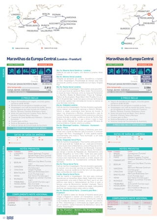 122
EUROPA
SERIE TURÍSTICA
REINOUNIDO-FRANÇA-ALEMANHA-POLÔNIA-ESLOVÁQUIA-ÁUSTRIA
MaravilhasdaEuropaCentral(Londres-Frankfurt) MaravilhasdaEuropaCentral
Dia 1o: (Quarta-feira) América - Londres
Saída do seu país de origem, com destino a Londres. Noite
à bordo.
Dia 2o: (Quinta-feira) Londres
Chegada ao aeroporto de Londres. Assistência e traslado
ao hotel. Hospedagem. Possibilidade de realizar uma visita
opcional de Londres, a City e assistência a um típico “English
Pub”.
Dia 3o: (Sexta-feira) Londres
Café da manhã e hospedagem. Pela manhã, visita panorâmi-
ca com guia local da capital do Reino Unido. Percorreremos
os locais de maior interesse, como as Casas do Parlamento
e o Big-Ben, Abadia de Westminster, Praça de Trafalgar,
Palácio de Buckingham, Royal Albert Hall, Picadilly Circus e
Bairro Knightsbridge. Tarde livre para continuar desfrutando
de uma das capitais mais animadas do mundo ou realizar as
suas famosas compras.
Dia 4o: (Sábado) Londres
Café da manhã e hospedagem. Dia livre durante o qual pode-
remos realizar uma excursão opcional a Oxford e Windsor.
Oxford, a cidade universitária mais famosa do mundo. A
seguir, nos dirigiremos a Windsor, atravessando o vale do
Támesis. Tempo livre e posteriormente visitaremos o famoso
Castelo (entrada incluída), residência oficial da Família Real
Britânica há vários séculos, o que o torna o maior e mais
antigo castelo habitado do mundo, pois guarda 900 anos de
história britânica. À tarde, retorno a Londres.
Dia 5o: (Domingo) Londres - Folkstone - Eurotunel -
Calais - Paris
Café da manhã e saída em direção a Folkstone, para atra-
vessar sob o Canal da Mancha, pelo Eurotúnel, e continuar
a viagem até Paris. Hospedagem. À noite, poderá realizar
opcionalmente uma visita à “Paris iluminada” e um lindo
cruzeiro pelo Sena.
Dia 6o: (Segunda-feira) Paris
Café da manhã e hospedagem. Pela manhã, visita panorâmi-
ca com guia local da “Cidade da Luz”, onde percorreremos
os seus locais mais emblemáticos, como a Praça de La Con-
cordia, a Bastilha, local simbólico da Revolução Francesa,
seus bulevares, bairro Latino, Campos Elíseos, Os Inválidos,
que abriga o túmulo de Napoleão etc. Realizaremos uma
parada fotográfica na Torre Eiffel. Tarde livre para poder
realizar uma visita opcional ao Museu do Louvre, um dos
museus mais importantes do mundo, e, à noite, assistir um
espetáculo noturno no mundialmente conhecido Moinho
Vermelho.
Dia 7o: (Terça-feira) Paris
Café da manhã e hospedagem. Dia livre durante o qual pode-
rá realizar uma excursão opcional ao magnífico Palácio de
Versalhes, local de residência do Rei Sol e um dos palácios
mais conhecidos em nível mundial.
Dia 8o: (Quarta-feira) Paris
Café da manhã e hospedagem. Dia livre para continuar
descobrindo as maravilhas desta cidade. Sugerimos realizar
opcionalmente uma visita à Ópera de Paris, que é um dos
edifícios mais belos e representativos de Paris e subir a
famosa colina de Montmartre, também chamado “Bairro
dos Pintores”, o mais típico e boêmio da cidade, onde poderá
desfrutar de espetaculares vistas sobre a cidade.
Dia 9o: (Quinta-feira) Paris - Cruzeiro pelo Rhin -
Frankfurt
Café da manhã e saída em direção à fronteira alemã para
chegar a Boppard e realizar um maravilhoso cruzeiro ao
longo do rio Rhin, que nos permitirá ver a Rocha de Loreley e
uma multidão de castelos e vinhedos “verticais” nas ladeiras
do Rhin. Desembarque e continuação da viagem para che-
gar a Frankfurt, capital financeira da Alemanha e berço de
Goethe. Hospedagem.
Dia 10o: (Frankfurt - Berlim) a 22o (Frankfurt): Mesmo
itinerário da página anterior, no circuito Maravilhas da
Europa Central, página 120.
SERIETURÍSTICA
SERIE TURÍSTICA
HOTÉIS PREVISTOS
Noites Cidades Hotel
3 Londres Royal National (Turista)
4 Paris Kyriad Porte D’Ivry (Turista)
1 Frankfurt
Mercure Residenz (Turista
sup.)
2 Berlim
Mercure City West (Turista
sup.)
1 Varsóvia
Mercure Warsawa Centrum
(Turista sup.)
2 Cracóvia Chopin (Turista)
1 Bratislava
Mercure Bratislava Cen-
trum (Turista sup.)
1 Viena Exe Viena (Turista sup.)
2 Munique
Regent ou similar (Turista
sup.)
1 Freiburgo Zum Schiff (Turista sup.)
1 Heidelberg Ibis (Turista)
1 Frankfurt
Ibis Frankfurt Messe ou
similar (Turista)
HOTÉIS PREVISTOS
Noites Cidades Hotel
2 Madri Convencion (Turista)
1 Burdeos Alton (Turista)
2 Paris Median Congres (Turista)
1 Frankfurt
Mercure Residenz (Turista
sup.)
2 Berlim
Mercure City West (Turista
sup.)
1 Varsóvia
Mercure Warsaw Centrum
(Turista sup.)
2 Cracóvia Chopin (Turista)
1 Bratislava
Mercure Bratislava Cen-
trum (Turista sup.)
1 Viena Exe Viena (Turista sup.)
2 Munique
Regent ou similar (Turista
sup.)
1 Freiburgo Zum Schiff (Turista sup.)
1 Heidelberg Ibis (Turista)
1 Frankfurt
Ibis Frankfurt Messe ou
similar (Turista)
DATAS DE SAÍDA DA AMÉRICA
Jun 4 18 Ago 27
Jul 2 Set 10 24
l Alta temporada
DATAS DE SAÍDA DA AMÉRICA
Jun 6 20 Ago 29
Jul 4 Set 12 26
l Alta temporada
Início
Fim
Duração
londres
FRANKFURT
22 dias
Preços por pessoa dormitório duplo Us dólares
Alta temporada................................. 2.812
Compl. dormit. individual.................. 1.262
Desc. venda antecipada... 84
Início
Fim
Duração
madrid
FRANKFURT
20 dias
Preços por pessoa dormitório duplo Us dólares
Alta temporada................................. 2.586
Compl. dormit. individual.................. 1.049
Desc. venda antecipada... 77
O PREÇO NÃO INCLUI TARIFAS AÉREAS
O PREÇO INCLUI
•		 Seguro de assistência em viagem, incluindo gastos
sanitários até € 100.000.
•		Recebimento em aeroporto e traslado ao hotel.
•		Hospedagem com café da manhã tipo buffet. Serviço
de carregadores de mala incluído em Frankfurt,
Berlim, Varsóvia, Cracóvia, Bratislava e Viena.
•		Visita com guia local em Londres, Paris, Berlim,
Varsóvia, Cracóvia, Viena e Munique.
•		Travessia do Canal da Mancha Folkeston - Calais por
Eurotúnel.
•		Cruzeiro pelo rio Rhin.
•		Visita ao Monastério de Jasna Gora.
•		Visita ao Campo de Concentração de Auschwitz. O PREÇO NÃO INCLUI TARIFAS AÉREAS
O PREÇO INCLUI
•		 Seguro de assistência em viagem, incluindo gastos
sanitários até € 100.000.
•		Recebimento em aeroporto e traslado ao hotel.
•		Hospedagem com café da manhã tipo buffet. Serviço
de carregadores de mala incluído em Frankfurt,
Berlim, Varsóvia, Cracóvia, Bratislava e Viena.
•		Visita com guia local em Madri, Paris, Berlim,
Varsóvia, Cracóvia, Viena e Munique.
•		Cruzeiro pelo rio Rhin.
•		Visita ao Monastério de Jasna Gora.
•		Visita ao Campo de Concentração de Auschwitz.
frankfurt
londres
HEIDELBERG
parís
berlín
bratislava
SALZBURGO
Munich
FREIBURGO
AUSCHWITZ
viena
cracovia
CZESTOCHOWA
varsovia
poznan
Cidades de Início de circuito. Cidades de Fim de circuito.
frankfurt
madrid
HEIDELBERG
parís
burdeos
burgos
blois
FREIBURGO
Cidades de Início de circuito.
COMPLEMENTO NOITE ADICIONAL
Hospedagem e
café da manhã
por pessoa em:
Duplo Triplo Individual
Londres 90 87 162
Frankfurt 58 57 102
COMPLEMENTO NOITE ADICIONAL
Hospedagem e
café da manhã
por pessoa em:
Duplo Triplo Individual
Madri 83 80 130
Frankfurt 58 57 102
84$ 77$
NOVIDADE 2014 NOVIDADE 2014
 