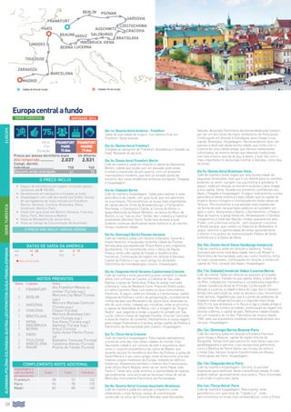 124
EUROPA
SERIE TURÍSTICA
ALEMANHA-POLÔNIA-ESLOVÁQUIA-ÁUSTRIA-Liechtenstein-SUIÇA-FRANÇA-ESPANHA
Europacentralafundo
Dia 1o: (Quarta-feira) América - Frankfurt
Saída da sua cidade de origem, com destino final em
Frankfurt. Noite à bordo.
Dia 2o: (Quinta-feira) Frankfurt
Chegada ao aeroporto de Frankfurt. Assistência e traslado ao
hotel. Restante do dia livre.
Dia 3o: (Sexta-feira) Frankfurt-Berlin
Café da manhã e saída em direção à capital da Alemanha,
Berlim, cidade que soube unir um passado onde ainda
é visível a impressão da pós-guerra, com um presente
cosmopolita e moderno, que tem se tornado ponto de
encontro das novas tendências artísticas europeias. Chegada
e hospedagem.
Dia 4o: (Sábado) Berlin
Café da manhã e hospedagem. Saída para realizar a visita
panorâmica da cidade, com guia local, que nos adentrará
na sua historia. Percorreremos os locais mais importantes
da capital alemã: Porta de Brandemburgo, o Parlamento
Reichstag, o Checkpoint Charlie, a Coluna da Vitória, a
Igreja Memorial do Káiser Wilhelm, os restos do Muro de
Berlim, a rua “Sob os tilos” (Under den Linden) e a Catedral
protestante (Berliner Dom). Tarde livre durante a qual
poderão continuar desfrutando desta histórica e, ao mesmo
tempo, moderna cidade.
Dia 5o: (Domingo) Berlin-Poznan-Varsovia
Café da manhã e saída com destino a Varsóvia. Durante o
trajeto faremos uma parada na bonita cidade de Poznan,
famosa pela sua espetacular Praça Maior e seu majestoso
Ajuntamento. Foi reconhecida como o berço da Nação
Polaca, tendo sido capital do Estado e residência dos
monarcas. Continuação da viagem em direção a Varsóvia,
Capital da Polônia e cujo casco antigo foi declarado
Patrimônio da Humidade pela Unesco. Hospedagem.
Dia 6o: (Segunda-feira) Varsovia-Czestochowa-Cracovia
Café da manhã e visita panorâmica para conhecer a cidade
velha, com a Praça do Castelo, a Catedral de São João
Batista, a Igreja de Santa Ana, Praça do antigo mercado,
a Barbacã, casa de Madame Curie, Praça do Ghetto judeu
e o velho Caminho Real, com todos os seus monumentos
históricos. A seguir, saída em direção a Czestochowa, capital
religiosa da Polônia e centro de peregrinação, mundialmente
conhecida pelo seu Monastério de Jasna Gora, levantado no
alto de uma colina, rodeado por muralhas, onde se encontra
a capela da Natividade de Maria, com a imagem da “Virgem
Negra”, que, segundo a lenda, o quadro foi pintado por São
Lucas, sobre a mesa da Sagrada Família. Uma vez concluída
a visita do interior do convento, retomaremos a nossa viagem,
para chegar finalmente a Cracóvia, antiga capital da Polônia e
Patrimônio da Humanidade pela Unesco. Hospedagem.
Dia 7o: (Terça-feira) Cracovia
Café da manhã e hospedagem. Pela manhã realizaremos
a visita de uma das mais belas cidades do mundo. Esta
fascinante cidade é um colosso da arte e arquitetura, bem
como o conjunto arquitetônico da colina de Wawel, que
durante séculos foi residência dos Reis da Polônia, a Igreja de
Santa Maria e o seu casco antigo, onde se encontra uma das
maiores praças medievais da Europa, rodeada de edifícios
históricos. Visitaremos também o interior dos Franciscanos,
onde oficiou Karol Wojtyla, antes de ser eleito Papal João
Paulo II. Tarde livre, onde teremos a oportunidade de realizar,
opcionalmente, uma excursão às famosas minas de sal de
Wieliczka, monumento Patrimônio da Humanidade.
Dia 8o: (Quarta-feira) Cracovia-Auschwitz-Bratislava
Café da manhã e saída em direção a Oswiecim, onde
visitaremos o mais famoso campo de concentração
construído no início da II Guerra Mundial, pela Alemanha
Nazista, declarado Patrimônio da Humanidade pela Unesco,
por ser um dos locais de maior simbolismo do Holocausto.
Continuação em direção à Eslováquia, para chegar à sua
capital, Bratislava. Hospedagem. Recomendamos fazer um
passeio e desfrutar desta bonita cidade, que conta com o
charme de uma cidade antiga, que oferece restaurantes
sofisticados, ao mesmo tempo que tabernas tradicionais,
com boa música, que vai do jazz à ópera, e tudo isto com o
mais importante rio da Europa Central, o Danúbio, como tela
de fundo.
Dia 9o: (Quinta-feira) Bratislava-Viena
Café da manhã e breve trajeto por esta bonita cidade de
pequenas dimensões, mas que é um deleite para os sentidos,
podendo-se sentir rua após rua sua história e grandeza. A
seguir, saída em direção ao território austríaco, para chegar
à sua capital, Viena, situada nos primeiros contrafortes dos
Alpes. Chegada e hospedagem. A seguir realizaremos a visita
panorâmica desta histórica e bela cidade, que foi capital do
Império Austro-húngaro e imortalizada em belas valsas de
Strauss. Percorreremos a sua avenida mais espetacular
na forma de anel, na qual belos palácios se sucedem um
após o outro, destacando a Ópera, o Ajuntamento, o Palácio
Real de Inverno, a Igreja Votiva etc. Atravessando o Danúbio,
chegaremos à Sede das Nações Unidas, passaremos pelo
Prater, com a famosa noria etc., sem esquecer o enorme
e florido parque, que contém os Palácios do Bellvedere. A
seguir, teremos a oportunidade de visitar opcionalmente
o interior e os jardins do impressionante Palácio de Verão
Schönbrunn e a Ópera de Viena.
Dia 10o: (Sexta-feira) Viena-Salzburgo-Innsbruck
Café da manhã e saída em direção a Salzburg. Tempo
livre para percorrer esta bela cidade, berço de Mozart e
Patrimônio da Humanidade, pelo seu centro histórico, entre
os mais conservados. Continuação em direção a Innsbruck,
capital do Tirol, coração dos Alpes. Hospedagem.
Dia 11o: (Sábado) Innsbruk-Vaduz-Lucerna-Berna
Café da manhã. Saída em direção ao pequeno principado
de Liechtenstein. Parada na sua capital, Vaduz, à beira do
rio Rhin, rodeada por montanhas e coroada pelo magnífico
castelo residência oficial do Príncipe. Continuação em
direção a Lucerna, a cidade à beira do Lago dos 4 Cantões,
tempo livre para visitá-la, onde se destaca o seu monumento
mais famoso: Kapellbrücke, que é a ponte de pedestres de
madeira mais antiga da Europa e a segunda mais longa
(204,70 m), que atravessa o rio Reuss e liga a cidade antiga à
cidade nova. No horário acordado, continuação da viagem em
direção a Berna, a capital do país. Belíssima cidade situada
em um meandro do rio Aar, Patrimônio da Unesco desde
1983, pela sua arquitetura medieval conservada através dos
séculos. Hospedagem.
Dia 12o: (Domingo) Berna-Beaune-Paris
Café da manhã e saída em direção à fronteira francesa
para chegar a Beaune, capital da região vinícola de
Borgonha. Tempo livre para percorrer suas belas ruas com
paralelepípedos e admirar o seu excepcional patrimônio,
como a Basílica de Notre Dame, seu museu do vinho e
o Hotel Dieu, famoso hospício transformado em Museu.
Continuação até Paris. Hospedagem.
Dia 13o: (Segunda-feira) Paris
Café da manhã e hospedagem. Dia livre, à sua total
disposição para desfrutar desta maravilhosa cidade. À noite
poderá realizar opcionalmente uma visita à “Paris Iluminada”
e um lindo cruzeiro pelo Sena.
Dia 14o: (Terça-feira): Paris
Café da manhã e hospedagem. Pela manhã, visita
panorâmica com guia local da “Cidade Luz”, onde
percorreremos os locais mais emblemáticos, como a Praça
SERIETURÍSTICA
HOTÉIS PREVISTOS
Noites Cidades Hotel
1 Frankfurt
Ibis Frankfurt Messe ou
similar (Turista sup.)
2 Berlim
Mercure City West (Turista
sup.)
1 Varsóvia
Mercure Warsaw Centrum
(Turista sup.)
2 Cracóvia Chopin (Turista)
1 Bratislava
Mercure Bratislava Cen-
trum (Turista sup.)
1 Viena Exe Viena (Turista sup.)
1 Innsbruck Alphotel (Turista Sup.)
1 Berna Kreuz (Turista)
3 Paris
Suite Home Pantin (Turis-
ta)
1 Toulouse Balladins Toulouse (Turista)
1 Barcelona Catalonia Atenas (Turista)
2 Madri Puerta de Toledo (Turista)
DATAS DE SAÍDA DA AMÉRICA
Jun 11 25 Set 3 17
Jul 9 Out 1
l Alta temporada
O PREÇO NÃO INCLUI TARIFAS AÉREAS
O PREÇO INCLUI
•		 Seguro de assistência em viagem, incluindo gastos
sanitários até € 100.000.
•		Recebimento em aeroporto e traslado ao hotel.
•		Hospedagem com café da manhã tipo buffet. Serviço
de carregadores de mala incluído em Frankfurt,
Berlim, Varsóvia, Cracóvia, Bratislava, Viena,
Innsbruck, Berna e Paris.
•		Visita com guia local em Berlim, Varsovia, Cracovia,
Viena, Paris, Barcelona e Madrid.
•		Visita ao Monastério de Jasna Gora.
•		Visita ao Campo de Concentração de Auschwitz.
Início
Fim
Duração
frankfurt
paris
15dias
frankfurt
madrid
19dias
Preços por pessoa dormitório duplo Us dólares
Alta temporada.............. 2.037 2.531
Compl. dormit.
individual........................ 758 940
Desconto venda antecipada 61 75
frankfurt
madrid
parís
toulouse
limoges
barcelona
zaragoza
BEAUNE
berlín
bratislava
SALZBURGO
INNSBRUCK
vaduz
berna lucerna
AUSCHWITZ
viena
cracovia
CZESTOCHOWA
varsovia
poznan
Cidades de Início de circuito. Ciudades Fim de circuito.
COMPLEMENTO NOITE ADICIONAL
Hospedagem e
café da manhã
por pessoa em:
Duplo Triplo Individual
Frankfurt 58 57 102
Paris 94 90 170
Madri 83 80 130
75$
NOVIDADE 2014
 