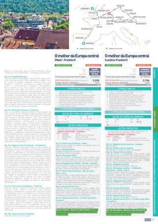 127
EUROPAESPANHA-REINOUNIDO-FRANÇA-ALEMANHA-REP.CHECA-ESLOVÁQUIA-HUNGRIA-ÁUSTRIA
bávaros e considerada, após a II Guerra Mundial, como a
“cidade secreta da Alemanha”. Chegada e hospedagem.
Dia 14o: (Sábado) Munique
Café da manhã e hospedagem. Pela manhã realizaremos
uma visita panorâmica nesta maravilhosa cidade, cheia
de cultura e antigas tradições. Famosa pelos seus
elegantes comércios, cervejarias e alegres festivais,
como o mundialmente conhecido “Oktoberfest”.
Percorreremos o seu casco antigo, onde poderemos
contemplar uma série de lindos edifícios de estilo
barroco e rococó, passando pela Karlsplatz e Karlstor
(Porta de Carlos), que serviu de porta de entrada à cidade
muralhada. Continuaremos pela área de pedestres e
comercial até a Praça de Maria (Marienplatz), presidida
pelo Novo Ajuntamento, com o seu famoso carrillón, e
a Catedral de Nossa Senhora, um dos ícones da cidade,
com suas duas torres de 99 metros de altura. Tarde livre
para compras e desfrutar do bom ambiente de qualquer
das suas famosas e alegres cervejarias.
Dia 15o: (Domingo) Munique - Freiburgo
Café da manhã e saída em direção à bela região da
Selva Negra, assim chamada pela densidade dos seus
bosques e caracterizada pelos seus pequenos povoados
com encanto e valiosas cidades, bem como pela sua
linda paisagem de montanhas cobertas por frondosos
bosques e pradarias, sem esquecer os seus famosos e
simpáticos relógios cuco. Entrando nela, chegaremos
a Lindau, cuja parte antiga se encontra encravada em
uma ilha sobre a costa noroeste do Lago Constança,
fronteira entre a Alemanha, Áustria, Suíça e local de
incomparável beleza. Continuaremos em direção a
Meersburg, rodeada de vinhedos e elevada sobre o lago,
muito visitada pelo seu caráter medieval. Continuaremos
a Freiburgo, uma das cidades mais representativas da
Selva Negra alemã, destacada pelo seu bom nível de
vida, seus vestígios medievais e, em especial, pelo seu
belo entorno. Hospedagem.
Dia 16o: (Segunda-feira) Freiburgo - Heildelberg
Café da manhã e saída para visitar o casco antigo de
Freiburgo, um dos mais belos da Alemanha, franqueado
pelos típicos “canais” ou riachos que correm paralelos às
calçadas e onde Andersen se inspirou para ambientar o
seu famoso conto O soldadinho de chumbo. Ao longo do
nosso passeio desfrutaremos da sua história e cultura e
do excelente ambiente de que goza esta alegre cidade.
Continuação da nossa viagem para continuar desfrutando
desta bela região, atravessando o vale do Kinzig, um dos
locais mais belos da Selva Negra central, para chegar à
linda Gengenbach, eleita como fundo de vários filmes e
que serviu de musa inspiradora para numerosos pintores
e escritores, porque realmente é uma “cidade de conto”.
Tempo livre para admirar e percorrer as suas ruazinhas
e belos cantos. À tarde prosseguiremos a nossa rota
até chegar a Heidelberg, linda cidade universitária e
berço da cultura alemã, cantada por todos os poetas
românticos alemães, situada no vale do rio Neckar,
afluente do Rhin e carregada de beleza e romantismo.
Hospedagem.
Dia 17o: (Terça-feira) Heidelberg - Frankfurt
Café da manhã e trajeto a pé pelo seu célebre centro
histórico, onde, muito no alto das suas estreitas
ruazinhas, levantam-se os majestosos restos do Castelo
de Heidelberg, que foi residência dos principais eleitos
do Palatinado, e a ruína mais famosa da Alemanha,
também sua Universidade, que conta com a biblioteca
mais antiga da Alemanha. A continuação nos dirigiremos
a Frankfurt. Hospedagem e tarde livre para descobrir
esta cidade, berço de Goethe e capital financeira da
Alemanha, conhecida como a “Frankfurter Skyline”, pela
concentração de majestosos arranha-céus no centro da
cidade, que se encontram entre os mais altos edifícios
da Europa.
Dia 18o: (Quarta-feira) Frankfurt
Café da manhã e fim da viagem.
Dia 1o: (Sexta-feira) América - Madri
Saída da sua cidade de origem, com destino final em
Madri. Noite à bordo.
Dia 2o: (Sábado) Madri
Chegada ao aeroporto de Madri - Barajas. Assistência e
traslado ao hotel. Hospedagem.
Dia 3o: (Domingo) Madri
Café da manhã e hospedagem. Pela manhã, visita
panorâmica da cidade com guia local. À tarde, suge-
rimos uma visita opcional à imperial cidade de Toledo.
Dia 4o: (Segunda-feira) Madri - Burgos - Burdeos
Café da manhã e saída em direção a Burgos. Parada
nesta cidade e continuação da viagem para chegar a
Burdeos, capital de Aquitânia. Hospedagem.
Dia 5o: (Terça-feira): Burdeos - Vale do Loira -
Blois - Paris
Café da manhã e saída atravessando o Vale do Loira.
Parada em Blois, onde terão tempo livre para visi-
tar opcionalmente um dos castelos mais famosos da
região, e continuação para Paris. Hospedagem. À noite
poderá realizar opcionalmente uma visita à “Paris Ilu-
minada” e um lindo cruzeiro pelo Sena.
Dia 6o: (Quarta-feira) Paris
Café da manhã e hospedagem. Pela manhã, visita
panorâmica com guia local da “Cidade Luz”. Tarde livre
para poder realizar uma visita opcional ao Museu do
Louvre, e, à noite, assistir um espetáculo noturno no
mundialmente conhecido Moinho Vermelho.
Dia 7o: (Quinta-feira) Paris - Cruzeiro pelo Rhin -
Frankfurt
Café da manhã e saída em direção à fronteira alemã
para chegar a Boppard e realizar um maravilhoso cru-
zeiro ao longo do rio Rhin. Desembarque e continuação
da viagem para chegar a Frankfurt. Hospedagem.
Dia 8o Frankfurt - Berlim ao 20o Frankfurt: Mesmo
itinerário que o circuito O melhor da Europa Central
(pág. anterior).
Dia 1o: (Quarta-feira) América - Londres
Noite à bordo.
Dia 2o: (Quinta-feira) Londres
Assistência e traslado ao hotel. Hospedagem.
Dia 3o: (Sexta-feira) Londres
Café da manhã e hospedagem. Pela manhã, visita
panorâmica com guia local. Percorreremos os locais
de maior interesse, como as Casas do Parlamento e o
Big-Ben, Abadia de Westminster, Praça de Trafalgar,
Palácio de Buckingham, Royal Albert Hall, Picadilly
Circus e Bairro Knightsbridge. Tarde livre.
Dia 4o: (Sábado) Londres
Café da manhã e hospedagem. Dia livre.
Dia 5o: (Domingo) Londres - Folkstone -
Eurotunel - Calais - Paris
Café da manhã e saída em direção a Folkstone, para
atravessar sob o Canal da Mancha, pelo Eurotúnel, e
continuar a viagem até Paris. Hospedagem. À noite,
poderá realizar opcionalmente uma visita à “Paris ilu-
minada” e um lindo cruzeiro pelo Sena.
Dia 6o: (Segunda-feira) Paris
Café da manhã e hospedagem. Pela manhã, visita
panorâmica com guia local da “Cidade da Luz”. Tarde
livre.
Dia 7o: (Terça-feira) Paris
Café da manhã e hospedagem. Dia livre durante o qual
poderá realizar uma excursão opcional ao magnífico
Palácio de Versalhes, local de residência do Rei Sol.
Dia 8o: (Quarta-feira) Paris
Café da manhã e hospedagem. Dia livre.
Dia 9o: (Quinta-feira) Paris - Cruzeiro pelo Rhin
- Frankfurt
Café da manhã e saída em direção à fronteira alemã
para chegar a Boppard e realizar um maravilhoso cru-
zeiro ao longo do rio Rhin. Desembarque e continuação
da viagem para chegar a Frankfurt. Hospedagem.
Dia 10o: (Frankfurt - Berlim) a 22o (Frankfurt):
Mesmo itinerário que o circuito Maravilhas da
Europa Central (pág. anterior).
HOTÉIS PREVISTOS
Os detalhados no circuito O melhor da Europa Cen-
tral, pág. anterior, até Paris, com 2 noites.
Noites e hotéis Madri - Frankfurt:
Noites Cidades Hotel
2 Madri Convencion (Turista)
1 Burdeos Alton (Turista)
2 Paris Median Congres (Turista)
HOTÉIS PREVISTOS
Os detalhados no circuito O melhor da Europa Cen-
tral, pág. anterior, até Paris, com 4 noites.
Noites e hotéis Madri - Frankfurt:
Noites Cidades Hotel
3 Londres Royal National (Turista)
4 Paris Kyriad Porte D’Ivry (Turista)
O PREÇO INCLUI
•		 Seguro de assistência em viagem, incluindo
gastos sanitários até € 100.000.
•		Recebimento em aeroporto e traslado ao hotel.
•		Hospedagem com café da manhã tipo buffet.
Serviço de carregadores de mala incluído em
Frankfurt, Berlim, Praga, Budapest e Viena.
•		Visita com guia local em Madri, Paris, Berlim,
Praga, Budapest, Viena e Munique.
.•		 Cruzeiro pelo rio Rhin.
O PREÇO NÃO INCLUI TARIFAS AÉREAS
O PREÇO INCLUI
•		 Seguro de assistência em viagem, incluindo
gastos sanitários até € 100.000.
•		Recebimento em aeroporto e traslado ao hotel.
•		Hospedagem com café da manhã tipo buffet.
Serviço de carregadores de mala incluído em
Frankfurt, Berlim, Praga, Budapest e Viena.
•		Visita com guia local em Londres, Paris, Berlim,
Praga, Budapest, Viena e Munique.
•		Travessia do Canal da Mancha Folkestone -
Calais pelo Eurotunel.
•		Cruzeiro pelo rio Rhin.
O PREÇO NÃO INCLUI TARIFAS AÉREAS
SERIETURÍSTICA
OmelhordaEuropacentral
(Madri-Frankfurt)
OmelhordaEuropacentral
(Londres-Frankfurt)
SERIE TURÍSTICA SERIE TURÍSTICA
frankfurt
londres
HEIDELBERG
parís
berlín
bratislava
SALZBURGO
burdeos
calais
blois
Madrid
Munich
selva
negra
viena
praga
budapest
burgos
dresde
Cidades de início de circuito Cidades de Fim de circuito.
Início
Fim
Duração
madrI
FRANKFURT
20 dias
Preços por pessoa dormitório duplo Us dólares
Alta temporada................................. 2.550
Compl. dormit. individual.................. 1.016
Desc. venda antecipada... 76
Início
Fim
Duração
londres
FRANKFURT
22 dias
Preços por pessoa dormitório duplo Us dólares
Alta temporada................................. 2.786
Compl. dormit. individual.................. 1.228
Desc. venda antecipada... 83
DATAS DE SAÍDA DA AMÉRICA
Jun 6 20 Ago 29
Jul 4 Set 12 26
l Alta temporada
DATAS DE SAÍDA DA AMÉRICA
Jun 4 18 Ago 27
Jul 2 Set 10 24
l Alta temporada
NOVIDADE 2014 NOVIDADE 2014
 