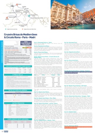 COMBINADOSCIRCUITOCRUZEIRO
130130
CruzeiroBrisasdoMediterrâneo
CircuitoRoma-Paris-Madri
Dia 1o: (Domingo) América - Roma
Saída da sua cidade de origem, com destino final em
Roma. Noite à bordo.
Dia 2o: (Segunda-feira) Roma
Chegada ao aeroporto de Roma. Assistência e traslado ao
hotel. Hospedagem. Durante este dia, pessoal da nossa
organização lhe ajudarão a solucionar qualquer dúvida
e lhe informarão sobre as atividades que poderá realizar
durante a sua estadia em Roma.
Dia 3o: (Terça-feira) Roma
Café da manhã e hospedagem. Dia livre à sua disposição
durante o qual poderá descobrir os encantos desta espe-
tacular cidade.
Dia 4o: (Quarta-feira) Roma - Cruzeiro Brisas del
Mediterrâneo
Café da manhã. Pela manhã realizaremos uma visita
panorâmica da cidade com guia local, para acabar na
Praça de São Pedro, onde assistiremos, sempre que
for possível, a Audiência Papal. Tempo livre para visitar
opcionalmente o túmulo do Papa João Paulo II, os Museus
Vaticanos e a Capela Sistina. No horário acordado, trasla-
do até o porto de Civitavecchia e embarque. Horário limite
de embarque 2 horas antes da saída.
Desfrute do seu cruzeiro Pullmantur: 8 dias nos quais visi-
tará os mais interessantes destinos do Mar Mediterrâneo,
como Florença, Mônaco / Montecarlo, Barcelona, Tunez,
Nápoles e Roma, durante os quais poderá participar das
nossas excursões opcionais com a garantia Pullmantur,
ou percorrer por sua conta estes interessantes destinos,
ou, ainda, permanecer à bordo, relaxar e desfrutar ao som
do mar do nosso atendimento e de um variado progra-
ma de atividades e serviços. Tudo isso sem desfazer as
malas e desfrutando do nosso serviço Tudo Incluído
à bordo.Dia Escala Chegada Saída
Dia 4o - Quarta-feira Civitavecchia Embarque 19:00
Dia 5o - Quinta-feira La Spezia 07:00 20:00
Dia 6o - Sexta-feira Villefranche 07:00 15:00
Dia 7o - Sábado Barcelona 09:00 18:00
Dia 8o - Domingo Navegação Diversão em alto-mar
Dia 9o - Segunda-feiraTunez 07:00 14:00
Dia 10o - Terça-feira Nápoles / Salerno 09:00 19:00
Dia 11o - Quarta-feiraCivitavecchia 08:00 Desembarque
Para obter mais detalhes sobre o seu cruzeiro consulte a
pág. 129.
Dia 11o: (Quarta-feira) Roma
Café da manhã à bordo, desembarque e traslado ao hotel.
Restante do dia livre, durante o qual poderá participar de
alguma das visitas e excursões opcionais organizadas ou
continuar desfrutando, por sua conta, desta maravilhosa
cidade. Hospedagem.
Dia 12o: (Quinta-feira) Roma - Pisa - Milão
Café da manhã e saída em direção a Pisa. Parada na Praça
dos Milagros, para contemplar o belo conjunto monumen-
tal que formam a Catedral, Batistério e a famosa Torre
Inclinada. Continuação a Milão. Hospedagem.
Dia 13o: (Sexta-feira) Milão - Lucerna - Berna
Café da manhã e saída em direção à fronteira suíça. Atra-
vessaremos os Alpes pelo túnel de São Gotardo, um dos
mais longos da Europa, percorreremos belas paragens
naturais, cheias de bosques e lagos. No extremo oeste
do lago dos Quatro Cantões e frente a um impressionante
panorama alpino, levante-se uma das mais belas cidades
suíças, Lucerna, onde disporemos de tempo livre para
descobri-la, com as suas ruas e cantos extremamente
belos, com edifícios enfeitados com excelentes pinturas;
suas praças, fontes e suas belas pontes medievais de
madeira que atravessam o Rio Reuss, entre as quais se
destaca a Kapellbrücke, símbolo principal da cidade. A água
é um elemento chave no encanto da cidade. No horário
acordado, continuação da viagem em direção a Berna, a
capital do país, outra belíssima cidade localizada em um
meandro do Rio Aar, Patrimônio da Unesco desde 1983,
pela sua arquitetura medieval conservada através dos
séculos. Hospedagem.
Dia 14o: (Sábado) Berna - Beaune - Paris
Café da manhã e saída em direção à fronteira francesa
para chegar a Beaune, capital da região vinícola de Bor-
gonha. Tempo livre para percorrer as suas belas ruas de
paralelepípedos e admirar o seu excepcional patrimônio,
como a basílica de Notre Dame, seu Museu do Vinho e o
Hotel Dieu, famoso hospício transformado em Museu. Con-
tinuação até Paris. Hospedagem. À noite poderá realizar,
opcionalmente, uma visita à “Paris Iluminada”, e um lindo
cruzeiro pelo Sena.
Dia 15o: (Domingo) Paris
Café da manhã e hospedagem. Pela manhã, visita panorâ-
mica com guia local da “Cidade Luz”, onde percorreremos
os locais mais emblemáticos. Tarde livre para poder
realizar uma visita opcional ao Museu do Louvre, um dos
museus mais importantes do mundo, e, à noite, assistir um
espetáculo noturno no mundialmente conhecido Moinho
Vermelho.
Dia 16o: (Segunda-feira) Paris
Café da manhã e hospedagem. Dia livre, no qual poderão
visitar opcionalmente a Ópera de Paris, para posteriormen-
te subir à famosa colina de Montmartre, com a beleza da
Basílica do Sagrado Coração ao fundo, situada no alto da
colina, de onde poderá desfrutar de espetaculares vistas
da cidade.
Dia 17o: (Terça-feira) Paris
Café da manhã e hospedagem. Dia livre durante o qual
poderá realizar uma excursão opcional ao magnífico Palá-
cio de Versalhes, local de residência do Rei Sol e um dos
palácios mais conhecidos em nível mundial, não somente
pela sua imponente arquitetura e seus belos jardins, mas
porque constitui uma parte importante da história da
França. Declarado Patrimônio da Humanidade pela Unesco
em 1979.
Dia 18o: (Quarta-feira) Paris - Limoges - Toulouse
Café da manhã e fim da viagem para participantes em
circuito com fim em Paris.
Para o restante, café da manhã e saída em direção ao sul da
França. Atravessando a região de Limousin, chegaremos a
Limoges, cidade célebre pelas suas fábricas de porcelanas.
Disporemos de tempo livre nesta cidade, com uma infinidade
de monumentos e edifícios, como a Catedral de Santo Esté-
vão, o Anfiteatro galo-romano, a Estação dos Beneditinos, o
Mercado Central... Em todos eles a história é a constante de
todos os seus cantos. No horário acordado, prosseguiremos
em direção a Toulouse. Hospedagem.
Dia 19o: (Quinta-feira) Toulouse - Barcelona
Café da manhã e saída em direção ao centro da cidade,
onde disporemos de tempo livre para descobrir esta bela e
animada cidade, também chamada “Ville Rose”, pelo encon-
tro das suas vistosas fachadas de tons rosa e desfrutar da
serenidade dos píeres do rio Garonne e margens do Canal du
Midi (declarado “Patrimônio Mundial da Humanidade”). No
horário acordado, saída em direção a Narbonne e à fronteira
espanhola, para chegar a Barcelona. Hospedagem.
Dia 20o: (Sexta-feira) Barcelona - Zaragoza - Madri
Café da manhã. Pela manhã, visita panorâmica com guia
local nesta maravilhosa cidade, que foi cenário de diversos
eventos mundiais que contribuíram para configurar a cidade
e lhe dar a projeção internacional da qual goza atualmente.
Percorreremos os locais mais típicos e pitorescos. Faremos
uma parada fotográfica na Sagrada Família, obra mestre
de Gaudí. Subiremos também à Montanha de Montjuic,
sede protagonista da Exposição Internacional de 1929, bem
como dos Jogos Olímpicos de Verão de 1992. Ao encerrar
a mesma, saída em direção a Zaragoza. Tempo livre para
poder visitar a Basílica da Virgem del Pilar, Patrona da
Hispanidade, e percorrer o seu casco antigo. À tarde, conti-
nuação a Madri. Hospedagem.
Dia 21o: (Sábado) Madri
Café da manhã e hospedagem. Pela manhã, visita panorâmi-
ca da cidade com guia local, que nos introduzirá na história
e mostrará os seus monumentos e contrastes oferecidos
pela capital da Espanha, percorrendo-a pelos seus principais
locais de interesse da Velha Madri, com seu sabor castiço, à
Nova Madri, com seus modernos edifícios, jardins, Passeio
de La Castellana, Praça de Castilha (Porta da Europa), pas-
sando pelo Estádio Santiago Bernabéu, Praça das Cibeles,
símbolo da cidade, e Gran Vía, para encerrar na real Praça
de Oriente. À tarde, sugerimos uma excursão opcional à
imperial cidade de Toledo.
Dia 21o: (Domingo) Madri
Café da manhã e fim da viagem para participantes em
circuito com fim em Madri.
O PREÇO INCLUI
•		 Seguro de assistência em viagem, incluindo gastos
sanitários até € 100.000.
•		Recebimento em aeroporto de Roma e traslado ao hotel.
•		Hospedagem com café da manhã tipo buffet em todos os
hotéis do circuito.
•		Guia acompanhante durante o circuito terrestre.
•		Visita com guia local em Roma, Paris, Barcelona e Madri.
•		Traslados: em Roma do Hotel ao Porto de Chivitavecchia e
vice-versa no retorno.
•		Cruzeiro de 8 dias / 7 noites, em regime de Tudo Incluído
à bordo, hospedagem em Cabine Interior Garantida.
•		Taxas por Estadia Turística em Roma, Milão e Barcelona.
COMPLEMENTO POR DORMITÓRIO E CABINE INDIVIDUAL
Interior Exterior Ext. Sup.
Início em Roma - Fim Paris
18 dias.................................... 1.119 1.179 1.239
Início em Roma - Fim Madri
22 dias..................................... 1.373 1.433 1.493
HOTÉIS PREVISTOS
Noites Cidade Hotel
2 Roma Hotel Princess (Turista Sup.)
7 Cruzeiro navio Sovereign
1 Roma Hotel Princess (Turista Sup.)
1 Milão Hotel Ibis Centro (Turista)
1 Berna Kreuz / Metropol (Turista)
4 Paris Kyriad Porte D’Ivry (Turista)
1 Toulouse Balladins Toulouse (Turista)
1 Barcelona Catalonia Atenas (Turista)
2 Madri Puerta Toledo (Turista)
DATAS DE SAÍDA DA AMÉRICA
Domingos
Início Roma / 18 ou 22 dias
Maio 11 25 Agosto 17 31
Junho 22
l Média temporada l Alta temporada
COMPLEMENTO NOITE ADICIONAL
Hospedagem e
café da manhã
por pessoa em:
Duplo Triplo Individual
Roma 90 87 144
Paris 90 89 163
Madri 83 80 130
Cidade de início do circuito: Roma
madri
barcelona
Milán
Berna
paris
La Goulette
(Túnez)
toulouse
Cidades de fim de circuito: Madri e Paris
la spezia
(florencia)
Nápoles/Salerno
villefranche
(Mónaco/
Montecarlo)
Civitavecchia
(roma)
Início
Fim
Duração
roma
paris ou madri
18 ou 22 Dias
Preços por pessoa  Us dólares
Dormitório duplo e cabine interior Média Alta
Início em Roma - Fim Paris 18 dias................. 2.499 3.014
Início em Roma - Fim Madri 22 dias................ 2.973 3.489
Compl. cabine exterior garantida............. 120 240
Compl. cabine exterior superior garantida..... 240 419
Taxas e outros encargos........................... 260
Encargos por serviço e administração (a pagar à bordo).... 90
Especialcrianças(compartilhandooquartoecamarotecomdoisadultos,emcamacomple-
mentar):
De6a23meses,Grátis,incluindotaxaseoutrosencargoseencargosporserviçoeadminis-
tração(semdireitoaassentoemônibuseavião;berçoemhotéiscompagamentodireto).
De2a11anos:Descontode50%(nãoaplicávelataxaseoutrosencargoseencargosporserviço
eadministração.
De12a16anos:Descontode35%(nãoaplicávelataxaseoutrosencargosporserviçoe
administração).
3apessoa(compartilhandoquartoecamaroteemcamacomplementar):
Descontode20%(nãoaplicávelataxaseoutrosencargoseencargosporserviçoeadminis-
tração).
 