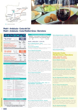 14
Madri-Andaluzia-CostadelSol
Madri-Andaluzia-CostaMediterrânea-Barcelona
Madri - Andaluzia - C. del Sol
Dia 1o: (Sábado) América - Madri
Saída da sua cidade de origem com destino a Madri.
Noite à bordo.
Dia 2o: (Domingo) Madri
Chegada ao aeroporto de Barajas. Assistência e transla-
do ao hotel. Hospedagem. Restante do dia livre.
Dia 3o: (Segunda-feira) Madri
Café da manhã e hospedagem. Pela manhã, visita panorâ-
mica da cidade, percorrendo a Praça de España, Cidade
Universitária, Parque del Oeste, Casa de Campo, Bairro de
la Morería, Praça de Oriente, Plaza Mayor, Puerta del Sol,
Neptuno, Atocha, Puerta de Alcalá, o senhorial Parque del
Retiro, Praça de toros de Las Ventas, Praça de Colón, Paseo
de la Castellana, Estádio Santiago Bernabeu, Praça de La
Cibeles e Gram Via. Tarde livre. Possibilidade de realizar
uma excursão a Toledo.
Dia 4o: (Terça-feira) Madri - Córdoba - Sevilha
Café da manhã. Saída em direção a La Mancha, onde
realizaremos uma parada na típica venda de Dom Quixo-
te. Continuando em direção ao sul, atravessaremos o
impressionante desfiladeiro de Despeñaperros, Puerta
de Andalucía. Nossa próxima parada será em Córdoba,
cujo centro histórico é Patrimônio da Humanidade. Tere-
mos tempo livre e realizaremos a visita à cidade com um
trajeto a pé no Bairro Judeu e da sua famosa Mesquita
(visita interior). À tarde continuaremos em direção a
Sevilha. Hospedagem. À noite teremos tempo livre para
passear por esta bela cidade andaluza.
Dia 5o: (Quarta-feira) Sevilha
Café da manhã e hospedagem. Pela manhã realizaremos
a visita panorâmica da cidade, percorrendo a Universi-
dade, o Parque de María Luisa, a Praça de América, os
Pavilhões da Exposição Universal de 1929 e os Jardins
de Murillo, onde iniciaremos o trajeto a pé pelo Bairro de
Santa Cruz, até chegar à Catedral (visita interior) com a
Giralda, antigo minarete da Mesquita e hoje transforma-
do em campanário. Tarde livre para continuar visitando a
cidade e seus típicos bairros.
Dia 6o: (Quinta-feira) Sevilha - Cádiz - Jerez - La
Línea (Gibraltar) - Costa del Sol
Café da manhã e saída em direção a Cádiz. Conhecida
popularmente como a “xicrinha de prata”, é a capital mais
meridional da Europa. Rodeada pelo mar, é uma “quase”
ilha que, com os seus 3.000 anos de história, presume
ser a mais antiga cidade europeia e também o berço da
primeira Constituição Espanhola, em 1812. Breve trajeto
panorâmico da cidade. Continuaremos em direção a
Jerez, onde visitaremos uma das suas famosas adegas.
A seguir e percorrendo a Rota del Toro chegaremos a
La Línea, cidade fronteiriça com Gibraltar. Tempo livre,
durante o qual teremos a possibilidade de atravessar
a fronteira e adentrar neste peculiar enclave britânico
dentro da Península Ibérica, com o seu famoso Peñón,
espetacular mirante da Costa Africana. No meio da tarde
continuaremos em direção à mundialmente conhecida
Costa do Sol. Jantar e hospedagem.
Dia 7o: (Sexta-feira) Costa del Sol - Granada
Café da manhã e tempo livre neste enclave turístico de
fama mundial. No meio da manhã, saída em direção
a Granada, assentada no colo de Serra Nevada. Visita
ao impressionante conjunto monumental da Alhambra,
declarada Patrimônio da Humanidade, com seus belos
Palácios Nazaris e os lindos Jardins do Generalife. Hos-
pedagem.
Dia 8o: (Sábado) Granada - La Mancha - Madri
Café da manhã. Visita ao impressionante conjunto monu-
mental de Alhambra, declarada Patrimônio da Humanida-
de, com seus belos Palácios Nazaris e os lindos Jardins
de Generalife. Encerrada a visita, adentraremos em terras
manchegas, onde visitaremos uma famosa adega locali-
zada em uma bela paragem natural, tendo a oportunidade
de percorrer a propriedade com seus vinhedos e conhecer
as diferentes variedades da uva, bem como seu processo
de elaboração na adega. Encerraremos a visita com uma
degustação dos seus vinhos, que acompanharão o almoço
incluído, composto de menu com típicos produtos gastro-
nómicos da área. No horário acordado, continuação em
direção a Madri. Hospedagem.
Dia 9o: (Domingo) Madri
Café da manhã. Fim da viagem.
Extensão Costa
Mediterrânea e Barcelona
Madri - Andaluzia - Costa
Mediterrânea - Barcelona
Dia 8o: (Sábado) Granada
Café da manhã e hospedagem. Visita ao impressio-
nante conjunto monumental da Alhambra, declarada
Patrimônio da Humanidade, com seus belos Palácios
Nazaris e os lindos Jardins do Generalife. Tarde
livre, para continuar visitando a cidade e os muitos
atrativos com os quais conta, entre eles o bairro do
Albayzin, também Patrimônio da Humanidade.
Dia 9o (Domingo) Granada - Alicante - Valência
Café da manhã e saída em direção a Alicante. Trajeto
panorâmico desta bela cidade à beira do Mediterrâ-
neo. Sua excepcional localização entre a montanha
e o mar e suas majestosas palmeiras proporcionam
uma beleza singular. Continuaremos em direção a
Valência. Hospedagem.
Dia 10o: (Segunda-feira) Valência - Barcelona
Café da manhã. Tempo livre para percorrer a cidade
mundialmente famosa pelos suas célebres Fallas e
que abriga o moderno conjunto da Cidade das Artes
e Ciências. Continuação em direção a Barcelona.
Hospedagem.
Dia 11o: (Terça-feira) Barcelona
Café da manhã e hospedagem. Pela manhã, visita
panorâmica da cidade, percorrendo a Praça de
España, Montjuic, onde realizaremos uma parada
no mirante para contemplar uma magnífica vista da
cidade e o Porto, Paseo de Colón, com o monumento
a Colón, a área do Porto. A seguir realizaremos um
trajeto da pé pelo Bairro Gótico, visitando a Praça de
San Jaume, o Ajuntamento e a Catedral (visita inte-
rior) para encerrar na Praça de Cataluña. Tarde livre
para poder continuar desfrutando desta moderna e
elegante cidade.
Dia 12o: (Quarta-feira) Barcelona - Zaragoza -
Madri
Café da manhã e saída para Zaragoza. Tempo livre
para poder visitar a Basílica de Virgen del Pilar,
patrona da Hispanidade, e percorrer o seu casco
antigo. À tarde, continuação a Madri. Hospedagem.
Dia 13o: (Quinta-feira) Madri
Café da manhã. Fim da viagem.
Madri - Andaluzia - C.
del Sol - Toledo
Início e fim
Duração
Madri
9 dias
Preços por pessoa dormitório duplo Us dólares
«t» «C»
Baixa temporada 955 1.041
Alta temporada (saídas em julho,
agosto, setembro e outubro) 1.001 1.093
ComplementoS.SantaeFeiradeSevilha
2014(Saídasem12deabrile3demaio) 112 140
Complem.dormit. individual....... 322 414
Desconto venda antecipada............................... 	 20
Madri - Andaluzia
- Costa Mediterrâ-
nea - Barcelona
Início e fim
Duração
Madri
13 dias
Preços por pessoa dormitório duplo Us dólares
«t» «C»
Baixa temporada 1.481 1.580
Alta temporada (saídas em julho,
agosto, setembro e outubro) 1.555 1.667
ComplementoS.SantaeFeiradeSevilha
2014(Saídasem12deabrile3demaio) 112 140
Complem.dormit. individual........... 523 646
Desconto venda antecipada.............................	 30
Hotéis previstos
Noites Cidade Tipo Hotel
2 Madri «T» Puerta de Toledo ***
«C» Convención ****
2 sevilla «T» Don Paco ***
«C» Ayre Sevilla ****
1 C. DEL SOL «T» Las Pirámides ****
«C» Las Pirámides **** (Junior
Suite)
1 Granada «T» Alixares ****
«C» Corona de Granada****
1 Madri «T» Puerta de Toledo ***
«C» Convención ****
Noites e hotéis Extensão Costa Mediterrânea e Barcelona
2 Granada «T» Alixares ****
«C» Corona de Granada ****
1 Valencia «T» Tryp Oceanic ****
«C» AC Valencia ****
2 Barcelona «T» Sagrada Familia ***
«C» Catalonia Berna ****
1 Madri «T» Puerta de Toledo ***
«C» Convención ****
O PREÇO INCLUI
• Seguro de assistência em viagem, incluindo gastos
sanitários até € 100.000.
• Recebimento em aeroporto e translado ao hotel.
• Hospedagem com café da manhã tipo buffet e
serviços de carregadores de malas incluído.
• Guia acompanhante durante todo o circuito.
• Visita com guia local em Madri, Córdoba, Sevilha,
Alhambra de Granada e trajeto panorâmico em Cádiz.
• Visita de uma famosa adega em La Mancha, com
degustação dos seus vinhos e almoço típico incluído.
• 1 jantar em Costa del Sol.
Extensão Costa Mediterrânea e Barcelona:
• Visita com guia local em Madri, Córdoba, Sevilha,
Alhambra de Granada, Barcelona e trajeto panorâmico em
Cádiz e Alicante.
• 1 jantar em Costa del Sol.
• Taxas turísticas por estadia em Barcelona.
Complemento noite adicional
Hospedagem e café da manhã
por pessoa em:
Hotel Puerta de
Toledo
***
Hotel Convención
****
Dormitório duplo 75 81
Dormitório triplo 73 77
Dormitório individual 111 139
Consulte sobre necessidade de Visto para
entrada a Gibraltar (Reino Unido).
Datas de saídas da América
Sábado - O ano inteiro, de 29 de março a 25
de outubro de 2014, e nas seguintes datas:
Fev15 28 Mar15 7 14 21
INÍCIOEMMADRIESPANHA,PORTUGALEMARROCOS
. Cidade de início e fim do circuito: Madri
córdoba
SEvilla
jerez
cádiz
la línea gibraltar
costa del sol
granada
LA MANCHA
Madri
alicante
valencia
zaragoza
barcelona
30$
 