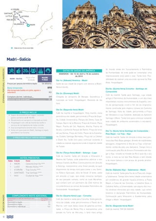 18
ESPANHA,PORTUGALEMARROCOS
Madri-Galícia
Dia 1o: (Sábado) América - Madri
Saída da sua cidade de origem com destino a Madri.
Noite à bordo.
Dia 2o: (Domingo) Madri
Chegada ao aeroporto de Barajas. Assistência e
translado ao hotel. Hospedagem. Restante do dia
livre.
Dia 3o: (Segunda-feira) Madri
Café da manhã e hospedagem. Pela manhã, visita
panorâmica da cidade, percorrendo a Praça de Espa-
ña, Cidade Universitária, Parque del Oeste, Casa de
Campo, Bairro de la Morería, Praça de Oriente, Plaza
Mayor, Puerta del Sol, Neptuno, Atocha, Puerta de
Alcalá, o senhorial Parque del Retiro, Praça de toros
de Las Ventas, Praça de Colón, Paseo de la Castella-
na, Estádio Santiago Bernabeu, Praça de La Cibeles
e Gram Via. Tarde livre para continuar visitando a
cidade ou realizar alguma excursão à imperial cidade
de Toledo.
Dia 4o: (Terça-feira) Madri - Astorga - Lugo
Café da manhã. Saída em direção a Villacastín e
Medina del Campo, onde poderemos admirar o seu
famoso Castelo da Mota. Continuaremos em direção
a Astorga, realizaremos uma breve parada na qual
disporemos de tempo livre para visitar o seu famo-
so Palácio Episcopal, obra de Gaudí. À tarde, saída
em direção a Lugo, que ainda conserva vestígios
do seu passado romano, como as suas Muralhas,
que contam com um perímetro de 2266 metros de
circunferência e as únicas declaradas Patrimônio da
Humanidade. Hospedagem.
Dia 5o: (Quarta-feira) Lugo - Corunha
Café da manhã e saída para Corunha. Visita panorâ-
mica da cidade, onde percorreremos o Paseo de la
Marina, com suas belas casas de galerias acrista-
ladas, a Praça de María Pita e realizaremos uma
parada na Torre de Hércules, o farol mais antigo
do mundo ainda em funcionamento e Patrimônio
da Humanidade, de onde pode-se contemplar uma
impressionante vista sobre o mar. Tarde livre. Pos-
sibilidade de realizar uma excursão opcional às Rías
Altas. Hospedagem.
Dia 6o: (Quinta-feira) Corunha - Santiago de
Compostela
Café da manhã. Saída para Santiago, cuja cidade
antiga é Patrimônio da Humanidade, e um dos mais
importantes núcleos monumentais da Espanha, cen-
tro de peregrinação cristã e fim da via originaria-
mente construída pelo império romano do Caminho
de Santiago. Vista da cidade, percorrendo a Praça
del Obradoiro e sua Catedral, dedicada ao Apóstolo
Santiago o Maior. Tarde livre para continuar visitando
esta cidade de ambiente universitário e estudantil.
Hospedagem.
Dia 7o: (Sexta-feira) Santiago de Compostela -
Rias Bajas - La Toja - Vigo
Café da manhã. Saída em direção à área mais pito-
resca das Rías Bajas galegas. Através de esplêndidas
paisagens, chegaremos à Ilha de La Toja, universal-
mente conhecida pelo seu balneário. Tempo livre e
continuação pela Ría de Arosa e Pontevedra até che-
gar a Vigo, situada na metade da Ria à qual da o seu
nome, a mais ao sul das Rías Baixas e sem dúvida
a de maior beleza e com praias de grande atrativo.
Hospedagem.
Dia 8o: (Sábado) Vigo - Salamanca - Madri
Café da manhã. Saída pela Via de la Plata até chegar
a Salamanca. Tempo livre nesta cidade universitária
por excelência, de grande riqueza artística; a Plaza
Mayor, a Casa de las Conchas, a Catedral Nova, a
Catedral Velha, a Universidade, são alguns dos mui-
tos atrativos oferecidos por esta cidade, cujo centro
histórico é declarado Patrimônio da Humanidade.
Continuação para Villacastín e Guadarrama, para
chegar a Madri. Hospedagem.
Dia 9o: (Segunda-feira) Madri
Café da manhã. Fim da viagem.
O PREÇO INCLUI
•		 Seguro de assistência em viagem, incluindo
gastos sanitários até € 100.000.
•		 Recebimento em aeroporto e translado ao hotel.
•		 Hospedagem com café da manhã tipo buffet e
serviços de carregadores de malas incluído.
•		 Guia acompanhante durante todo o circuito.
•		 Visita com guia local em Madri, Santiago e trajeto
panorâmico na Corunha.
COMPLEMENTO NOITE ADICIONAL
Hospedagem e café da manhã por pes-
soa em:
Hotel Catalonia
Gran Via ****
Dormitório duplo............... 91
Dormitório triplo................ 90
Dormitório individual......... 154
O PREÇO NÃO INCLUI TARIFAS AÉREAS
Madri - Galícia
Início e fim
Duração
MADRI
9 dias
Preços por pessoa dormitório duplo Us dólares
Baixa temporada 898
Alta temporada (saídas em julho, agosto e
setembro) 951
Complem.dormit. individual.... 399
Desconto venda antecipada.............................	 20
HOTÉIS PREVISTOS
Noites Cidade Hotel
3 MADRI Catalonia Gran Via ****
1 LUGO Méndez Núñez ****
1 ACORUÑA Tryp Coruña ****
1 SANTIAGO Tryp Santiago ****
1 VIGO Ciudad de Vigo ****
INÍCIOEMMADRI
DATAS DE SAÍDAS DA AMÉRICA
Sábados - De 12 de abril a 18 de outubro
de 2014
Cidade de início e fim do circuito: Madri.
salamanca
vigola toja
lugo
a coruña
santiago
rías bajas
astorga
MADRI
20$
 