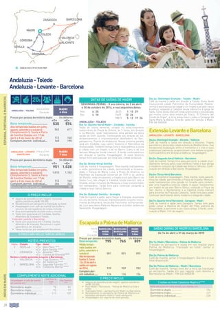 20
ESPANHA,PORTUGALEMARROCOS
Andaluzia-Toledo
Andaluzia-Levante-Barcelona
Andaluzia - Toledo
Início e fim
Duração
MADRI
4 dias
Preços por pessoa dormitório duplo Us dólares
«t» «C»
Baixa temporada..................... 535 574
Alta temporada (saídas em julho,
agosto, setembro e outubro) 563 611
Complemento S. Santa e Feira
de Sevilha (Saídas em 17 de
abril e 8 de maio de 2014) 112 140
Complem.dormit. individual.... 168 190
Andaluzia - Levante
- Barcelona
Início e fim
Duração
MADRI
7 dias
Preços por pessoa dormitório duplo Us dólares
«t» «C»
Baixa temporada..................... 951 1.028
Alta temporada (saídas em julho,
agosto, setembro e outubro) 1.010 1.102
Complemento S. Santa e Feira
de Sevilha (Saídas em 17 de
abril e 8 de maio de 2014) 112 140
Complem.dormit. individual.... 306 353
Desconto venda antecipada.............................	 20
Andaluzia - Toledo
Dia 1o: (Quinta-feira) Madri - Córdoba - Sevilha
Saída do nosso terminal, situado no estacionamento
subterrâneo da Praça de Oriente, às 9 horas, em direção
a La Mancha, onde realizaremos uma parada na típica
venda de Dom Quixote. Continuando em direção ao sul,
atravessaremos o impressionante desfiladeiro de Des-
peñaperros, Puerta de Andalucía. Nossa próxima parada
será em Córdoba, cujo centro histórico é Patrimônio da
Humanidade. Teremos tempo livre e realizaremos a visita
à cidade com um trajeto a pé no Bairro Judeu e da sua
famosa Mesquita (visita interior). À tarde continuaremos
em direção a Sevilha. Hospedagem. À noite teremos
tempo livre para passear por esta bela cidade andaluza.
Dia 2o: (Sexta-feira) Sevilha
Café da manhã e hospedagem. Pela manhã realizaremos
a visita panorâmica da cidade, percorrendo a Universi-
dade, o Parque de María Luisa, a Praça de América, os
Pavilhões da Exposição Universal de 1929 e os Jardins
de Murillo, onde iniciaremos o trajeto a pé pelo Bairro de
Santa Cruz, até chegar à Catedral (visita interior) com a
Giralda, antigo minarete da Mesquita e hoje transformado
em campanário. Tarde livre para continuar visitando a
cidade e seus típicos bairros.
Dia 3o: (Sábado) Sevilha - Granada
Café da manhã e saída, para chegar a Granada, assentada
no colo da Serra. Visita ao impressionante conjunto monu-
mental de Alhambra, declarada Patrimônio da Humanida-
de, com seus belos Palácios Nazaris e os lindos Jardins de
Generalife. Hospedagem.
EscapadaaPalmadeMallorca
Inicio
Fin
Duração
barcelona
MADRI
3 dias
BARCELONA
BARCELONA
3 dias
MADRI
MADRI
3 dias
Preços por pessoa dormitório duplo Us dólares
Baixatemporada. 795 765 809
Médiatempo-
rada(saídasem
julho,setembroe
outubro) 881 851 895
Altatemporada
(saídasS.Santa
13a20deabrile
saídasemagosto
de2014) 939 909 953
Complem.dor-
mit.individual....... 126 126 126
5%descuentoalatercerapersonaenDormitórioduplo.O PREÇO INCLUI
•	 Seguro de assistência de viagem, gastos sanitários
até € 100.000.
•	 Voos Madri / Barcelona - Palma de Mallorca (ida e
volta).
•	 Translado Hotel - aeroporto em Madri ou Barcelona.
•	 Recebimento no aeroporto de Palma de Mallorca e
traslados aeroporto-hotel e hotel-aeroporto.
•	 Hospedagem em regime de meia pensão.
Dia 1o: Madri / Barcelona - Palma de Mallorca
Traslado ao aeroporto e saída em voo regular para
Palma de Mallorca. Translado ao hotel. Jantar e
hospedagem.
Dia 2o: Palma de Mallorca
Café da manhã, jantar e hospedagem. Dia livre à sua
total disposição.
Dia 3o: Palma de Mallorca - Madri / Barcelona
Café da manhã. Tempo livre até a hora da translado
ao aeroporto. Saída em voo regular com destino a
Barcelona ou Madri. Fim da viagem.
2 noites no Hotel Catalonia Majórica****
Noite adicional em meia pensão, por pessoa, em:
Dormitório duplo............... 126
Dormitório triplo................ 119
Dormitório individual......... 238
Dia 4o: (Domingo) Granada - Toledo - Madri
Café da manhã e saída em direção a Toledo. Visita desta
monumental cidade Patrimônio da Humanidade. Realiza-
remos a panorâmica da cidade e um trajeto a pé pelo casco
histórico, visitando a Catedral (visita interior) e a Igreja de
Santo Tomé (visita interior), onde se encontra a considerada
por muitos como obra mestre do Greco, “El Entierro del
Conde de Orgaz”, e já no antigo bairro judeu a Sinagoga de
Santa María la Blanca. À tarde, saída em direção a Madri.
Fim da viagem.
ExtensãoLevanteeBarcelona
Andaluzia-Levante-Barcelona
Dia 4o: (Domingo) Granada - Alicante - Valência
Café da manhã e saída em direção a Alicante. Trajeto
panorâmico desta bela cidade à beira do Mediterrâneo. Sua
excepcional localização entre a montanha e o mar e suas
majestosas palmeiras proporcionam uma beleza singular.
Continuaremos em direção a Valência. Hospedagem.
Dia 5o: (Segunda-feira) Valência - Barcelona
Café da manhã. Tempo livre para percorrer a cidade mun-
dialmente famosa pelos suas célebres Fallas e que abriga
o moderno conjunto da Cidade das Artes e Ciências. Conti-
nuação em direção a Barcelona. Hospedagem.
Dia 6o: (Terça-feira) Barcelona
Café da manhã e hospedagem. Pela manhã, visita panorâ-
mica da cidade, percorrendo a Praça de España, Montjuic,
onde realizaremos uma parada no mirante para contem-
plar uma magnífica vista da cidade. A seguir realizaremos
um trajeto da pé pelo Bairro Gótico, visitando a Praça de
San Jaume, o Ajuntamento e a Catedral (visita interior)
para encerrar na Praça de Cataluña. Tarde livre para poder
continuar desfrutando desta moderna e elegante cidade.
Dia 7o: (Quarta-feira) Barcelona - Zaragoza - Madri
Café da manhã e saída para Zaragoza. Tempo livre para
poder visitar a Basílica de Virgen del Pilar, patrona da
Hispanidade, e percorrer o seu casco antigo. À tarde, conti-
nuação a Madri. Fim da viagem.
HOTÉIS PREVISTOS
Noites Cidade Tipo Hotel
2 sevilla «T» Don Paco ***
«C» Ayre Sevilla ****
1 Granada «T» Alixares ****
«C» Corona de Granada****
Noites e hotéis extensão Levante e Barcelona:
1 valencia «T» Tryp Oceanic ****
«C» AC Valência ****
2 Barcelona «T» Sagrada Familia ***
«C» Catalonia Berna ****
O PREÇO INCLUI
•		 Seguro de assistência em viagem, incluindo
gastos sanitários até € 100.000.
•		 Recebimento em aeroporto e translado ao hotel.
•		 Hospedagem com café da manhã tipo buffet e
serviços de carregadores de malas incluído.
•		 Guia acompanhante durante todo o circuito.
•		 Visita com guia local em Córdoba, Sevilha,
Alhambra de Granada e Toledo.
Extensão Levante e Barcelona:
•		 Visita com guia local em Córdoba, Sevilha,
Alhambra de Granada, Barcelona e trajeto
panorâmico em Alicante.
•		 Taxas turísticas por estadia em Barcelona.
COMPLEMENTO NOITE ADICIONAL
Hospedagem e café da manhã
por pessoa em:
Hotel Puerta de
Toledo
***
Hotel Convención
****
Dormitório duplo............... 75 81
Dormitório triplo................ 73 77
Dormitório individual......... 111 139
O PREÇO NÃO INCLUI TARIFAS AÉREAS
INÍCIOEMMADRI
DATAS DE SAÍDAS DE MADRI
Segundas-feiras - O ano inteiro, de 3 de abril
a 30 de outubro de 2014, e nas seguintes datas:
Nov 6 20 Jan15 1 15 29
Dez 4 18 Fev15 12 26
Mar15 5 12 19 26
SaídasdiáriasdeMadriouBarcelona
De 1o de abril a 31 de março de 2015
ZARAGOZA BARCELONA
VALENCIA
ALICANTE
sevilla
granada
MADRI
córdoba
toledo
Cidade de início e fim do circuito: Madri
20$
 
