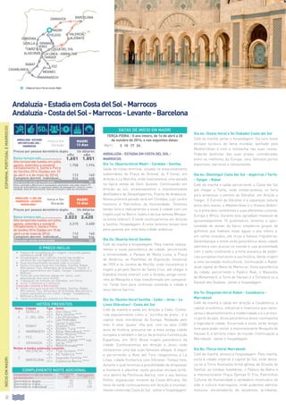 32
ESPANHA,PORTUGALEMARROCOS
Andaluzia - Estadia em Costa del Sol -
Marrocos
Dia 1o: (Quarta-feira) Madri - Córdoba - Sevilha
Saída do nosso terminal, situado no estacionamento
subterrâneo da Praça de Oriente, às 9 horas, em
direção a La Mancha, onde realizaremos uma parada
na típica venda de Dom Quixote. Continuando em
direção ao sul, atravessaremos o impressionante
desfiladeiro de Despeñaperros, Puerta de Andalucía.
Nossa próxima parada será em Córdoba, cujo centro
histórico é Patrimônio da Humanidade. Teremos
tempo livre e realizaremos a visita à cidade com um
trajeto a pé no Bairro Judeu e da sua famosa Mesqui-
ta (visita interior). À tarde continuaremos em direção
a Sevilha. Hospedagem. À noite teremos tempo livre
para passear por esta bela cidade andaluza.
Dia 2o: (Quarta-feira) Sevilha
Café da manhã e hospedagem. Pela manhã realiza-
remos a visita panorâmica da cidade, percorrendo
a Universidade, o Parque de María Luisa, a Praça
de América, os Pavilhões da Exposição Universal
de 1929 e os Jardins de Murillo, onde iniciaremos o
trajeto a pé pelo Bairro de Santa Cruz, até chegar à
Catedral (visita interior) com a Giralda, antigo mina-
rete da Mesquita e hoje transformado em campaná-
rio. Tarde livre para continuar visitando a cidade e
seus típicos bairros.
Dia 3o: (Quinta-feira) Sevilha - Cádiz - Jerez - La
Línea (Gibraltar) - Costa del Sol
Café da manhã e saída em direção a Cádiz. Conhe-
cida popularmente como a “xicrinha de prata”, é a
capital mais meridional da Europa. Rodeada pelo
mar, é uma “quase” ilha que, com os seus 3.000
anos de história, presume ser a mais antiga cidade
europeia e também o berço da primeira Constituição
Espanhola, em 1812. Breve trajeto panorâmico da
cidade. Continuaremos em direção a Jerez, onde
visitaremos uma das suas famosas adegas. A seguir
e percorrendo a Rota del Toro chegaremos a La
Línea, cidade fronteiriça com Gibraltar. Tempo livre,
durante o qual teremos a possibilidade de atravessar
a fronteira e adentrar neste peculiar enclave britâ-
nico dentro da Península Ibérica, com o seu famoso
Peñón, espetacular mirante da Costa Africana. No
meio da tarde continuaremos em direção à mundial-
mente conhecida Costa do Sol. Jantar e hospedagem.
Dia 4o: (Sexta-feira) e 5o (Sábado) Costa del Sol
Café da manhã, jantar e hospedagem. Dia livre neste
enclave turístico de fama mundial, banhado pelo
Mediterrâneo e com a montanha nas suas costas.
Poderão desfrutar das suas praias, consideradas
entre as melhores da Europa, seus famosos portos
esportivos, barracas e restaurantes.
Dia 6o: (Domingo) Costa del Sol - Algeciras / Tarifa
- Tanger - Rabat
Café da manhã e saída percorrendo a Costa del Sol
até chegar a Tarifa, onde embarcaremos no ferry
para atravessar o estreito de Gibraltar, em direção a
Tanger. O Estreito de Gibraltar é a separação natural
entre dois mares, o Mediterrâneo e o Oceano Atlânti-
co, e entre dois continentes e suas diferentes culturas,
Europa e África. Durante esta agradável travessia de
aproximadamente 15 quilômetros, teremos a opor-
tunidade de divisar do barco simpáticos grupos de
golfinhos que habitam estas águas o ano inteiro e,
em certas ocasiões, até orcas e baleias migratórias.
Desembarque e breve visita panorâmica desta cidade
labiríntica com poucas no mundo e cuja proximidade
com o velho continente e a forte presença de potên-
cias europeias marcaram a sua história, dando origem
a uma sociedade multicultural. Continuação a Rabat,
atual capital do Reino de Marrocos. Visita panorâmica
da cidade, percorrendo o Palácio Real, o Mausoléu
de Mohamed V, a Torre de Hassan e a Fortaleza ou a
Kasbah des Oudaias. Jantar e hospedagem.
Dia 7o: (Segunda-feira) Rabat - Casablanca -
Marrakesh
Café da manhã e saída em direção a Casablanca, a
capital econômica, industrial e financeira que repre-
senta o desenvolvimento e modernidade e é o primei-
ro porto do país. Visita panorâmica desta cosmopolita
e legendaria cidade. Encerrada a visita, terão tempo
livre para poder visitar a impressionante Mesquita de
Hassan II, a terceira maior do mundo. Continuação a
Marrakesh. Jantar e hospedagem.
Dia 8o: (Terça-feira) Marrakesh
Café da manhã, almoço e hospedagem. Pela manhã,
visita à cidade imperial e capital do Sul, onde desta-
ca-se a Torre Koutoubia (irmã gêmea da Giralda de
Sevilla), as tumbas Saadianas, o Palácio da Bahia e
a impressionante Praça Djemaa El Fna, Patrimônio
Cultural da Humanidade e verdadeiro mostruário da
vida e cultura marroquina, onde podemos admirar
músicos, encantadores de serpentes, acróbatas,
Andaluzia-Estadia
emCostadelSol-
Marrocos
Início e fim
Duração
MADRI
13 dias
Preços por pessoa dormitório duplo Us dólares
«t» «C»
Baixa temporada..................... 1.651 1.851
Alta temporada (saídas em julho,
agosto, setembro e outubro) 1.758 1.976
Complemento S. Santa e Feira
de Sevilha 2014 (Saídas em 15
de abril e 6 de maio de 2014) 112 140
Complem.dormit. individual.... 516 608
Desconto venda antecipada............................. 	 50
Para a entrada a Marrocos é necessário comunicar com pelo menos 72
horas de antecedência os seguintes dados do passaporte: número, nacio-
nalidade, data de nascimento, data de emissão e data de vencimento.
Andaluzia-C.delSol
-Marrocos-Levante-
BarcelonaI
Início e fim
Duração
MADRI
16 dias
Preços por pessoa dormitório duplo Us dólares
«t» «C»
Baixa temporada..................... 2.023 2.420
Alta temporada (saídas em julho,
agosto, setembro e outubro) 2.215 2.650
Complemento S. Santa e Feira
de Sevilha 2014 (Saídas em 15 de
abril e 6 de maio de 2014) 112 140
Complem.dormit. individual.... 765 936
Desconto venda antecipada............................. 	 50
HOTÉIS PREVISTOS
Noites Cidade Tipo Hotel
2 SEVILLA «T» Don Paco ***
«C» Ayre Sevilla ****
4 c. del sol «T» Las Pirámides ****
«C» Las Pirámides
(Junior Suite) ****
1 RABAT «T» Chellah ****
«C» Golden Tulip *****
2 MARRAKECH «T» Altas Marrakech ****
«C» Altas Medina *****
2 FEZ «T» Menzeh Fes ****
«C» Menzeh Zalagh **** sup.
1 granada «T» Saray ****
«C» Meliá Granada****
Noites e hotéis extensão Levante:
1 Valencia «T» Tryp Oceanic ****
«C» AC Valência ****
2
Barcelona
«T» Sagrada Familia ***
«C» Catalonia Berna ****
O PREÇO INCLUI
•		 Seguro de assistência em viagem, incluindo gastos
sanitários até € 100.000.
•		Hospedagem com café da manhã tipo buffet e
serviços de carregadores de malas incluído.
•		Guia acompanhante durante todo o circuito.
•		Visita com guia local em Córdoba, Sevilha, Rabat,
Marrakesh, Fez, Alhambra de Granada e Toledo. E
trajeto panorâmico em Cádiz, Tanger, Casablanca e
Meknes.
•		Visita de uma famosa adega em Jerez, com
degustação dos seus vinhos.
•		Travessias do estreito de Gibraltar, em Ferry.
•		Inclui 7 jantares e 2 almoços.
Extensão Levante e Barcelona:
•		Visita com guia local em Córdoba, Sevilha, Rabat,
Marrakesh, Fez, Alhambra de Granada, Barcelona e
trajeto panorâmico em Cádiz, Tanger, Casablanca,
Meknes e Alicante.
•		Taxas turísticas por estadia em Barcelona.
COMPLEMENTO NOITE ADICIONAL
Hospedagem e café da manhã
por pessoa em:
Hotel Puerta de
Toledo
***
Hotel Convención
****
Dormitório duplo............... 75 81
Dormitório triplo................ 73 77
Dormitório individual......... 111 139
INÍCIOEMMADRI
Andaluzia-EstadiaemCostadelSol-Marrocos
Andaluzia-CostadelSol-Marrocos-Levante-Barcelona
DATAS DE INÍCIO EM MADRI
Terça-feira - O ano inteiro, de 1o de abril a 28
de outubro de 2014, e nas seguintes datas:
Mar15 3 10 17 24
casablanca
marrakech
costA del sol
GRANADA
CADIZ
JEREZ
algeciras
SEVILLA
CÓRDOBA
TOLEDO
MADRI
tanger
rabat
meknes
fez
ZARAGOZA BARCELONA
VALENCIA
ALICANTE
LA LÍNEA - GIBRALTAR
Cidade de início e fim do circuito: Madri.
50$ 9
 