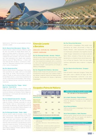 33
Dia 15o: (Terça-feira) Barcelona
Café da manhã e hospedagem. Pela manhã, visita
panorâmica da cidade, percorrendo a Praça de
España, Montjuic, onde realizaremos uma parada
no mirante para contemplar uma magnífica vista da
cidade. A seguir realizaremos um trajeto da pé pelo
Bairro Gótico, visitando a Praça de San Jaume, o
Ajuntamento e a Catedral (visita interior) para ence-
rrar na Praça de Cataluña. Tarde livre para poder
continuar desfrutando desta moderna e elegante
cidade.
Dia 16o: (Quarta-feira) Barcelona - Zaragoza -
Madri
Café da manhã e saída para Zaragoza. Tempo livre
para poder visitar a Basílica de Virgen del Pilar,
patrona da Hispanidade, e percorrer o seu casco
antigo. À tarde, continuação a Madri. Fim da viagem.
5% de desconto para a terceira pessoa em
dormitório duplo.
ESPANHA,PORTUGALEMARROCOS
EscapadaaPalmadeMallorca
Inicio
Fin
Duração
barcelona
MADRI
3 dias
BARCELONA
BARCELONA
3 dias
MADRI
MADRI
3 dias
Preços por pessoa dormitório duplo Us dólares
Baixatemporada. 795 765 809
Média temporada
(saídas em julho,
setembro e outubro) 881 851 895
Alta temporada
(saídas S. Santa
13 a 20 de abril e
saídas em agosto
de 2014) 939 909 953
Complem.dormit.
individual....................... 126 126 126
5%dedescontoparaaterceirapessoaemdormitórioduplo.
O PREÇO INCLUI
•		 Seguro de assistência de viagem, gastos sanitários
até € 100.000.
•		Voos Madri / Barcelona - Palma de Mallorca (ida e
volta).
•		Translado Hotel - aeroporto em Madri ou Barcelona.
•		Recebimento no aeroporto de Palma de Mallorca e
traslados aeroporto-hotel e hotel-aeroporto.
•		Hospedagem em regime de meia pensão.
Dia 1o: Madri / Barcelona - Palma de Mallorca
Translado ao aeroporto e saída em voo regular para
Palma de Mallorca. Translado ao hotel. Jantar e
hospedagem.
Dia 2o: Palma de Mallorca
Café da manhã, jantar e hospedagem. Dia livre à sua
total disposição.
Dia 3o: Palma de Mallorca - Madri / Barcelona
Café da manhã. Tempo livre até a hora da translado
ao aeroporto. Saída em voo regular com destino a
Barcelona ou Madri. Fim da viagem.
2 noites no Hotel Catalonia Majórica****
Noite adicional em meia pensão, por pessoa, em:
Dormitório duplo............... 126
Dormitório triplo................ 119
Dormitório individual......... 238
bailarinos etc. Tarde livre na qual poderão continuar
visitando a cidade.
Dia 9o: (Quarta-feira) Marrakesh - Meknes - Fez
Café da manhã e saída em direção a Meknes, capital
do reino nos tempos do Sultão Muley Ismail, fun-
dador da dinastia alauita e Patrimônio Cultural da
Humanidade. Construiu uma impressionante cidade
rodeada de altas muralhas, com portas monumen-
tais. Vista panorâmica da cidade onde podemos
admirar a porta de “Báb al Mansour”, a maior e das
mais belas do Norte da África, os Graneros e Caba-
llerizas e o Mausoléu de Moulay Ismail. Continuação
a Fez. Jantar e hospedagem.
Dia 10o: (Quinta-feira) Fez
Café da manhã, almoço e hospedagem. Pela manhã,
visita panorâmica da cidade, sede da universidade
mais antiga do mundo. Percorreremos os bairros
Judeu e Cristão, as sete portas do Palácio Real e a
Grande Medina de Fez, a maior área de pedestres do
mundo e Patrimônio da Humanidade, onde visitare-
mos uma Madraza (escola corânica) do século XIV.
Tarde livre.
Dia 11o: (Sexta-feira) Fez - Tanger - Tarifa /
Algeciras - Costa del Sol
Café da manhã e saída em direção a Tanger, onde
embarcaremos no ferry para atravessar novamente o
estreito de Gibraltar em direção a Tarifa / Algeciras.
Desembarque e continuação até Costa del Sol. Jan-
tar e hospedagem.
Dia 12o: (Sábado) Costa del Sol - Granada
Café da manhã e tempo livre. No meio da manhã,
saída em direção a Granada, assentada no colo da
Serra Nevada. Visita ao impressionante conjunto
monumental da Alhambra, declarada Patrimônio da
Humanidade, com seus belos Palácios Nazaris e os
lindos Jardins do Generalife. Hospedagem.
Dia 13o (Domingo) Granada - Toledo - Madri
Café da manhã e saída em direção a Toledo. Visita
desta monumental cidade Patrimônio da Humani-
dade. Realizaremos a panorâmica da cidade e um
trajeto a pé pelo casco histórico, visitando a Cate-
dral (visita interior) e a Igreja de Santo Tomé (visita
interior), onde se encontra a considerada por muitos
como obra mestre do Greco, “El Entierro del Conde
de Orgaz”, e já no antigo bairro judeu a Sinagoga de
Santa María la Blanca. À tarde, saída em direção a
Madri. Fim da viagem.
.
ExtensãoLevante
eBarcelona
ANDALUCíA · Costa del SOL · MARRUECOS ·
LEVANTE · BARCELONA
Dia 13o: (Domingo) Granada - Alicante - Valência
Café da manhã e saída em direção a Alicante. Trajeto
panorâmico desta bela cidade à beira do Mediterrâ-
neo. Sua excepcional localização entre a montanha
e o mar e suas majestosas palmeiras proporcionam
uma beleza singular. Continuaremos em direção a
Valência. Hospedagem.
Dia 14o: (Segunda-feira) Valência - Barcelona
Café da manhã. Tempo livre para percorrer a cidade
mundialmente famosa pelos suas célebres Fallas e
que abriga o moderno conjunto da Cidade das Artes
e Ciências. Continuação em direção a Barcelona.
Hospedagem.
INÍCIOEMMADRI
SaídasdiáriasdeMadriouBarcelona
De 1o de abril a 31 de março de 2015
 