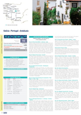 38
HOTÉIS PREVISTOS
Noites Cidade Hotel
1 LUGO Méndez Núñez ****
1 ACORUÑA Tryp Coruña ****
1 SANTIAGO Tryp Santiago ****
1 VIGO Ciudad de Vigo ****
1 SALAMANCA Alameda Palace *****
1 FÁTIMA Santa Maria ****
2 LISBOA Lutecia ****
2 SEVILLA Melia Lebreros ****
1 C. DEL SOL
Las Pirámides ****
(Junior Suite)
1 GRANADA Melia Granada
Início e fim
Duração
MADRI
13 dias
Preços por pessoa dormitório duplo Us dólares
Baixa temporada 1.575
Alta temporada (saídas em julho, agosto
e setembro) 1.678
Complemento dormitório individual 623
Desconto venda antecipada.............................	 30
COMPLEMENTO NOITE ADICIONAL
Hospedagem e café da manhã por pes-
soa em:
Hotel Catalonia
Gran Via ****
Dormitório duplo............... 91
Dormitório triplo................ 90
Dormitório individual......... 154
ESPANHA,PORTUGALEMARROCOS
O PREÇO INCLUI
•		 Seguro de assistência em viagem, incluindo
gastos sanitários até € 100.000.
•		 Hospedagem com café da manhã tipo buffet e
serviços de carregadores de malas incluído.
•		 Guia acompanhante durante todo o circuito.
•		 Visita com guia local em Santiago, Lisboa,
Cáceres, Sevilha, Alhambra de Granada e Toledo
e trajeto panorâmico na Corunha.
•		 Inclui 1 jantar em Costa del Sol.
O PREÇO NÃO INCLUI TARIFAS AÉREAS
Dia 1o: (Terça-feira) Madri - Astorga - Lugo
Saída do nosso Terminal, situado no estacionamento sub-
terrâneo da Praça de Oriente, às 9:00 horas, em direção a
Villacastín e Medina del Campo, onde poderemos admirar
o seu famoso Castelo da Mota. Continuaremos em direção
a Astorga, realizaremos uma breve parada na qual dispo-
remos de tempo livre para visitar o seu famoso Palácio
Episcopal, obra de Gaudí. À tarde, saída em direção
a Lugo, que ainda conserva vestígios do seu passado
romano, como as suas Muralhas, que contam com um
perímetro de 2266 metros de circunferência e as únicas
declaradas Patrimônio da Humanidade. Hospedagem.
Dia 2o: (Quarta-feira) Lugo - Corunha
Café da manhã e saída para Corunha. Visita panorâmica
da cidade, onde percorreremos o Paseo de la Marina,
com suas belas casas de galerias acristaladas, a Praça
de María Pita e realizaremos uma parada na Torre de
Hércules, o farol mais antigo do mundo ainda em funcio-
namento e Patrimônio da Humanidade, de onde pode-se
contemplar uma impressionante vista sobre o mar. Tarde
livre. Possibilidade de realizar uma excursão opcional às
Rías Altas. Hospedagem.
Dia 3o: (Quinta-feira) Corunha - Santiago de
Compostela
Café da manhã. Saída para Santiago, cuja cidade antiga é
Patrimônio da Humanidade, e um dos mais importantes
núcleos monumentais da Espanha, centro de peregri-
nação cristã e fim da via originariamente construída
pelo império romano do Caminho de Santiago. Vista da
cidade, percorrendo a Praça del Obradoiro e sua Catedral,
dedicada ao Apóstolo Santiago o Maior. Tarde livre para
continuar visitando esta cidade de ambiente universitário
e estudantil. Hospedagem.
Dia 4o: (Sexta-feira) Santiago de Compostela - Rias
Bajas - La Toja - Vigo
Café da manhã. Saída em direção à área mais pitoresca
das Rías Bajas galegas. Através de esplêndidas paisagens,
chegaremos à Ilha de La Toja, universalmente conhecida
pelo seu balneário. Tempo livre e continuação pela Ría de
Arosa e Pontevedra até chegar a Vigo, situada na metade
da Ria à qual da o seu nome, a mais ao sul das Rías Baixas
e sem dúvida a de maior beleza e com praias de grande
atrativo. Hospedagem.
Dia 5o: (Sábado) Vigo - Salamanca
Café da manhã. Saída pela Via de la Plata até chegar a
Salamanca. Tempo livre nesta cidade universitária por
excelência, de grande riqueza artística; a Plaza Mayor, a
Casa de las Conchas, a Catedral Nova, a Catedral Velha, a
Universidade, são alguns dos muitos atrativos oferecidos
por esta cidade, cujo centro histórico é declarado Patrimô-
nio da Humanidade. À noite poderão desfrutar do animado
ambiente desta cidade. Hospedagem.
Dia 6o: (Domingo) Salamanca - C. Rodrigo - Coimbra
- Fátima
Café da manhã. Saída pela Cidade Rodrigo, breve trajeto
a pé por esta linda cidade medieval declarada Conjunto
Histórico - Artístico, onde os seus muros encerram um
rico patrimônio de edifícios civis e religiosos encabeçados
pela sua Catedral e seu Castelo. Continuação para a fron-
teira portuguesa para continuar via Guarda até Coimbra,
sede de uma das Universidades mais antigas da Europa
e antiga capital de Portugal, com estreitas ruas, casas
suspensas, palácios, capelas e igrejas que fazem desta
cidade um capricho para a vista. Continuação em direção
a Fátima, um dos mais importantes Santuários Marianos
do mundo após as seis aparições da Virgem a três pastor-
zinhos perto da Caverna de Iria. Hospedagem.
Dia 7o: (Segunda-feira) Fátima - Obidos - Lisboa
Café da manhã e saída para a bela cidade medieval de
Obidos, com suas simpáticas ruazinhas com paralelepípe-
dos e pitorescas casinhas brancas de telhados vermelhos,
resguardadas pela imponente muralha que as rodeia.
Nossa próxima parada será em Lisboa, capital de Portugal
e situada na foz do rio Tajo. Hospedagem.
Dia 8o: (Terça-feira): Lisboa
Hospedagem e café da manhã. Pela manhã, visita panorâ-
mica da cidade percorrendo o Bairro de Alfama, Torre de
Belém e Monastério dos Jerônimos. Tarde livre durante a
qual teremos a possibilidade de continuar visitando a cida-
de ou realizar uma excursão opcional às belas populações
de Sintra, Cascais e Estoril.
Dia 9o: (Quarta-feira) Lisboa - Cáceres - Sevilha
Café da manhã. Saída para a fronteira espanhola para
chegar a Cáceres. Visita desta cidade Patrimônio da
Humanidade. Suas muralhas almohades e as edificações
de incalculável valor histórico e arquitetônico fazem desta
vila um retrato dos séculos XIV a XVI, como deixam claro
as suas Casas, Palácios e edifícios religiosos, que lhe per-
mitiram ser o “Terceiro Conjunto Monumental de Europa”.
Percorreremos a sua Praça Mayor e o casco antigo, com
o seu bairro medieval. Posteriormente continuação da
viagem para Sevilha. Hospedagem.
Dia 10o: (Quinta-feira) Sevilha
Café da manhã e hospedagem. Pela manhã realizaremos
a visita panorâmica da cidade, percorrendo a Universi-
dade, o Parque de María Luisa, a Praça de América, os
Pavilhões da Exposição Universal de 1929 e os Jardins
de Murillo, onde iniciaremos o trajeto a pé pelo Bairro
de Santa Cruz, até chegar a dois dos monumentos
Patrimônio da Humanidade: o Alcázar e a Catedral (visita
interior) com a Giralda, antigo minarete da Mesquita e hoje
transformado em campanário. Tarde livre para continuar
visitando a cidade e seus típicos bairros.
Dia 11o: (Sexta-feira) Sevilha - Ronda - Costa del Sol
Café da manhã e saída. Percorrendo a Rota de los Pue-
blos Blanchos chegaremos a Ronda, uma da cidades
mais antigas de Espanha, cujas origens remontam ao
Neolítico. Disporemos de tempo livre para admirar os
seus monumentos mais significativos, como a Praça de
Toros, símbolo e alma da cidade, e a Ponte Nova, de onde
desfrutaremos de espetaculares vistas. À tarde, saída em
direção à mundialmente conhecida Costa del Sol. Jantar
e hospedagem.
Dia 12o: (Sábado) Costa del Sol - Granada
Café da manhã e tempo livre neste enclave turístico de
fama mundial. No meio da manhã, saída em direção
a Granada, assentada no colo de Serra Nevada. Visita
ao impressionante conjunto monumental da Alhambra,
declarada Patrimônio da Humanidade, com seus belos
Palácios Nazaris e os lindos Jardins do Generalife. Hos-
pedagem.
Dia 13o: (Domingo) Granada - Toledo - Madri
Café da manhã e saída em direção a Toledo. Visita desta
monumental cidade Patrimônio da Humanidade. Reali-
zaremos a panorâmica da cidade e um trajeto a pé pelo
casco histórico, visitando a Catedral (visita interior) e a
Igreja de Santo Tomé (visita interior), onde se encontra a
considerada por muitos como obra mestre do Greco, “El
Entierro del Conde de Orgaz”, e já no antigo bairro judeu
a Sinagoga de Santa María la Blanca. À tarde, saída em
direção a Madri. Fim da viagem.
Galícia-Portugal-Andaluzia
INÍCIOEMMADRI
DATAS DE INÍCIO EM MADRI
TERÇAS-FEIRAS - De 15 de abril a
21 de outubro de 2014
lisboa
CÁceres
coimbra
astorga
C. Rodrigo
fátima
vigola toja
lugo
a coruña
santiago
rías
bajas
MADRI
obidos
salamanca
SEVILLA
RONDA
COSTA DEL SOL
GRANADA
toledo
Cidade de início e fim do circuito: Madri.
30$ 1
 