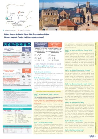 47
Início Itinerário com estadia em Lisboa
Dia 1o: (Domingo) América - Lisboa
Saída da sua cidade de origem com destino a Lisboa.
Noite à bordo.
Dia 2o: (Segunda-feira) Lisboa
Chegada ao aeroporto. Assistência e translado ao
hotel. Hospedagem. Restante do dia livre.
Dia 3o: (Terça-feira): Lisboa
Café da manhã e hospedagem. Pela manhã, visita
panorâmica da cidade percorrendo o Bairro de Alfa-
ma, Torre de Belém e Monastério dos Jerônimos.
Tarde livre durante a qual teremos a possibilidade de
continuar visitando a cidade ou realizar uma excursão
opcional às belas populações de Sintra, Cascais e
Estoril.
Itinerário comum para ambas as versões
Dia 4o / 1o: (Quarta-feira) Lisboa - Cáceres -
Sevilha
Café da manhã e saída no horário indicado para partici-
pantes com estadia em Lisboa (17 dias).
Início da viagem para os participantes sem estadia em
Lisboa (13 dias). Saída do Hotel Roma, Av. de Roma 33,
às 8:00 horas.
Saída para a fronteira espanhola e continuação até
chegar a Cáceres, cidade Patrimônio da Humanidade.
Suas muralhas almohades e as edificações de incal-
culável valor histórico e arquitetônico fazem desta vila
um retrato dos séculos XIV a XVI, como deixam claro
as suas Casas, Palácios e edifícios religiosos, que lhe
permitiram ser o “Terceiro Conjunto Monumental de
Europa”. Percorreremos a sua Praça Mayor e o casco
antigo, com o seu bairro medieval. Posteriormente,
saída pela estrada da Plata até chegar a Sevilha.
Hospedagem.
Dia 5o / 2o: (Quinta-feira) Sevilha
Café da manhã e hospedagem. Pela manhã realiza-
remos a visita panorâmica da cidade, percorrendo
a Universidade, o Parque de María Luisa, a Praça
de América, os Pavilhões da Exposição Universal
de 1929 e os Jardins de Murillo, onde iniciaremos o
trajeto a pé pelo Bairro de Santa Cruz, até chegar à
Catedral (visita interior) com a Giralda, antigo mina-
rete da Mesquita e hoje transformado em campaná-
rio. Tarde livre para continuar visitando a cidade e
seus típicos bairros.
Dia 6o / 3o: (Sexta-feira) Sevilha - Ronda - Costa
del Sol
Café da manhã e saída. Percorrendo a Rota de los
Pueblos Blanchos chegaremos a Ronda, uma da
cidades mais antigas de Espanha, cujas origens
remontam ao Neolítico. Disporemos de tempo livre
para admirar os seus monumentos mais significa-
tivos, como a Praça de Toros, símbolo e alma da
cidade, e a Ponte Nova, de onde desfrutaremos de
espetaculares vistas. À tarde, saída em direção à
mundialmente conhecida Costa del Sol. Jantar e
hospedagem.
Dia 7o / 4o: (Sábado) Costa del Sol - Granada
Café da manhã e tempo livre neste enclave turís-
tico de fama mundial. No meio da manhã, saída
em direção a Granada, assentada no colo de Serra
Nevada. Visita ao impressionante conjunto monu-
mental da Alhambra, declarada Patrimônio da
Humanidade, com seus belos Palácios Nazaris e os
lindos Jardins do Generalife. Hospedagem.
Dia 8o / 5o: (Domingo) Granada - Toledo - Madri
Café da manhã e saída em direção a Toledo. Visita
desta monumental cidade Patrimônio da Humani-
dade. Realizaremos a panorâmica da cidade e um
trajeto a pé pelo casco histórico, visitando a Cate-
dral (visita interior) e a Igreja de Santo Tomé (visita
interior), onde se encontra a considerada por muitos
como obra mestre do Greco, “El Entierro del Conde
de Orgaz”, e já no antigo bairro judeu a Sinagoga de
Santa María la Blanca. À tarde, saída em direção a
Madri. Hospedagem.
Dia 9o / 6o: (Segunda-feira) Madri
Café da manhã e hospedagem. Pela manhã, visita
panorâmica da cidade, percorrendo a Praça de
España, Cidade Universitária, Parque del Oeste,
Casa de Campo, Bairro de la Morería, Praça de
Oriente, Plaza Mayor, Puerta del Sol, Neptuno, Ato-
cha, Puerta de Alcalá, o senhorial Parque del Reti-
ro, Praça de toros de Las Ventas, Praça de Colón,
Paseo de la Castellana, Estádio Santiago Bernabeu,
Praça de La Cibeles e Gram Via. Tarde livre para
continuar visitando a cidade.
Dia 10o / 7o: (Terça-feira) Madri
Café da manhã e hospedagem. Tarde livre para
continuar visitando a cidade ou visitar os seus arre-
dores, como O Escorial, Ávila e Segóvia, ou assistir
algum dos seus espetáculos teatrais e musicais.
Dia 11o / 8o: (Quarta-feira) Madri
Café da manhã. Fim da viagem.
ESPANHA,PORTUGALEMARROCOS
Lisboa-Cáceres-Andaluzia-Toledo-Madri(comestadiaemLisboa)
Cáceres-Andaluzia-Toledo-Madri(semestadiaemLisboa)
HOTÉIS PREVISTOS
Noites Cidade Tipo Hotel
2 LISBOA «T» Roma ***
«C» Lutecia ****
2 sevilla «T» Don Paco ***
«C» Melia Lebreros ****
1 costa del
sol
«T» Las Pirámides ****
«C»
Las Pirámides (Junior
Suite) ****
1 granada «T» Saray ****
«C» Melia Granada ****
3 MADRI «T» Puerta de Toledo ***
«C» Convención ****
O PREÇO INCLUI
Sem estadia em Lisboa:
•		 Seguro de assistência em viagem, incluindo gastos
sanitários até € 100.000.
•		Hospedagem com café da manhã tipo buffet e
serviços de carregadores de malas incluído.
•		Guia acompanhante durante todo o circuito em ônibus.
•		Visita com guia local em Cáceres, Sevilha, Alhambra
de Granada, Toledo e Madri.
•		Um jantar em Costa del Sol.
Com estadia em Lisboa, ainda:
•		Recebimento no aeroporto e traslado ao hotel.
•		Visita com guia local em Lisboa.
Lisboa - Cáceres -
Andaluzia - Toledo
- Madri
Inicio
Fin
Duração
lisboa
MADRI
11 dias
Preços por pessoa dormitório duplo Us dólares
«t» «C»
Baixa temporada..................... 1.051 1.089
Alta temporada (saídas em julho,
agosto, setembro e outubro) 1.105 1.150
Complemento Semana Santa e
Feria de Sevilha 2014 (saídas
em 13 de abril e 4 de maio) 112 140
Complem.dormit. individual.... 413 543
Desconto venda antecipada.............................	 20
Cáceres - Andaluzia
- Toledo - Madri
Inicio
Fin
Duração
lisboa
MADRI
8 dias
Preços por pessoa dormitório duplo Us dólares
«t» «C»
Baixa temporada..................... 876 957
Alta temporada (saídas em julho,
agosto, setembro e outubro) 920 1.008
Complemento S. Santa e Feira
de Sevilha 2014 (Saídas em 16
de abril e 7 de maio) 112 140
Complem.dormit. individual.... 311 399
Desconto venda antecipada.............................	 20
Complemento noite adicional em Lisboa
Hospedagem e café da manhã
por pessoa em:
Hotel Roma
***
Hotel Lutecia
****
Dormitório duplo............... 66 73
Dormitório triplo................ 64 73
Dormitório individual......... 109 135
INICIOENLISBOA
O PREÇO NÃO INCLUI TARIFAS AÉREAS
Datas de saídas
da América
(11 dias)
Datas de início
em Lisboa
(8 dias)
Domingos - O ano intei-
ro, de 30 de março a 26
de outubro de 2014, e nas
seguintes datas:
Quartas-feiras - O ano
inteiro, de 2 de abril a 29
de outubro de 2014, e nas
seguintes datas:
Nov 2 16 30
Dez 14 28
Jan15 11 25
Fev15 8 22
Mar15 1 8 15 22
Nov 5 19
Dez 3 17 31
Jan15 14 28
Fev15 11 25
Mar15 4 11 18 25
Cidade de início do circuito Lisboa.
lisboa
CÁceres
SEVILLA
RONDA
COSTA DEL SOL
GRANADA
MADRI
Toledo
Cidade de fim do circuito: MADRI.
20$ 1
 