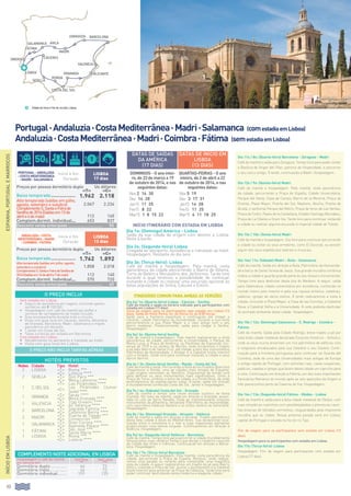 48
Portugal·Andaluzia·CostaMediterrânea·Madri·Salamanca (comestadiaemLisboa)
Andaluzia·CostaMediterrânea·Madri·Coimbra·Fátima (semestadiaemLisboa)
Início Itinerário com estadia em Lisboa
Dia 1o: (Domingo) América - Lisboa
Saída da sua cidade de origem com destino a Lisboa.
Noite à bordo.
Dia 2o: (Segunda-feira) Lisboa
Chegada ao aeroporto. Assistência e translado ao hotel.
Hospedagem. Restante do dia livre.
Dia 3o: (Terça-feira): Lisboa
Café da manhã e hospedagem. Pela manhã, visita
panorâmica da cidade percorrendo o Bairro de Alfama,
Torre de Belém e Monastério dos Jerônimos. Tarde livre
durante a qual teremos a possibilidade de continuar
visitando a cidade ou realizar uma excursão opcional às
belas populações de Sintra, Cascais e Estoril.
Itinerário comum para ambas as versões
Dia 4o/ 1o: (Quarta-feira) Lisboa - Cáceres - Sevilha
Café da manhã e saída no horário indicado para participantes com
estadia em Lisboa (17 dias).
Início da viagem para os participantes sem estadia em Lisboa (13
dias). Saída do Hotel Roma, Av. de Roma 33, às 8:00 horas.
Saída para a fronteira espanhola e continuação até chegar a
Cáceres, cidade Patrimônio da Humanidade. Durante a sua visita
percorreremos a sua Plaza Mayor e o caso antigo com o seu
bairro medieval. Posteriormente, saída para chegar a Sevilha.
Hospedagem.
Dia 5o/ 2o: (Quinta-feira) Sevilha
Café da manhã e hospedagem. Pela manhã realizaremos a visita
panorâmica da cidade, percorrendo a Universidade, o Parque de
María Luisa, a Praça de América, os Pavilhões da Exposição Uni-
versal de 1929 e os Jardins de Murillo, onde iniciaremos o trajeto
a pé pelo Bairro de Santa Cruz, até chegar a dois dos monumentos
Patrimônio da Humanidade: o Alcázar e à Catedral (visita interior)
com a Giralda. Tarde livre para continuar visitando a cidade e seus
típicos bairros.
Dia 6o / 3o: (Sexta-feira) Sevilha - Ronda - Costa del Sol
Café da manhã e saída. Percorrendo a Rota de los Pueblos Blanchos
chegaremos a Ronda, uma da cidades mais antigas de Espanha,
cujas origens remontam ao Neolítico. Disporemos de tempo livre
para admirar os seus monumentos mais significativos, como a
Praça de Toros, símbolo e alma da cidade, e a Ponte Nova, de onde
desfrutaremos de espetaculares vistas. À tarde, saída em direção
à mundialmente conhecida Costa del Sol. Jantar e hospedagem.
Dia 7o / 4o: (Sábado) Costa del Sol - Granada
Café da manhã e tempo livre neste enclave turístico de fama
mundial. No meio da manhã, saída em direção a Granada, assen-
tada no colo de Serra Nevada. Visita ao impressionante conjunto
monumental da Alhambra, declarada Patrimônio da Humanidade,
com seus belos Palácios Nazaris e os lindos Jardins do Generalife.
Hospedagem.
Dia 8o / 5o: (Domingo) Granada - Alicante - Valência
Café da manhã e saída em direção a Alicante. Trajeto panorâmico
desta bela cidade à beira do Mediterrâneo. Sua excepcional loca-
lização entre a montanha e o mar e suas majestosas palmeiras
proporcionam uma beleza singular. Continuaremos em direção a
Valência. Hospedagem.
Dia 9o/ 6o: (Segunda-feira) Valência - Barcelona
Café da manhã. Tempo livre para percorrer a cidade mundialmente
famosa pelos suas célebres Fallas e que abriga o moderno conjunto
da Cidade das Artes e Ciências. Continuação em direção a Barce-
lona. Hospedagem.
Dia 10o / 7o: (Terça-feira) Barcelona
Café da manhã e hospedagem. Pela manhã, visita panorâmica da
cidade, percorrendo a Praça de España, Montjuic, onde realiza-
remos uma parada no mirante para contemplar uma magnífica
vista da cidade. A seguir realizaremos um trajeto da pé pelo Bairro
Gótico, visitando a Praça de San Jaume, o Ajuntamento e a Catedral
(visita interior) para encerrar na Praça de Cataluña. Tarde livre para
poder continuar desfrutando desta moderna e elegante cidade.
Dia 11o / 8o: (Quarta-feira) Barcelona - Zaragoza - Madri
Café da manhã e saída para Zaragoza. Tempo livre para poder visitar
a Basílica de Virgen del Pilar, patrona da Hispanidade, e percorrer
o seu casco antigo. À tarde, continuação a Madri. Hospedagem.
Dia 12o / 9o: (Quinta-feira) Madri
Café da manhã e hospedagem. Pela manhã, visita panorâmica
da cidade, percorrendo a Praça de España, Cidade Universitária,
Parque del Oeste, Casa de Campo, Bairro de la Morería, Praça de
Oriente, Plaza Mayor, Puerta del Sol, Neptuno, Atocha, Puerta de
Alcalá, o senhorial Parque del Retiro, Praça de toros de Las Ventas,
Praça de Colón, Paseo de la Castellana, Estádio Santiago Bernabeu,
Praça de La Cibeles e Gram Via. Tarde livre para continuar visitando
a cidade ou realizar alguma excursão à imperial cidade de Toledo.
Dia 13o / 10o: (Sexta-feira) Madri
Café da manhã e hospedagem. Dia livre para continuar percorrendo
a cidade ou visitar os seus arredores, como El Escorial, ou assistir
algum dos seus espetáculos teatrais e musicais.
Dia 14o/ 11o: (Sábado) Madri - Ávila - Salamanca
Café da manhã. Saída em direção a Ávila, Patrimônio da Humanida-
de e berço de Santa Teresa de Jesús. Sua grande muralha românica
rodeia a cidade e guarda grande parte do seu tesouro monumental.
Tempo livre para desfrutar desta joia do Medievo. A seguir, saída
para Salamanca, cidade universitária por excelência, conhecida no
mundo inteiro pelo mesmo e pela sua riqueza artística: catedrais,
palácios, igrejas de vários estilos. À tarde realizaremos a visita à
cidade, incluindo a Plaza Mayor, a Casa de las Conchas, a Catedral
Nova, a Catedral Velha e a Universidade. À noite poderão desfrutar
do animado ambiente desta cidade. Hospedagem.
Dia 15o / 12o: (Domingo) Salamanca - C. Rodrigo - Coimbra -
Fátima
Café da manhã. Saída pela Cidade Rodrigo, breve trajeto a pé por
esta linda cidade medieval declarada Conjunto Histórico - Artístico,
onde os seus muros encerram um rico patrimônio de edifícios civis
e religiosos encabeçados pela sua Catedral e seu Castelo. Conti-
nuação para a fronteira portuguesa para continuar via Guarda até
Coimbra, sede de uma das Universidades mais antigas da Europa
e antiga capital de Portugal, com estreitas ruas, casas suspensas,
palácios, capelas e igrejas que fazem desta cidade um capricho para
a vista. Continuação em direção a Fátima, um dos mais importantes
Santuários Marianos do mundo após as seis aparições da Virgem a
três pastorzinhos perto da Caverna de Iria. Hospedagem.
Dia 16o / 13o: (Segunda-feira) Fátima - Obidos - Lisboa
Café da manhã e saída para a bela cidade medieval de Obidos, com
suas simpáticas ruazinhas com paralelepípedos e pitorescas casin-
has brancas de telhados vermelhos, resguardadas pela imponente
muralha que as rodeia. Nossa próxima parada será em Lisboa,
capital de Portugal e situada na foz do rio Tajo.
Fim da viagem para os participantes sem estadia em Lisboa (13
dias).
Hospedagem para os participantes com estadia em Lisboa.
Dia 17o: (Terça-feira): Lisboa
Hospedagem. Fim da viagem para participantes com estadia em
Lisboa (17 dias).
INÍCIOEMLISBOA
O PREÇO INCLUI
Sem estadia em Lisboa:
•		 Seguro de assistência em viagem, incluindo gastos
sanitários até € 100.000.
•		Hospedagem com café da manhã tipo buffet e
serviços de carregadores de malas incluído.
•		Guia acompanhante durante todo o circuito.
•		Visita com guia local em Cáceres, Sevilha, Alhambra
de Granada, Barcelona, Madri, Salamanca e trajeto
panorâmico em Alicante.
•		1 jantar em Costa del Sol.
•		Taxas turísticas por estadia em Barcelona.
Com estadia em Lisboa:
•		Recebimento no aeroporto e traslado ao hotel.
•		Visita com guia local em Lisboa
Portugal-Andaluzia
-CostaMediterrânea
-Madri-Salamanca
Início e fim
Duração
lisboa
17 dias
Preços por pessoa dormitório duplo Us dólares
«t» «C»
Baixa temporada..................... 1.962 2.118
Alta temporada (saídas em julho,
agosto, setembro e outubro) 2.067 2.234
ComplementoS.SantaeFeirade
Sevilhade2014(Saídasem13de
abrile4demaio) 112 140
Complem.dormit. individual.... 653 837
Desconto venda antecipada............................. 	 50
Andaluzia-Costa
Mediterrânea-Madri
-Coimbra-Fátima
Início e fim
Duração
lisboa
13 dias
Preços por pessoa dormitório duplo Us dólares
«t» «C»
Baixa temporada..................... 1.762 1.892
Alta temporada (saídas em julho, agosto,
setembro e outubro) 1.858 2.018
ComplementoS.SantaeFeiradeSevilhade
2014(Saídasem16deabrile7demaio) 112 140
Complem.dormit. individual.... 570 720
Desconto venda antecipada............................. 	 40
HOTÉIS PREVISTOS
Noites Cidade Tipo Hotel
2 LISBOA «T» Roma ***
«C» Lutecia ****
2 sevilla «T» Don Paco ***
«C» Melia Lebreros ****
1 C.DELSOL
«T» Las Pirámides ****
«C»
Las Pirámides (Junior
Suite) ****
1 granada «T» Saray ****
«C» Melia Granada ****
1 valencia «T» Tryp Oceanic ****
«C» AC Valencia ****
2 barcelona «T» Sagrada Familia ***
«C» Catalonia Berna ****
3 MADRI «T» Puerta de Toledo ***
«C» Convención ****
1 salamanca «T» Gran Corona ****
«C» Alameda Palace ****
1 FÁTIMA «T» São José ***
«C» Santa María ****
1 LISBOA «T» Roma ***
«C» Lutecia ****
COMPLEMENTO NOITE ADICIONAL en lisboa
Hospedagem e café da manhã
por pessoa em:
Hotel Roma
***
Hotel Lutecia
****
Dormitório duplo............... 66 73
Dormitório triplo................ 64 73
Dormitório individual......... 109 135
O PREÇO NÃO INCLUI TARIFAS AÉREAS
Datas de saídas
da América
(17 dias)
Datas de início em
Lisboa
(13 dias)
domingos - O ano intei-
ro, de 23 de março a 19
de outubro de 2014, e nas
seguintes datas:
Quartas-feiras - O ano
inteiro, de 2 de abril a 22
de outubro de 2014, e nas
seguintes datas:
Nov 2 16 30
Dez 14 28
Jan15 11 25
Fev15 8 22
Mar15 1 8 15 22
Nov 5 19
Dez 3 17 31
Jan15 14 28
Fev15 11 25
Mar15 4 11 18 25
ESPANHA,PORTUGALEMARROCOS
lisboa
CÁceres
SEVILLA
RONDA
COSTA DEL SOL
valencia
zaragoza
GRANADA
MADRI
alicante
Ávilasalamanca
fÁtima
obidos
barcelona
Cidade de início e fim do circuito: Lisboa.
50$ 1
 