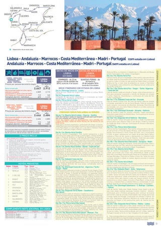 51
Início Itinerário com estadia em Lisboa
Dia 1o: (Domingo) América - Lisboa
Saída da sua cidade de origem com destino a Lisboa. Noite
à bordo.
Dia 2o: (Segunda-feira) Lisboa
Chegada ao aeroporto. Assistência e translado ao hotel.
Hospedagem. Restante do dia livre.
Dia 3o: (Terça-feira): Lisboa
Café da manhã e hospedagem. Pela manhã, visita panorâ-
mica da cidade percorrendo o Bairro de Alfama, Torre de
Belém e Monastério dos Jerônimos. Tarde livre durante a
qual teremos a possibilidade de continuar visitando a cida-
de ou realizar uma excursão opcional às belas populações
de Sintra, Cascais e Estoril.
Itinerário comum para ambas as versões
Dia 4o / 1o: (Quarta-feira) Lisboa - Cáceres - Sevilha
Café da manhã e saída no horário indicado para participan-
tes com estadia em Lisboa (23 dias).
Início da viagem para os participantes sem estadia em
Lisboa (20 dias). Saída do Hotel Roma, Av. de Roma 33, às
8:00 horas.
Saída para a fronteira espanhola e continuação até chegar a Cáceres,
cidade Patrimônio da Humanidade. Durante a sua visita percorreremos
a sua Plaza Mayor e o caso antigo com o seu bairro medieval. Poste-
riormente, saída para chegar a Sevilha. Hospedagem.
Dia 5o / 2o: (Quinta-feira) Sevilha
Café da manhã e hospedagem. Pela manhã realizaremos a visita
panorâmica da cidade, percorrendo a Universidade, o Parque de María
Luisa, a Praça de América, os Pavilhões da Exposição Universal de
1929 e os Jardins de Murillo, onde iniciaremos o trajeto a pé pelo
Bairro de Santa Cruz, até chegar a dois dos monumentos Patrimônio
da Humanidade: o Alcázar e à Catedral (visita interior) com a Giralda,
antigo minarete da Mesquita e hoje transformado em campanário.
Tarde livre para continuar visitando a cidade e seus típicos bairros.
Dia 6o / 3o: (Sexta-feira) Sevilha - Ronda - Costa del Sol
Café da manhã e saída. Percorrendo a Rota de los Pueblos Blanchos
chegaremos a Ronda, uma da cidades mais antigas de Espanha.
Disporemos de tempo livre para admirar os seus monumentos mais
significativos, como a Praça de Toros, símbolo e alma da cidade, e a
Ponte Nova, de onde desfrutaremos de espetaculares vistas. À tarde,
saída em direção à mundialmente conhecida Costa del Sol. Jantar e
hospedagem.
Dia 7o / 4o: (Sábado) Costa del Sol
Café da manhã e hospedagem. Dia livre neste enclave turístico de
fama mundial, banhado pelo Mediterrâneo e com a montanha às suas
costas. Poderão desfrutar das suas praias, consideradas entre as
melhores da Europa.
Dia 8o / 5o: (Domingo) Costa del Sol - Algeciras / Tarifa -
Tanger - Rabat
Café da manhã e saída percorrendo a Costa del Sol até chegar a Tarifa,
onde embarcaremos no ferry para atravessar o estreito de Gibraltar,
em direção a Tanger. O Estreito de Gibraltar é a separação natural
entre dois mares, o Mediterrâneo e o Oceano Atlântico, e entre dois
continentes e suas diferentes culturas, Europa e África. Durante esta
agradável travessia de aproximadamente 15 quilômetros, teremos a
oportunidade de divisar do barco simpáticos grupos de golfinhos que
habitam estas águas o ano inteiro e, em certas ocasiões, até orcas
e baleias migratórias. Desembarque e breve visita panorâmica desta
cidade labiríntica. Continuação a Rabat, atual capital do Reino de
Marrocos. Visita panorâmica da cidade, percorrendo o Palácio Real, o
Mausoléu de Mohamed V, a Torre de Hassan e a Fortaleza ou a Kasbah
des Oudaias. Jantar e hospedagem.
Dia 9o / 6o: (Segunda-feira) Rabat - Casablanca -
Marrakesh
Café da manhã e saída em direção a Casablanca, a capital econômica,
industrial e financeira que representa o desenvolvimento e modernida-
de e é o primeiro porto do país. Visita panorâmica desta cosmopolita
e legendaria cidade. Encerrada a visita, terão tempo livre para poder
visitar a impressionante Mesquita de Hassan II, a terceira maior do
mundo. Continuação a Marrakesh. Jantar e hospedagem.
Dia 10o / 7o: (Terça-feira) Marrakesh
Café da manhã, almoço e hospedagem. Pela manhã, visita à cidade
imperial e capital do Sul, incluindo a impressionante Praça Djemaa
El Fna, Patrimônio Cultural da Humanidade, onde podemos admirar
músicos, encantadores de serpentes, acróbatas, bailarinos etc. Tarde
livre na qual poderão continuar visitando a cidade.
Dia 11o / 8o: (Quarta-feira) Marrakesh - Meknes - Fez
Café da manhã e saída em direção a Meknes, capital do reino nos tem-
pos do Sultão Muley Ismail, fundador da dinastia alauita e Patrimônio
Cultural da Humanidade. Vista panorâmica da cidade onde podemos
admirar a porta de “Báb al Mansour”, a maior e das mais belas do
Norte da África, os Graneros e Caballerizas e o Mausoléu de Moulay
Ismail. Continuação a Fez. Jantar e hospedagem.
Dia 12o / 9o: (Quinta-feira) Fez
Café da manhã, almoço e hospedagem. Pela manhã, visita panorâmica
da cidade, sede da universidade mais antiga do mundo. Percorreremos
os bairros Judeu e Cristão, as sete portas do Palácio Real e a Grande
Medina de Fez, a maior área de pedestres do mundo e Patrimônio
da Humanidade, onde visitaremos uma Madraza (escola corânica) do
século XIV. Tarde livre.
Dia 13o / 10o: (Sexta-feira) Fez - Tanger - Tarifa / Algeciras
- Costa del Sol
Café da manhã e saída em direção a Tanger, onde embarcaremos no
ferry para atravessar novamente o estreito de Gibraltar em direção
a Tarifa / Algeciras. Desembarque e continuação até Costa del Sol.
Jantar e hospedagem.
Dia 14o / 11o: (Sábado) Costa del Sol - Granada
Café da manhã e tempo livre. No meio da manhã, saída em direção
a Granada, assentada no colo da Serra Nevada. Visita ao impressio-
nante conjunto monumental da Alhambra, declarada Patrimônio da
Humanidade, com seus belos Palácios Nazaris e os lindos Jardins do
Generalife. Hospedagem.
Dia 15o / 12o: (Domingo) Granada - Alicante - Valência
Café da manhã e saída em direção a Alicante. Trajeto panorâmico
desta bela cidade à beira do Mediterrâneo. Continuaremos em direção
a Valência. Hospedagem.
Dia 16o/ 13o: (Segunda-feira) Valência - Barcelona
Café da manhã. Tempo livre para percorrer a cidade mundialmente
famosa pelos suas célebres Fallas e que abriga o moderno conjunto
da Cidade das Artes e Ciências. Continuação em direção a Barcelona.
Hospedagem.
Dia 17o / 14o: (Terça-feira) Barcelona
Café da manhã e hospedagem. Pela manhã, visita panorâmica da cida-
de, percorrendo a Praça de España, Montjuic, onde realizaremos uma
parada. Percorreremos o Porto, Paseo de Colón, com o monumento
a Colón. A seguir realizaremos um trajeto da pé pelo Bairro Gótico,
visitando a Praça de San Jaume, o Ajuntamento e a Catedral (visita
interior) para encerrar na Praça de Cataluña. Tarde livre para poder
continuar desfrutando desta moderna e elegante cidade.
Dia 18o / 15o: (Quarta-feira) Barcelona - Zaragoza - Madri
Café da manhã e saída para Zaragoza. Tempo livre para poder visitar a
Basílica de Virgen del Pilar, patrona da Hispanidade, e percorrer o seu
casco antigo. À tarde, continuação a Madri. Hospedagem.
Dia 19o / 16o: (Quinta-feira) Madri
Café da manhã e hospedagem. Pela manhã, visita panorâmica da
cidade, percorrendo seus locais mais emblemáticos, desde a velha
Madri até a nova Madri, passando pelo Paseo de la Castellana, Estádio
Santiago Bernabeu, Praça de La Cibeles e Gram Via. Tarde livre para
continuar visitando a cidade ou realizar alguma excursão à imperial
cidade de Toledo.
Dia 20o / 17o: (Sexta-feira) Madri
Café da manhã e hospedagem. Dia livre para continuar percorrendo a
cidade ou visitar os seus arredores, como El Escorial, ou assistir algum
dos seus espetáculos teatrais e musicais.
Dia 21o/ 18o: (Sábado) Madri - Ávila - Salamanca
Café da manhã. Saída em direção a Ávila, Patrimônio da Humanidade e
berço de Santa Teresa de Jesús. Sua grande muralha românica rodeia
a cidade. Tempo livre para desfrutar desta joia do Medievo. A seguir,
saída para Salamanca, cidade universitária por excelência, conhecida
no mundo inteiro pelo mesmo e pela sua riqueza artística. À tarde
realizaremos a visita à cidade, incluindo a Plaza Mayor, a Casa de las
Conchas, a Catedral Nova, a Catedral Velha e a Universidade. À noite
poderão desfrutar do animado ambiente desta cidade. Hospedagem.
Dia 22o / 19o: (Domingo) Salamanca - C. Rodrigo - Coimbra
- Fátima
Café da manhã. Saída pela Cidade Rodrigo, breve trajeto a pé por
esta linda cidade medieval declarada Conjunto Histórico - Artístico.
Continuação para a fronteira portuguesa para continuar via Guarda
até Coimbra, sede de uma das Universidades mais antigas da Europa
e antiga capital de Portugal. Continuação em direção a Fátima, um
dos mais importantes Santuários Marianos do mundo após as seis
aparições da Virgem a três pastorzinhos perto da Caverna de Iria.
Hospedagem.
Dia 23o / 20o: (Segunda-feira) Fátima - Obidos - Lisboa
Café da manhã e saída para a bela cidade medieval de Obidos, com
suas simpáticas ruazinhas com paralelepípedos e pitorescas casinhas
brancas de telhados vermelhos, resguardadas pela imponente mural-
ha que as rodeia. Nossa próxima parada será em Lisboa, capital de
Portugal e situada na foz do rio Tajo. Chegada e fim da viagem.
.
•	 .ParaaentradaaMarrocosénecessáriocomunicarcompelomenos72
horasdeantecedênciaosseguintesdadosdopassaporte:número,naciona-
lidade, data de nascimento, data de emissão e data de vencimento.
ESPANHA,PORTUGALEMARROCOS
Lisboa-Andaluzia-Marrocos-CostaMediterrânea-Madri-Portugal (comestadiaemLisboa)
Andaluzia-Marrocos-CostaMediterrânea-Madri-Portugal(semestadiaemLisboa)
O PREÇO INCLUI
Sem estadia em Lisboa:
•		 Seguro de assistência em viagem, incluindo gastos
sanitários até € 100.000.
•		Hospedagem com café da manhã tipo buffet e serviços
de carregadores de malas incluído.
•		6 jantares e 2 almoços.
•		Guia acompanhante durante todo o circuito.
•		Visita com guia local em Cáceres, Sevilha, Rabat,
Marrakesh, Fez, Alhambra de Granada, Barcelona, Madri,
Salamanca e trajeto panorâmico em Tanger, Casablanca,
Meknes e Alicante.
•		Travessias do Estreito de Gibraltar em Ferry.
•		Taxa turística por estadia em Barcelona.
Com estadia em Lisboa, ainda:
•		Recebimento no aeroporto e traslado ao hotel.
•		Visita com guia local em Lisboa.
.
Lisboa - Andaluzia
- Marrocos - Costa
Mediterrânea -
Madri - Portugal
Início e fim
Duração
lisboa
23 dias
Preços por pessoa dormitório duplo Us dólares
«t» «C»
Baixa temporada 2.647 2.912
Alta temporada (saídas em julho, agosto,
setembro e outubro) 2.809 3.113
Complemento S. Santa e Feira de Sevilha
2014 (Saídas em 13 de abril e 4 de maio) 112 140
Complem.dormit. individual....... 879 1.177
Desconto venda antecipada............................... 	 50
Andaluzia - Marro-
cos - Costa Medi-
terrânea - Madri
- Portugal
Início e fim
Duração
lisboa
20 dias
Preços por pessoa dormitório duplo Us dólares
«t» «C»
Baixa temporada................................. 2.446 2.684
Alta temporada (saídas em julho, agosto,
setembro e outubro) 2.604 2.883
Complemento S. Santa e Feira de Sevilha
2014 (Saídas em 16 de abril e 7 de maio) 112 140
Complem.dormit. individual....... 788 1.051
Desconto venda antecipada............................... 	 50
Para a entrada a Marrocos é necessário comunicar com pelo menos 72 horas
de antecedência os seguintes dados do passaporte: número, nacionalidade,
data de nascimento, data de emissão e data de vencimento.
HOTÉIS PREVISTOS
Noites Cidade Tipo Hotel
2 LISBOA «T» Roma ***
«C» Lutecia ****
2 sevilla «T» Don Paco ***
«C» Melia Lebreros ****
3 C.delsol
«T» Las Pirámides ****
«C»
Las Pirámides (Junior
Suite) ****
1 rabat «T» Chellah Rabat ****
«C» Golden Tulip Farah *****
2 marrakecH «T» Altas Marrakech ****
«C» Altas Medina *****
2 fez «T» Menzeh Fes ****
«C» Menzeh Zalagh **** sup.
1 GRANADA «T» Saray ****
«C» Melia Granada ****
1 valencia «T» Tryp Oceanic ****
«C» AC Valencia ****
2 barcelona «T» Sagrada Familia ***
«C» Catalonia Berna ****
3 MADRI «T» Puerta de Toledo ***
«C» Convención ****
1 salamanca «T» Gran Corona ****
«C» Alameda Palace ****
1 fátima «T» São José ***
«C» Santa María ****
INÍCIOEMLISBOA
Datas de início em
Lisboa
(23 dias)
Datas de início em
Lisboa
(20 dias)
domingos - de 23 de
março a 26 de outubro de
2014, exceto dia 19 de outubro
QUARTAS-FEIRAS - de
26 março a
29 de outubro 2014
exceto dia 22 de outubro
COMPLEMENTO NOITE ADICIONAL en lisboa
Hospedagem e café da manhã
por pessoa em:
Hotel Roma
***
Hotel Lutecia
****
Dormitório duplo............... 66 73
Dormitório triplo................ 64 73
Dormitório individual......... 109 135
lisboa
CÁceres
SEVILLA RONDA
rabat Fez
COSTA DEL SOL
valencia
zaragoza
marrakech
GRANADA
MADRI
alicante
Ávilasalamanca
fÁtima
obidos
barcelona
Cidade de início e fim do circuito: Lisboa.
50$ 8
 