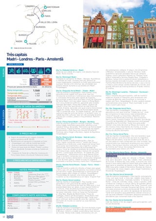 60
EUROPAESPANHA-REINOUNIDO-FRANÇA-PAÍSESBAIXOS
Dia 1o: (Sábado) América - Madri
Saída da sua cidade de origem, com destino final em
Madri. Noite à bordo.
Dia 2o: (Domingo) Madri
Chegada ao aeroporto de Madri - Barajas. Assistência
e traslado ao hotel. Durante este dia, pessoal da
nossa organização o assistirá no hotel para solucionar
qualquer dúvida e lhe informar das atividades que
poderá realizar durante a sua estadia em Madri.
Hospedagem.
Dia 3o: (Segunda-feira) Madri - Toledo - Madri
Café da manhã e hospedagem. Pela manhã, visita
panorâmica da cidade com guia local, que nos
introduzirá na história e mostrará os seus monumentos
e contrastes oferecidos pela capital da Espanha,
percorrendo-a pelos seus principais locais de interesse
da Velha Madri, com seu sabor castiço, à Nova Madri,
com seus modernos edifícios, passando pelo Estádio
Santiago Bernabéu, Praça das Cibeles, símbolo da
cidade, e Gran Vía, para encerrar na real Praça de
Oriente. À tarde, excursão com guia local à monumental
cidade de Toledo, Patrimônio da Humanidade desde
1987 e conhecida como “A cidade imperial”, por ter sido
sede principal da corte de Carlos I, e também como “a
cidade das três culturas” (por ter sido povoada durante
séculos por cristãos, judeus e muçulmanos). Retorno
a Madri.
Dia 4o: (Terça-feira) Madri - Burgos - Burdeos
Café da manhã e saída em direção a Burgos. Parada
nesta cidade castelhana para poder admirar a sua
Catedral Gótica, declarada “Patrimônio da Humanidade”
pela Unesco. Posteriormente, continuação da viagem
atravessando o País Vasco em direção à fronteira
francesa, para chegar a Burdeos, capital de Aquitânia.
Hospedagem.
Dia 5o: (Quarta-feira): Burdeos - Vale do Loira -
Ambroise - Rouen
Café da manhã e saída atravessando o Vale do
Loira, região conhecida como o “Jardim da França”.
Chegaremos a Ambroise, onde disporá de tempo livre
para visitar opcionalmente o seu magnífico castelo,
classificado como patrimônio da humanidade da
Unesco, local de residência predileto de numerosos reis
da França e que, ainda, abriga o túmulo de Leonardo
da Vinci. Continuação até Rouen, “A Cidade dos Cem
Campanários”, sobrenome com a qual batizou Víctor
Hugo e também conhecida como “a Atenas do Gótico”
pelas suas muitas e destacáveis construções religiosas
e civis de estilo gótico, cidade na qual foi julgada e
queimada a heroína francesa Joana Darc. Hospedagem.
Dia 6o: (Quinta-feira) Rouen - Calais - Ferry - Dover -
Londres
Café da manhã e saída em direção a Calais para pegar
o ferry, que, em um grande passeio, nos levará a Dover,
em território inglês. Desembarque e continuação da
nossa viagem para chegar a Londres. Hospedagem.
Possibilidade de realizar uma visita opcional de
Londres, a City e Assistência a um típico “English Pub”.
Dia 7o: (Sexta-feira) Londres
Café da manhã e hospedagem. Pela manhã, visita
panorâmica com guia local da capital do Reino
Unido. Com uma história de mais de 2000 anos, a sua
popularidade deve-se, talvez, à sua riqueza histórica
e cultural, cheia de edifícios históricos, museus e
monumentos importantes. Percorreremos os locais
de maior interesse, como as Casas do Parlamento
e o Big-Ben, Abadia de Westminster, Praça de
Trafalgar, Palácio de Buckingham, Royal Albert Hall,
Picadilly Circus e Bairro Knightsbridge. Tarde livre
para continuar desfrutando de uma das capitais mais
animadas do mundo ou realizar as suas famosas
compras.
Dia 8o: (Sábado) Londres
Café da manhã e hospedagem. Dia livre durante o qual
poderemos realizar uma excursão opcional a Oxford
e Windsor. Oxford, a cidade universitária mais famosa
do mundo. Nesta linda cidade, entraremos em um
dos prestigiosos colégios. A seguir, nos dirigiremos
a Windsor, atravessando o vale do Támesis, onde
poderemos apreciar povoados típicos da campina
inglesa, como o pitoresco Henley-on-Thames, local
onde é celebrada a famosa Regata Real. Chegada a
Windsor, tempo livre e posteriormente visitaremos o
famoso Castelo (entrada incluída), residência oficial da
Família Real Britânica há vários séculos, o que o torna
o maior e mais antigo castelo habitado do mundo, pois
guarda 900 anos de história britânica. À tarde, retorno
a Londres.
Dia 9o: (Domingo) Londres - Folkstone - Eurotunel -
Calais - Paris
Para o restante dos participantes, café da manhã e
saída em direção a Folkstone, para atravessar sob
o Canal da Mancha, pelo Eurotúnel, e continuar a
viagem até Paris. Hospedagem. À noite, poderá realizar
opcionalmente uma visita à “Paris iluminada” e um
lindo cruzeiro pelo Sena.
Dia 10o: (Segunda-feira) Paris
Café da manhã e hospedagem. Pela manhã, visita
panorâmica com guia local da “Cidade da Luz”, onde
percorreremos os seus locais mais emblemáticos,
como a Praça de La Concordia, a Bastilha, local
simbólico da Revolução Francesa, seus bulevares,
bairro Latino, Campos Elíseos, Os Inválidos, que abriga
o túmulo de Napoleão etc. Realizaremos uma parada
fotográfica na Torre Eiffel. Tarde livre para poder
realizar uma visita opcional ao Museu do Louvre, um
dos museus mais importantes do mundo, e, à noite,
assistir um espetáculo noturno no mundialmente
conhecido Moinho Vermelho.
Dia 11o: (Terça-feira) Paris
Café da manhã e hospedagem. Dia livre durante o qual
poderá realizar uma excursão opcional ao magnífico
Palácio de Versalhes, local de residência do Rei Sol e
um dos palácios mais conhecidos em nível mundial, não
somente pela sua imponente arquitetura e seus belos
jardins, mas porque constitui uma parte importante
da história da França. Declarado Patrimônio da
Humanidade pela Unesco em 1979.
Dia 12o: (Quarta-feira) Paris - Brujas - Amsterdã
Café da manhã e fim da viagem para participantes com
fim em Paris..
Café da manhã e saída em direção a Brujas. Tempo
livre para descobrir uma das cidades mais pitorescas
da Europa. A beleza das suas casas, o encanto dos seus
canais e seus velhos edifícios fazem dela uma cidade sem
igual para os amantes da beleza e arte. Desde o ano de
2000, esta velha cidade é Patrimônio Mundial da Unesco.
Continuação da nossa viagem, para chegar finalmente a
Amsterdã. Hospedagem.
Dia 13o: (Quinta-feira) Amsterdã
Café da manhã e hospedagem. Pela manhã, visita panorâ-
mica, com guia local, a uma das cidades mais belas e
românticas da Europa, chamada também “A Veneza do
Norte”, cheia de coloridas casas, canais e pontes, onde
combina-se a beleza e cultura. Berço de grandes gênios
da pintura, como Rembrandt e Van Gohg. Faremos uma
parada no famoso mercado flutuante das flores, um dos
principais atrativos turísticos de Amsterdã. No fim do per-
curso visitaremos um centro de lapidação de diamantes.
Tarde livre durante a qual poderemos realizar uma excur-
são opcional a Marken e Volendam, pequenos povoados de
pescadores que conservam todo o seu tipismo.
Dia 14o: (Sexta-feira) Amsterdã
Café da manhã e fim da viagem para participantes com
fim em Amsterdã.
Día 15.º: (Sábado): Amsterdã
Café da manhã e fim da viagem para participantes
com fim em Amsterdã.
SérieClássica
O PREÇO INCLUI
•		 Seguro de assistência em viagem, incluindo
gastos sanitários até € 100.000.
•		Recebimento em aeroporto e translado ao hotel.
•		. Hospedagem com café da manhã tipo buffet.
•		. Guia acompanhante durante toda a viagem.
•		. Visita com guia local em Madri, Toledo, Londres,
Paris e Amsterdã. Entrada incluída ao Castelo de
Ambroise.
•		. Travessia do Canal de La Mancha; travessia em
Ferry Calais-Dover e Eurotunel Folkestone Calais.
O PREÇO NÃO INCLUI TARIFAS AÉREAS
Três capi-
tais
mad- lon-
par-ams
Início
Fim
Duração
Madri
PARÍS
12 dias
Madri
amsterdam
15dias
Preços por pessoa dormitório duplo Us dólares
Baixa temporada............ 1.568 --
Temporada média.......... 1.635 2.192
Temporada Alta.............. 1.769 2.280
Complem. dormitório
individual........................ 945 1.129
Desconto venda antecipada... 47 60
HOTÉIS PREVISTOS
Noites Cidade Hotel
2 Madri Catalonia Gran Vía ****
1 BURDEOS Mercure Meriadeck ****
1 ROUEN Suite Novotel *** Sup
3 LONDRES Thistle Euston ****
3 PARIS
Forest Hill La Villete ***
sup.
3 amsterdam Blue Tower ****
COMPLEMENTO NOITE ADICIONAL
Hospedagem e
café da manhã
por pessoa em:
Duplo Triplo Indiv.
Madri.............. 96 93 159
París............... 103 94 189
Amsterdam.... 108 106 171
Trêscapitais
Madri-Londres-Paris-Amsterdã
DATAS DE SAÍDA DA AMÉRICA
Abr 12* 26* Out 4 11*
Maio 3 10* 17 24* 31 Nov 1*
Jun 7* 14 21* 28 Dez 6* 20
Jul 5 12* 19 26* Jan15 3*
Ago 2* 9 23* 30* Fev15 14* 28*
Set 6* 13 20* 27 Mar15 7* 14 21* 28*
* Nesta data não opera o circuito Madri - Londres -
Paris - Amsterdã
l Baixa temporada l Temporada média l Temporada Alta
Cidades de início e/ou fim do circuito
londres
toledo
Burdeos
VALLE DEL LOIRA
amsterdam
BURGOS
Madri
parIsrouen
BRUJAS
Série Clássica
60$
 