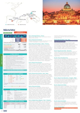 64
Novidade 2014 -
2 noites em Barcelona
EUROPAITÁLIA-FRANÇA-ESPANHA
Itáliaturística
Dia 1o: (Domingo) América - Veneza
Saída da sua cidade de origem, com destino final em
Veneza. Noite à bordo.
Dia 2o: (Segunda-feira) Veneza
Chegada ao aeroporto de Veneza. Assistência e traslado
ao hotel. Hospedagem e restante do dia livre.
Dia 3o: (Terça-feira) Veneza - Pádua - Florença
Café da manhã e visita panorâmica a pé, com guia
local, desta singular cidade, que nos adentrará no
impressionante espaço monumental da Praça de San
Marcos que ha séculos é o símbolo histórico da cidade e
única no mundo pelo seu encanto. Napoleão Bonaparte
a definiu como “O Salão mais belo da Europa”. Também
veremos, entre outros, a famosa Ponte dos Suspiros,
um dos cantos mais emblemáticos e românticos de
Veneza. Ao encerrar a visita realizaremos uma parada
em uma fábrica de cristal, onde poderemos admirar
a fabricação do famoso cristal veneziano e, a seguir,
termos a possibilidade de realizar um agradável passeio
opcional em gôndola. A seguir, saída em direção a
Pádua, onde realizaremos uma breve parada para
visitar a Igreja de Santo Antônio e prosseguiremos a
nossa viagem em direção a Florença, capital da Toscana
e cidade ponto alto do Renascimento. Hospedagem.
Dia 4o: (Quarta-feira) Florença
Café da manhã e hospedagem. Visita panorâmica da
cidade, com guia local, que nos adentrará na cidade
da Arte. Passearemos pelas suas ruas e praças, como
a de Santa Cruz, Signoria, República, a famosa Ponte
Velha e a Catedral de Santa María de las Flores, com
o seu batistério e suas importantes portas do Paraíso.
Tarde livre para continuar descobrindo esta maravilhosa
cidade. À noite poderá participar opcionalmente de um
jantar com música e dança, “Velada Fiorentina”.
Dia 5o: (Quinta-feira) Florença - Assis - Roma
Café da manhã. Continuação da nossa viagem em direção
a Assis, realizando uma breve parada para visitar a Basílica
de São Francisco. A seguir, desfrutarão de um almoço típico
italiano (bebida incluída) em um dos hotéis mais antigos
e emblemáticos da cidade, localizado em um esplêndido
edifício do século XVII, que mantém o seu encanto original
e com esplêndidas vistas do vale e da Basílica. Depois,
retomaremos o nosso itinerário, para chegar à imperial
cidade de Roma. Hospedagem. Possibilidade de realizar
uma visita opcional da “Roma Barroca”, onde poderá
descobrir as fontes e praças mais emblemáticas da cidade.
Dia 6o: (Sexta-feira) Roma
Café da manhã e hospedagem. Durante este dia
realizaremos uma visita panorâmica da cidade, com
guia local, pelos locais de maior interesse da “Cidade
Eterna”. Encerraremos a visita na Praça de San Pedro,
onde assistiremos, sempre que possível, à Audiência
Papal. Tempo livre e, a seguir, terá a possibilidade de
visitar opcionalmente os Museus Vaticanos, Capela
Sistina e Basílica de San Pedro, incluindo o túmulo
do Papa João Paulo II. No horário acordado, saída em
direção ao centro de Roma, para jantar em um belo
palacete à beira do rio Tíber, onde experts tenores
amenizarão esta especial velada.
Dia 7o: (Sábado) Roma (Nápoles - Capri - Pompéia)
Café da manhã e hospedagem. Dia livre durante o qual
poderá realizar opcionalmente uma das visitas mais
interessantes da Itália: “Nápoles, Capri e Pompeia”,
uma excursão no dia inteiro, com almoço incluído,
na qual poderemos conhecer Pompéia, esplêndida e
mitológica cidade romana sepultada pelas cinzas do
vulcão Vesúvio. Depois nos dirigiremos ao porto de
Nápoles, para embarcar em direção à Ilha de Capri,
conhecida como “A Pérola Azul” do Mediterrâneo,
visitando a famosa Gruta Branca (sempre que a
meteorologia o permitir). No horário previsto, retorno
ao hotel de Roma.
Dia 8o: (Domingo) Roma - Pisa - Niza
Café da manhã e fim da viagem, para os participantes do
circuito com fim em Roma.
Para o restante dos clientes, café da manhã e saída
em direção a Pisa, para contemplar o belo conjunto
monumental que formam a Catedral, Batistério e a famosa
Torre Inclinada. Continuação a Niza, capital da Costa
Azul. Hospedagem. Sugerimos desfrutar do ambiente
desta cosmopolita cidade, ou participar de uma excursão
opcional a Mônaco, Montecarlo e seu famoso cassino.
Dia 9o: (Segunda-feira) Niza - Barcelona
Café da manhã e breve trajeto panorâmico da cidade para
continuar em direção à fronteira espanhola, através de
Provença. Chegada a Barcelona. Hospedagem. Sugerimos
desfrutar das múltiplas possibilidades noturnas que a
cidade oferece.
Dia 10o: (Terça-feira) Barcelona
Café da manhã e hospedagem. Visita panorâmica da cidade
e seus locais mais representativos, Sagrada Familia,
Passeio de Gracia, Praça de Cataluña, Costas, entre outros
locais de interesse. Finalizaremos no alto da colina de
Montjuic, de onde pode-se contemplar belas vistas da
cidade. A seguir visitaremos o Pueblo Español, verdadeiro
museu ao ar livre, construído com motivo da Exposição
Internacional de 1929, onde se reúnem, sob a forma
de um povoado, os elementos mais representativos da
arquitetura de todas as regiões espanholas, com os mais
belos cantos da nossa geografia. Além do evidente atrativo
arquitetônico das instalações, com seus palácios, casas
senhoriais e lindas ruazinhas, durante toda a visita poderá
admirar ao vivo o trabalho dos artesões nas suas oficinas
e lojas espalhadas por todo o povoado. Finalizaremos
esta visita desfrutando de um almoço típico catalão, com
bebida incluída. Restante da tarde livre, para continuar
desfrutando desta cosmopolita cidade.
Dia 11o: (Quarta-feira) Barcelona - Zaragoza - Madri
Café da manhã e continuação da nossa viagem em direção
a Zaragoza, onde teremos a oportunidade de visitar a
famosa Basílica de Nossa Senhora do Pilar, Patrona
da Hispanidade. Almoço livre nesta cidade. À tarde,
continuação a Madri. Hospedagem.
Dia 12o: (Quinta-feira) Madri
Café da manhã, almoço e hospedagem. Pela manhã, visita
panorâmica da cidade com guia local, que nos introduzirá
na história e mostrará os seus monumentos e contrastes
oferecidos pela capital da Espanha, percorrendo-a pelos
seus principais locais de interesse da Velha Madri, com
seu sabor castiço, à Nova Madri, com seus modernos
edifícios, passando pelo Estádio Santiago Bernabéu, Praça
das Cibeles, símbolo da cidade, e Gran Vía, para encerrar
na real Praça de Oriente. A seguir, desfrutarão de um
almoço (bebida incluída) a base de esquisitas “tapas típicas
madrilenas”, no melhor marco possível de Madri, na
mesma Praça de Oriente, em frente ao Palácio Real.
À tarde, sugerimos realizar uma excursão opcional à
imperial cidade de Toledo.
Dia 13o: (Sexta-feira) Madri
Café da manhã e hospedagem. Dia livre, no qual poderá
desfrutar das diversas atividades que esta cosmopolita
cidade oferece: compras, espetáculos, museus, excursões
opcionais aos arredores etc.
Dia 14o: (Sábado) Madri
Café da manhã e fim da viagem para os participantes no tour
com fim em Madri.
SérieTurística
O PREÇO INCLUI
•		 Seguro de assistência em viagem, incluindo
gastos sanitários até € 100.000.
•		Recebimento em aeroporto e translado ao hotel.
•		Hospedagem com café da manhã tipo buffet.
Serviço de carregadores de malas incluído em
Roma, Barcelona e Madri.
•		Guia acompanhante durante toda a viagem.
•		Visita com guia local em Veneza, Florença, Roma,
Barcelona e Madri. Entrada incluída ao Povoado
Espanhol de Barcelona.
•		Jantar especial com Tenores em Roma.
•		3 almoços gastronómicos em Madri, Barcelona e
Assis (Itália)
•		Taxas turísticas por estadia em Veneza, Florença,
Roma e Barcelona.
O PREÇO NÃO INCLUI TARIFAS AÉREAS
Início
Fim
Duração
Veneza
Roma
8 dias
Veneza
Madri
14 dias
Preços por pessoa dormitório duploUs dólares
Baixa temporada............ 967 1.660
Temporada média.......... 997 1.710
Temporada Alta.............. 1.096 1.885
Complem. dormitório
individual........................ 325 646
Desconto venda antecipada... 29 49
HOTÉIS PREVISTOS
Noites Cidade Hotel
1 Veneza
(Mestre) Russot (Turista)
2 Florença BB Firenze Novoli (Turista)
3 Roma Holiday Inn Pisana
(Turista Sup.)
1 Niza Ibis Styles Nice Port (Turista)
2 Barcelona Catalonia Atenas (Turista)
3 Madri Florida Norte (Turista Sup.)
COMPLEMENTO NOITE ADICIONAL
Hospedagem e
café da manhã
por pessoa em:
Duplo Triplo Indiv.
Veneza 78 77 128
Roma 96 92 151
Madri 90 87 139
DATAS DE SAÍDA DA AMÉRICA
Abr 6* 13 27 Nov 16
Maio 11 18 25 Jan15 4 18
Jun 1 8 15 22 29 Fev15 15
Jul 6 13 20 27 Mar15 15 22 29
Ago 3 10 24 Abr14 5
Set 7 14 21 28
Out 5 12 26
* Esta data PVP conforme o folheto da temporada
2013/14.
l Baixa temporada l Temporada média l Temporada Alta
CidadeS de início do circuito. Cidade de fim do circuito.
niza
pisa
barcelona
zaragoza
venecia
florencia
Asis
roma
Madri
Série Turística
49$ 4
 
