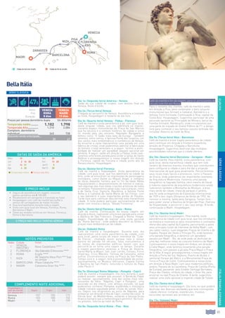 65
EUROPA
BellaItália
Dia 1o: (Segunda-feira) América - Veneza
Saída da sua cidade de origem, com destino final em
Veneza. Noite à bordo.
Dia 2o: (Terça-feira) Veneza
Chegada ao aeroporto de Veneza. Assistência e traslado
ao hotel. Hospedagem e restante do dia livre.
Dia 3o: (Quarta-feira) Veneza - Pádua - Florença
Café da manhã e visita panorâmica a pé, com guia local,
desta singular cidade, que nos adentrará no impres-
sionante espaço monumental da Praça de San Marcos
que ha séculos é o símbolo histórico da cidade e única
no mundo pelo seu encanto. Napoleão Bonaparte a
definiu como “O Salão mais belo da Europa”. Também
veremos, entre outros, a famosa Ponte dos Suspiros, um
dos cantos mais emblemáticos e românticos de Veneza.
Ao encerrar a visita realizaremos uma parada em uma
fábrica de cristal, onde poderemos admirar a fabricação
do famoso cristal veneziano e, a seguir, termos a possi-
bilidade de realizar um agradável passeio opcional em
gôndola. A seguir, saída em direção a Pádua, onde reali-
zaremos uma breve parada para visitar a Igreja de Santo
Antônio e prosseguiremos a nossa viagem em direção
a Florença, capital da Toscana e cidade ponto alto do
Renascimento. Hospedagem.
Dia 4o: (Quinta-feira) Florença
Café da manhã e hospedagem. Visita panorâmica da
cidade, com guia local, que nos adentrará na cidade da
Arte, onde se encontram as impressões de personagens
inimitáveis, como Dante ou Miguel Angel, e milhares
de obras daqueles homens que no fim da Idade Média
impulsionaram o desenvolvimento do homem e realiza-
ram algumas das mais belas criações artísticas de todos
os tempos. Passearemos pelas suas ruas e praças, como
a de Santa Cruz, Signoria, República, a famosa Ponte
Velha e a Catedral de Santa María de las Flores, com
o seu batistério e suas importantes portas do Paraíso.
Tarde livre para continuar descobrindo esta maravilhosa
cidade. À noite poderá participar opcionalmente de um
jantar com música e dança, “Velada Fiorentina”.
Dia 5o: (Sexta-feira) Florença - Assis - Roma
Café da manhã. Continuação da nossa viagem em
direção a Assis, realizando uma breve parada para visitar
a Basílica de São Francisco. Chegada a Roma. Hospe-
dagem. Possibilidade de realizar uma visita opcional
da “Roma Barroca”, onde poderá descobrir as fontes e
praças mais emblemáticas da cidade.
Dia 6o: (Sábado) Roma
Café da manhã e hospedagem. Durante este dia
realizaremos uma visita panorâmica da cidade, com
guia local, pelos locais de maior interesse da “Cida-
de Eterna”, chamada assim porque nela o tempo
parece ter parado há séculos. Seus monumentos e
os restos de imponentes edifícios fazem com que
percorrê-la se torne uma viajem no tempo. Durante
o trajeto panorâmico veremos a Praça de Venécia,
Santa María la Mayor, San Juan Letrán, Coliseu, Foros
Imperiais, Circo Máximo, Termas de Caracalla, entre
outros. Encerraremos a visita na Praça de San Pedro.
Tempo livre e, a seguir, terá a possibilidade de visitar,
opcionalmente, os Museus Vaticanos, Capela Sistina
e Basílica de San Pedro, incluindo o túmulo do Papa
João Paulo II.
Dia 7o: (Domingo) Roma (Nápoles - Pompéia - Capri)
Café da manhã e hospedagem. Dia livre durante o qual
poderá assistir, sempre que possível, à Bendição Papal
ou realizar, opcionalmente, uma das visitas mais inte-
ressantes da Itália: “Nápoles, Capri e Pompeia”, uma
excursão no dia inteiro, com almoço incluído, na qual
poderemos conhecer Pompéia, esplêndida e mitológica
cidade romana sepultada pelas cinzas do vulcão Vesú-
vio. Depois nos dirigiremos ao porto de Nápoles, para
embarcar em direção à Ilha de Capri, conhecida como “A
Pérola Azul” do Mediterrâneo, visitando a famosa Gruta
Branca (sempre que a meteorologia o permitir). No horá-
rio previsto, retorno ao hotel de Roma.
Dia 8o: (Segunda-feira) Roma - Pisa - Niza
Café da manhã e fim da viagem, para os participantes do
circuito com fim em Roma.
Para o restante dos clientes, café da manhã e saída
em direção a Pisa, para contemplar o belo conjunto
monumental que formam a Catedral, Batistério e a
famosa Torre Inclinada. Continuação a Niza, capital da
Costa Azul. Hospedagem. Sugerimos participar de uma
excursão opcional ao Principado de Mônaco, berço da
Família Grimaldi, Montecarlo, onde circularemos por
uma parte do traçado do Grand Prêmio de F1, e tempo
livre para conhecer o seu famoso cassino (entrada não
incluída). Retorno ao hotel de Niza.
Dia 9o: (Terça-feira) Niza - Barcelona
Café da manhã e breve trajeto panorâmico da cidade
para continuar em direção à fronteira espanhola,
através de Provença. Chegada a Barcelona.
Hospedagem. Sugerimos desfrutar das múltiplas
possibilidades noturnas que a cidade oferece.
Dia 10o: (Quarta-feira) Barcelona - Zaragoza - Madri
Café da manhã. Pela manhã, visita panorâmica, com
guia local, desta maravilhosa cidade, que tem sido
cenário de diversos eventos mundiais que contribuíram
para configurar a cidade e para lhe dar a projeção
internacional da qual goza atualmente. Percorreremos
seus locais mais típicos e pitorescos, como o Passeio
de Gracia, onde poderemos ver importantes exemplos
da Arquitetura Modernista. Faremos uma parada
fotográfica na Sagrada Família, obra mestre de Gaudí
e máximo exponente da arquitetura modernista catalã.
Subiremos também a Montanha de Montjuic, a área
mais verde da cidade, cheia de parques e jardins,
que foi sede protagonista da Exposição Internacional
de 1929 e dos Jogos Olímpicos de Verão de 1992. Ao
concluir a mesma, saída para Zaragoza. Tempo livre
para poder visitar a Basílica de Virgen del Pilar, Patrona
da Hispanidade, e percorrer o seu caso antigo. À tarde,
continuação a Madri. Hospedagem.
Dia 11o: (Quinta-feira) Madri
Café da manhã e hospedagem. Pela manhã, visita
panorâmica da cidade com guia local, que nos introduzirá
na história e mostrará os seus monumentos e contrastes
oferecidos pela capital da Espanha, percorrendo-a pelos
seus principais locais de interesse da Velha Madri, com
seu sabor castiço, suas elegantes Praças de Oriente e de
España, Parque del Oeste e Príncipe Pío, onde faremos
uma parada fotográfica, e daremos um agradável
passeio por Madri - Río, de onde pode-se desfrutar de
uma das melhores vistas do conjunto histórico de Madri.
Continuaremos o nosso trajeto em ônibus, em direção
à Calle Mayor, onde faremos novamente uma parada
fotográfica, com passeio a pé pela Praça Mayor e Praça
de la Villa. A seguir prosseguiremos o nosso trajeto em
direção a Porta del Sol, Neptuno, Puerta de Alcalá, o
senhorial Parque del Retiro, e a Monumental Praça de
Toros e Praça de Colón. Continuaremos a nossa visita
em direção à Nova Madri, com seus modernos edifícios,
jardins, Passeio de la Castellana, Praça de Castilla (Porta
da Europa), passando pelo Estádio Santiago Bernabéu,
Praça das Cibeles, símbolo da cidade, e Gran Vía, para
encerrar na real Praça de Oriente. À tarde, sugerimos
realizar uma visita opcional à imperial cidade de Toledo.
Dia 12o: (Sexta-feira) Madri
Café da manhã e hospedagem. Dia livre, no qual poderá
desfrutar das diversas atividades que esta cosmopolita
cidade oferece: compras, espetáculos, museus,
excursões opcionais aos arredores etc.
Dia 13o: (Sábado) Madri
Café da manhã e fim da viagem para os participantes no
tour com fim em Madri.
COMPLEMENTO NOITE ADICIONAL
Hospedagem e
café da manhã
por pessoa em:
Duplo Triplo Indiv.
Veneza 107 105 172
Roma 103 100 152
Madri 96 93 159
ITÁLIA-FRANÇA-ESPANHASÉRIECLÁSSICA
Início
Fim
Duração
Veneza
Roma
8 dias
Veneza
Madri
13 dias
Preços por pessoa dormitório duploUs dólares
Temporada média.......... 1.102 1.798
Temporada Alta.............. 1.310 2.084
Complem. dormitório
individual........................ 345 738
Desconto venda antecipada...
30 47
O PREÇO NÃO INCLUI TARIFAS AÉREAS
O PREÇO INCLUI
•		 Seguro de assistência em viagem, incluindo
gastos sanitários até € 100.000.
•		Recebimento em aeroporto e translado ao hotel.
•		Hospedagem com café da manhã tipo buffet e
serviço de carregadores de malas incluído.
•		Guia acompanhante durante toda a viagem.
•		Visita com guia local em Veneza, Florença, Roma,
Barcelona e Madri.
•		Taxas por estadia turísticas em Veneza, Florença,
Roma e Barcelona.
HOTÉIS PREVISTOS
Noites Cidade Hotel
1 Veneza
(Mestre) Novo Castellana ****
2 Florença Vila Gabrielle D’Annunzio ****
3 Roma Ergife ****
1 Niza All Seasons Vieux Port *** Sup
ou similar
1 Barcelona Plaza Cataluña ****
3 Madri Catalonia Gran Via ****
DATAS DE SAÍDA DA AMÉRICA
Maio 19 Set 29
Jun 2 16 30 Out 13 20
Jul 14 21 Jan15 5
Ago 4 25 Mar15 30
l Temporada média l Temporada Alta
Cidade de Início de circuito. Cidade de fim do circuito.
niza
pisa
barcelona
zaragoza
venecia
florencia
Asis
roma
Madri
SÉRIE CLÁSSICA
47$
 