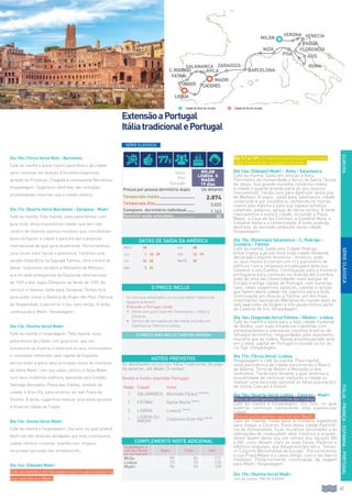 67
EUROPA
Dia 10o: (Terça-feira) Niza - Barcelona
Café da manhã e breve trajeto panorâmico da cidade
para continuar em direção à fronteira espanhola,
através de Provença. Chegada à cosmopolita Barcelona.
Hospedagem. Sugerimos desfrutar das múltiplas
possibilidades noturnas que a cidade oferece.
Dia 11o: (Quarta-feira) Barcelona - Zaragoza - Madri
Café da manhã. Pela manhã, visita panorâmica, com
guia local, desta maravilhosa cidade, que tem sido
cenário de diversos eventos mundiais que contribuíram
para configurar a cidade e para lhe dar a projeção
internacional da qual goza atualmente. Percorreremos
seus locais mais típicos e pitorescos. Faremos uma
parada fotográfica na Sagrada Família, obra mestre de
Gaudí. Subiremos também a Montanha de Montjuic,
que foi sede protagonista da Exposição Internacional
de 1929 e dos Jogos Olímpicos de Verão de 1992. Ao
concluir a mesma, saída para Zaragoza. Tempo livre
para poder visitar a Basílica de Virgen del Pilar, Patrona
da Hispanidade, e percorrer o seu caso antigo. À tarde,
continuação a Madri. Hospedagem.
Dia 12o: (Quinta-feira) Madri
Café da manhã e hospedagem. Pela manhã, visita
panorâmica da cidade com guia local, que nos
introduzirá na história e mostrará os seus monumentos
e contrastes oferecidos pela capital da Espanha,
percorrendo-a pelos seus principais locais de interesse
da Velha Madri, com seu sabor castiço, à Nova Madri,
com seus modernos edifícios, passando pelo Estádio
Santiago Bernabéu, Praça das Cibeles, símbolo da
cidade, e Gran Vía, para encerrar na real Praça de
Oriente. À tarde, sugerimos realizar uma visita opcional
à imperial cidade de Toledo.
Dia 13o: (Sexta-feira) Madri
Café da manhã e hospedagem. Dia livre, no qual poderá
desfrutar das diversas atividades que esta cosmopolita
cidade oferece: compras, espetáculos, museus,
excursões opcionais aos arredores etc.
Dia 14o: (Sábado) Madri
Café da manhã e fim da viagem para os participantes no
tour com fim em Madri.
Dia 1.º a 13º: O mesmo itinerário que o circuito
Itália Tradicional, na página anterior.
Dia 14o: (Sábado) Madri - Ávila - Salamanca
Café da manhã. Saída em direção a Ávila,
Patrimônio da Humanidade e berço de Santa Teresa
de Jesús. Sua grande muralha românica rodeia
a cidade e guarda grande parte do seu tesouro
monumental. Tempo livre para desfrutar desta joia
do Medievo. A seguir, saída para Salamanca, cidade
universitária por excelência, conhecida no mundo
inteiro pelo mesmo e pela sua riqueza artística:
catedrais, palácios, igrejas de vários estilos. À tarde
realizaremos a visita à cidade, incluindo a Plaza
Mayor, a Casa de las Conchas, a Catedral Nova, a
Catedral Velha e a Universidade. À noite poderão
desfrutar do animado ambiente desta cidade.
Hospedagem.
Dia 15o: (Domingo) Salamanca - C. Rodrigo -
Coimbra - Fátima
Café da manhã. Saída pela Cidade Rodrigo,
breve trajeto a pé por esta linda cidade medieval
declarada Conjunto Histórico - Artístico, onde
os seus muros encerram um rico patrimônio de
edifícios civis e religiosos encabeçados pela sua
Catedral e seu Castelo. Continuação para a fronteira
portuguesa para continuar via Guarda até Coimbra,
sede de uma das Universidades mais antigas da
Europa e antiga capital de Portugal, com estreitas
ruas, casas suspensas, palácios, capelas e igrejas
que fazem desta cidade um capricho para a vista.
Continuação em direção a Fátima, um dos mais
importantes Santuários Marianos do mundo após as
seis aparições da Virgem a três pastorzinhos perto
da Caverna de Iria. Hospedagem.
Dia 16o: (Segunda-feira) Fátima - Obidos - Lisboa
Café da manhã e saída para a bela cidade medieval
de Obidos, com suas simpáticas ruazinhas com
paralelepípedos e pitorescas casinhas brancas de
telhados vermelhos, resguardadas pela imponente
muralha que as rodeia. Nossa próxima parada será
em Lisboa, capital de Portugal e situada na foz do
rio Tajo. Hospedagem.
Dia 17o: (Terça-feira): Lisboa
Hospedagem e café da manhã. Pela manhã,
visita panorâmica da cidade percorrendo o Bairro
de Alfama, Torre de Belém e Monastério dos
Jerônimos. Tarde livre durante a qual teremos a
possibilidade de continuar visitando a cidade ou
realizar uma excursão opcional às belas populações
de Sintra, Cascais e Estoril.
Dia 18o: (Quarta-feira) Lisboa - Cáceres - Madri
Para os participantes com fim em Lisboa:
Café da manhã e hospedagem. Dia livre, no qual
poderão continuar conhecendo esta espetacular
cidade.
Para os participantes com fim em Madri:
Café da manhã. Saída para a fronteira espanhola
para chegar a Cáceres. Visita desta cidade Patrimô-
nio da Humanidade. Suas muralhas almohades e as
edificações de incalculável valor histórico e arquite-
tônico fazem desta vila um retrato dos séculos XIV
a XVI, como deixam claro as suas Casas, Palácios e
edifícios religiosos, que lhe permitiram ser o “Tercei-
ro Conjunto Monumental de Europa”. Percorreremos
a sua Praça Mayor e o casco antigo, com o seu bairro
medieval. Posteriormente continuação da viagem
para Madri. Hospedagem.
Dia 19o: (Quinta-feira) Madri
Café da manhã. Fim da viagem.
COMPLEMENTO NOITE ADICIONAL
Hospedagem e
café da manhã
por pessoa em:
Duplo Triplo Indiv.
Milão 99 94 171
Lisboa 73 73 135
Madri 96 93 159
ITALIA-FRANÇA-ESPANHA-PORTUGALSÉRIECLÁSSICA
DATAS DE SAÍDA DA AMÉRICA
Maio 18 Set 28
Jun 1 15 29 Out 12 19
Jul 13 20 Mar15 29
Ago 3 24
ExtensãoaPortugal
ItáliatradicionalePortugal
O PREÇO NÃO INCLUI TARIFAS AÉREAS
Início
Fim
Duração
MILÁN
LISBOA Ó
Madri
19 dias
Preços por pessoa dormitório duplo Us dólares
Temporada média............................. 2.874
Temporada Alta................................. 3.025
Complem. dormitório individual....... 1.163
Desconto venda antecipada.................. 80
O PREÇO INCLUI
Os serviços detalhados no circuito Itália Tradicional
(página anterior).
Extensão a Portugal, ainda:
•		Visita com guia local em Salamanca, Lisboa e
Cáceres.
•		Serviço de carregadores de malas incluído em
Salamanca, Fátima e Lisboa.
HOTÉIS PREVISTOS
Os detalhados no circuito Itália Tradicional, da pági-
na anterior, até Madri (3 noites).
Noites e hotéis extensão Portugal:
Noites Cidade Hotel
1 Salamanca Alameda Palace *****
1 Fátima Santa María ****
2 Lisboa Lutecia ****
1 Lisboa ou
Madri Catalonia Gran Vía ****
SÉRIE CLÁSSICA
Cidade de Início de circuito.
niza
PISA
barcelona
ZArAGOZA
venecia
florencia
roma
Madri
Milán
asís
Padua
verona
Cidade de fim do circuito.
C.Rodrigo
FATIMA
OBIDOS
LISBOA
CACERES
salamanca
avila
77$
 