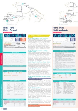 80
EUROPAITÁLIA-SUIÇA-FRANÇA-ESPANHA-PORTUGAL
Roma-Paris
Madri-Andaluzia
Roma-Paris-
Madri-Portugal
Dia 1º (Roma) A 13º (Madri): Mesmo itinerário da
página anterior no circuito Belezas da Europa,
página 78.
Dia 14o: (Sábado) Madri - Ávila - Salamanca
Café da manhã. Saída em direção a Ávila,
Patrimônio da Humanidade e berço de Santa Teresa
de Jesús. Sua grande muralha românica rodeia a
cidade e guarda uma grande parte do seu tesouro
monumental. Tempo livre para desfrutar desta
joia do Medievo. A seguir, saída para Salamanca,
cidade universitária por excelência, conhecida
no mundo inteiro pelo mesmo e pela sua riqueza
artística. À tarde realizaremos a visita à cidade,
incluindo a Plaza Mayor, a Casa de las Conchas, a
Catedral Nova, a Catedral Velha e a Universidade.
Hospedagem.
Dia 15o: (Domingo) Salamanca - C. Rodrigo -
Coimbra - Fátima
Café da manhã. Saída pela Cidade Rodrigo, breve
trajeto a pé por esta linda cidade medieval declarada
Conjunto Histórico - Artístico. Continuação para
a fronteira portuguesa para continuar via Guarda
até Coimbra, sede de uma das Universidades mais
antigas da Europa e antiga capital de Portugal.
Continuação em direção a Fátima, um dos mais
importantes Santuários Marianos do mundo após as
seis aparições da Virgem a três pastorzinhos perto
da Caverna de Iria. Hospedagem.
Dia 16o: (Segunda-feira) Fátima - Obidos - Lisboa
Café da manhã e saída para a bela cidade medieval
de Obidos, com suas simpáticas ruazinhas com
paralelepípedos e pitorescas casinhas brancas de
telhados vermelhos, resguardadas pela imponente
muralha que as rodeia. Nossa próxima parada será
em Lisboa, capital de Portugal. Hospedagem.
Dia 17o: (Terça-feira): Lisboa
Café da manhã e hospedagem. Pela manhã,
visita panorâmica da cidade percorrendo o Bairro
de Alfama, Torre de Belém e Monastério dos
Jerônimos. Tarde livre durante a qual teremos a
possibilidade de continuar visitando a cidade ou
realizar uma excursão opcional às belas populações
de Sintra, Cascais e Estoril.
Dia 18o: (Quarta-feira) Lisboa ou Lisboa - Cáceres
- Sevilha
Café da manhã e fim da viagem para os participantes
em circuito com Fim em Lisboa.
Para os restantes dos participantes, café da manhã e
saída para a fronteira espanhola para chegar a Cáce-
res, cidade Patrimônio da Humanidade. Suas muralhas
almohades e as edificações de incalculável valor históri-
co e arquitetônico fazem desta vila um retrato dos sécu-
los XIV a XVI, que lhe permitiram ser o “Terceiro Conjunto
Monumental de Europa”. Continuação da viagem para
Madri. Hospedagem.
Dia 19o: (Quinta-feira) Madri
Café da manhã, almoço e hospedagem. Pela manhã,
visita panorâmica da cidade com guia local, que nos
introduzirá na história e mostrará os seus monumentos
e contrastes oferecidos pela capital da Espanha, per-
correndo-a pelos seus principais locais de interesse da
Velha Madri, com seu sabor castiço, à Nova Madri, com
seus modernos edifícios, passando pelo Estádio Santiago
Bernabéu, Praça das Cibeles, símbolo da cidade, e Gran
Vía, para encerrar na real Praça de Oriente.
À tarde, sugerimos realizar uma excursão opcional à
imperial cidade de Toledo.
Dia 20o: (Sexta-feira) Madri
Café da manhã e hospedagem. Dia livre, à sua total dis-
posição, no qual poderá desfrutar das diversas atividades
que esta cosmopolita cidade oferece: compras, espetá-
culos, museus, excursões opcionais aos arredores etc.
Dia 21o: (Sábado) Madri
Café da manhã e fim da viagem para os participantes
no tour com fim em Madri.
SÉRIEECONÔMICA
O PREÇO INCLUI
•		 Seguro de assistência em viagem, incluindo gastos
sanitários até € 100.000.
•		Recebimento em aeroporto e translado ao hotel.
•		Hospedagem com café da manhã tipo buffet. Serviço
de carregadores de mala incluído em Salamanca,
Fátima e Lisboa
•		Guia acompanhante durante toda a viagem.
•		Visita com guia local em Roma, Paris, Barcelona,
Salamanca, Lisboa, Cáceres e Madri.
•		Taxas turísticas por estadia em Roma, Milão e
Barcelona.
O PREÇO INCLUI
•		 Seguro de assistência em viagem, incluindo gastos
sanitários até € 100.000.
•		Recebimento em aeroporto e translado ao hotel.
•		Hospedagem com café da manhã tipo buffet. Serviço
de carregadores de malas incluído em Sevilha, Costa
del Sol e Granada
•		Guia acompanhante durante toda a viagem.
•		Visita com guia local em Roma, Paris, Barcelona,
Madri, Toledo, Córdoba, Sevilha e Alhambra de
Granada.
•		Visita a uma famosa adega em Jerez, com degustação
dos seus vinhos.
•		Um jantar em Costa del Sol.
•		Visita de uma adega Manchega e seus vinhedos, com
degustação dos seus vinhos e almoço típico incluído
•		Taxas turísticas por estadia em Roma, Milão e
Barcelona.
HOTÉIS PREVISTOS
Noites Cidade Hotel
3 Roma Princess (Turista Sup.)
1 Milão Ibis Centro (Turista)
1 Berna Kreuz / Metropol (Turista)
4 Paris Kyriad Porte D’Ivry (Turista)
1 Tolousse Balladins Tolousse (Turista)
1 Barcelona Catalonia Atenas (Turista)
1 Madri Puerta Toledo (Turista)
1 Salamanca
Gran Hotel Corona (Turista
Sup.)
1 Fátima São José (Turista)
2 Lisboa Roma (Turista)
3 Madri Puerta Toledo (Turista)
HOTÉIS PREVISTOS
Noites Cidade Hotel
3 Roma Princess (Turista Sup.)
1 Milão Ibis Centro (Turista)
1 Berna Kreuz / Metropol (Turista)
4 Paris Kyriad Porte D’Ivry (Turista)
1 Tolousse Balladins Tolousse (Turista)
1 Barcelona Catalonia Atenas (Turista)
4 Madri Puerta Toledo (Turista)
2 Sevilha Don Paco (Turista)
1 C. del Sol Las Pirámides (Turista)
1 Granada Alixares (Turista)
1 Madri Puerta Toledo (Turista)
COMPLEMENTO NOITE ADICIONAL
Hospedagem e
café da manhã
por pessoa em:
Duplo Triplo Indiv.
Roma 90 87 144
Lisboa 66 64 109
Madri 83 80 130
COMPLEMENTO NOITE ADICIONAL
Hospedagem e
café da manhã
por pessoa em:
Duplo Triplo Indiv.
Roma 90 87 144
Madri 83 80 130
Início
Fim
Duração
ROMA
lisboa
18 dias
ROMA
Madri
21 dias
Preços por pessoa dormitório duplo Us dólares
Média temporada 2.034 2.446
Alta temporada 2.141 2.574
Complem. dormitório indi-
vidual.............................. 701 772
Desconto venda antecipada... 61 73
DATAS DE SAÍDA DA AMÉRICA
Maio 18 Ago 10 24
Jun 1 15 29 Set 7 21
Jul 13 27 Out 5 19
l Temporada média l Temporada Alta
DATAS DE SAÍDA DA AMÉRICA
Maio 18 Ago 10 24
Jun 1 15 29 Set 7 21
Jul 13 27 Out 5
l Temporada média l Temporada Alta
Início
Fim
Duração
ROMA
Madri
22 dias
Preços por pessoa dormitório duplo Us dólares
Média temporada 2.718
Alta temporada 2.861
Complem. dormitório individual.. 1.020
Desconto venda antecipada... 81
SÉRIE ECONÔMICA SÉRIE ECONÔMICA
milán
pisa
lucerna
berna
BARCELONA
toulouse
limoges
zaragoza
salamanca
c. rodrigo
coimbrafatima
caceres
obidos
LISBOA
AVILA
Madri
parís
Cidades de início e/ou fim de circuito.
roma
berna
BARCELONA
toulouse
limoges
zaragoza
Madri
parís
Ciudades de Início de circuito.
toledo
cordoba
sevilla
cadiz
LA LINEA
GRANADA
COSTA DEL SOL
O PREÇO NÃO INCLUI TARIFAS AÉREAS
O PREÇO NÃO INCLUI TARIFAS AÉREAS
73$ 81$
 