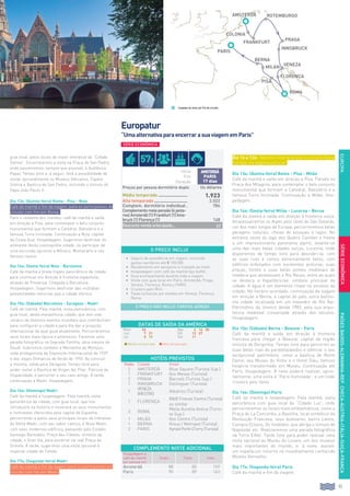 91
EUROPAPAÍSESBAIXOS-ALEMANHA-REP.CHECA-ÁUSTRIA-ITÁLIA-SUIÇA-FRANÇA
guia local, pelos locais de maior interesse da “Cidade
Eterna”. Encerraremos a visita na Praça de San Pedro,
onde assistiremos, sempre que possível, à Audiência
Papal. Tempo livre e, a seguir, terá a possibilidade de
visitar opcionalmente os Museus Vaticanos, Capela
Sistina e Basílica de San Pedro, incluindo o túmulo do
Papa João Paulo II.
Dia 13o: (Quinta-feira) Roma - Pisa - Niza
Café da manhã e fim da viagem, para os participantes do
circuito com fim em Roma..
Para o restante dos clientes, café da manhã e saída
em direção a Pisa, para contemplar o belo conjunto
monumental que formam a Catedral, Batistério e a
famosa Torre Inclinada. Continuação a Niza, capital
da Costa Azul. Hospedagem. Sugerimos desfrutar do
ambiente desta cosmopolita cidade, ou participar de
uma excursão opcional a Mônaco, Montecarlo e seu
famoso casino.
Dia 14o: (Sexta-feira) Niza - Barcelona
Café da manhã e breve trajeto panorâmico da cidade
para continuar em direção à fronteira espanhola,
através de Provença. Chegada a Barcelona.
Hospedagem. Sugerimos desfrutar das múltiplas
possibilidades noturnas que a cidade oferece.
Dia 15o: (Sábado) Barcelona - Zaragoza - Madri
Café da manhã. Pela manhã, visita panorâmica, com
guia local, desta maravilhosa cidade, que tem sido
cenário de diversos eventos mundiais que contribuíram
para configurar a cidade e para lhe dar a projeção
internacional da qual goza atualmente. Percorreremos
seus locais mais típicos e pitorescos. Faremos uma
parada fotográfica na Sagrada Família, obra mestre de
Gaudí. Subiremos também a Montanha de Montjuic,
sede protagonista da Exposição Internacional de 1929
e dos Jogos Olímpicos de Verão de 1992. Ao concluir
a mesma, saída para Zaragoza. Tempo livre para
poder visitar a Basílica de Virgen del Pilar, Patrona da
Hispanidade, e percorrer o seu caso antigo. À tarde,
continuação a Madri. Hospedagem.
Dia 16o: (Domingo) Madri
Café da manhã e hospedagem. Pela manhã, visita
panorâmica da cidade, com guia local, que nos
introduzirá na história e mostrará os seus monumentos
e contrastes oferecidos pela capital da Espanha,
percorrendo-a pelos seus principais locais de interesse
da Velha Madri, com seu sabor castiço, à Nova Madri,
com seus modernos edifícios, passando pelo Estádio
Santiago Bernabéu, Praça das Cibeles, símbolo da
cidade, e Gran Vía, para encerrar na real Praça de
Oriente. À tarde, sugerimos uma visita opcional à
imperial cidade de Toledo.
Dia 17o: (Segunda-feira) Madri
Café da manhã e fim da viagem para os participantes em
circuito com fim em Madri.
Dia 1o a 12o: Mesmo itinerário que o circuito Doce
Europa, na página anterior.
Dia 13o: (Quinta-feira) Roma - Pisa - Milão
Café da manhã e saída em direção a Pisa. Parada na
Praça dos Milagros, para contemplar o belo conjunto
monumental que formam a Catedral, Batistério e a
famosa Torre Inclinada. Continuação a Milão. Hos-
pedagem.
Dia 14o: (Sexta-feira) Milão - Lucerna - Berna
Café da manhã e saída em direção à fronteira suíça.
Atravessairemos os Alpes pelo túnel de São Gotardo,
um dos mais longos da Europa, percorreremos belas
paragens naturais, cheias de bosques e lagos. No
extremo oeste do lago dos Quatro Cantões e frente
a um impressionante panorama alpino, levante-se
uma das mais belas cidades suíças, Lucerna, onde
disporemos de tempo livre para descobri-la, com
as suas ruas e cantos extremamente belos, com
edifícios enfeitados com excelentes pinturas; suas
praças, fontes e suas belas pontes medievais de
madeira que atravessam o Rio Reuss, entre as quais
se destaca a Kapellbrücke, símbolo principal da
cidade. A água é um elemento chave no encanto da
cidade. No horário acordado, continuação da viagem
em direção a Berna, a capital do país, outra belíssi-
ma cidade localizada em um meandro do Rio Aar,
Patrimônio da Unesco desde 1983, pela sua arqui-
tetura medieval conservada através dos séculos.
Hospedagem.
Dia 15o: (Sábado) Berna - Beaune - Paris
Café da manhã e saída em direção à fronteira
francesa para chegar a Beaune, capital da região
vinícola de Borgonha. Tempo livre para percorrer as
suas belas ruas de paralelepípedos e admirar o seu
excepcional patrimônio, como a basílica de Notre
Dame, seu Museu do Vinho e o Hotel Dieu, famoso
hospício transformado em Museu. Continuação até
Paris. Hospedagem. À noite poderá realizar, opcio-
nalmente, uma visita à “Paris Iluminada”, e um lindo
cruzeiro pelo Sena.
Dia 16o: (Domingo) Paris
Café da manhã e hospedagem. Pela manhã, visita
panorâmica com guia local da “Cidade Luz”, onde
percorreremos os locais mais emblemáticos, como a
Praça de La Concordia, a Bastilha, local simbólico da
Revolução Francesa, seus bulevares, bairro Latino,
Campos Elíseos, Os Inválidos, que abriga o túmulo de
Napoleão etc. Realizaremos uma parada fotográfica
na Torre Eiffel. Tarde livre para poder realizar uma
visita opcional ao Museu do Louvre, um dos museus
mais importantes do mundo, e, à noite, assistir
um espetáculo noturno no mundialmente conhecido
Moinho Vermelho.
Dia 17o: (Segunda-feira) Paris
Café da manhã e fim da viagem.
SÉRIEECONÔMICA
O PREÇO NÃO INCLUI TARIFAS AÉREAS
DATAS DE SAÍDA DA AMÉRICA
Maio 24 Ago 2 16 30
Jun 7 21 Set 13 27
Jul 5 19 Out 11
l Média temporada l Alta temporada
O PREÇO INCLUI
•		 Seguro de assistência em viagem, incluindo
gastos sanitários até € 100.000.
•		Recebimento em aeroporto e traslado ao hotel.
•		Hospedagem com café da manhã tipo buffet.
•		Guia acompanhante durante toda a viagem
•		Visita com guia local em Paris, Amsterdã, Praga,
Veneza, Florença, Roma y PARIS.
•		Cruzeiro pelo Rhin.
•		Taxas turísticas por estadia em Veneza, Florença,
Roma.
HOTÉIS PREVISTOS
Noites Cidade Hotel
2 Amsterdã Blue Square (Turista Sup.)
1 Frankfurt Ibis Messe (Turista)
2 Praga Barceló (Turista Sup.)
1 Innsbruck Dollinguer (Turista)
1
Veneza
(Mestre)
Albatros (Turista)
1 Florença
BB Firenze Centro (Turista)
ou similar
3 Roma
Melia Aurelia Antica (Turis-
ta Sup.)
1 Milão Ibis Centro (Turista)
1 Berna Kreuz / Metropol (Turista)
2 Paris Kyriad Porte D’ivrry (Turista)
COMPLEMENTO NOITE ADICIONAL
Hospedagem e
café da manhã
por pessoa em:
Duplo Triplo Indiv.
Amsterdã 88 85 159
Paris 90 89 163
Início
Fim
Duração
Amsterdã
PARIS
17 dias
Preços por pessoa dormitório duplo Us dólares
Média temporada......................... 1.923
Alta temporada............................ 2.022
Complem. dormitório individual.. 784
Complementomeiapensão(4janta-
res)Amsterdã(1)Frankfurt(1)Inns-
bruck(1)Florença(1) 148
Desconto venda antecipada... 57
Europatur
“UmaalternativaparaencerrarasuaviagememParis”
pisa
ROTEMBURGO
frankfurt
PARIS
praga
Florença
roma
innsbruck
Ciudades de Início y/o Fim de circuito.
Amsterdã
colonia
Venezamilán
berna
SÉRIE ECONÔMICA
57$
 