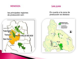 MENDOZA SAN JUAN
LUJAN DE CUYO
SAN RAFAEL
las principales regiones
de producción son:
En cuanto a la zona de
producción se destaca
 