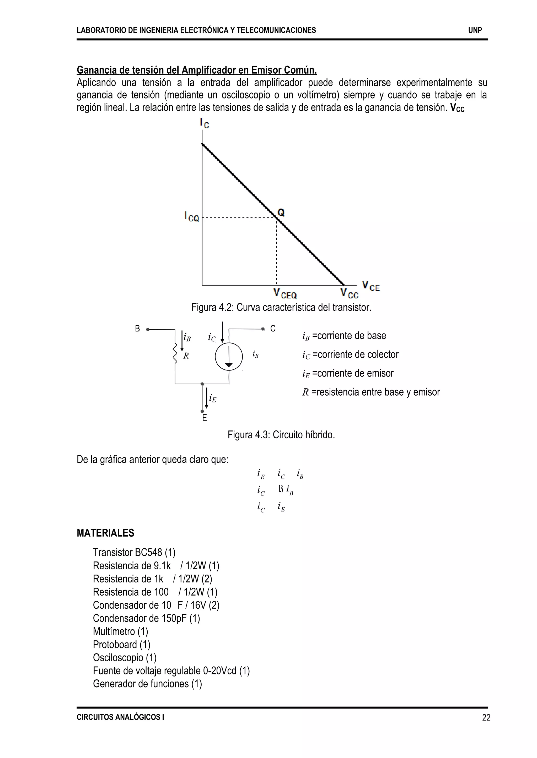 i
ii
LABORATORIO DE INGENIERIA ELECTRÓNICA Y TELECOMUNICACIONES UNP
Ganancia de tensión del Amplificador en Emisor Común.
Aplicando una tensión a la entrada del amplificador puede determinarse experimentalmente su
ganancia de tensión (mediante un osciloscopio o un voltímetro) siempre y cuando se trabaje en la
región lineal. La relación entre las tensiones de salida y de entrada es la ganancia de tensión. VCC
Figura 4.2: Curva característica del transistor.
B C
iB =corriente de base
iC =corriente de colector
iE =corriente de emisor
R =resistencia entre base y emisor
iB
R
iC
iB
E
Figura 4.3: Circuito híbrido.
De la gráfica anterior queda claro que:
iE
iC
iC
C B
ß iB
E
MATERIALES
Transistor BC548 (1)
Resistencia de 9.1k / 1/2W (1)
Resistencia de 1k / 1/2W (2)
Resistencia de 100 / 1/2W (1)
Condensador de 10 F / 16V (2)
Condensador de 150pF (1)
Multímetro (1)
Protoboard (1)
Osciloscopio (1)
Fuente de voltaje regulable 0-20Vcd (1)
Generador de funciones (1)
CIRCUITOS ANALÓGICOS I 22
iE
 