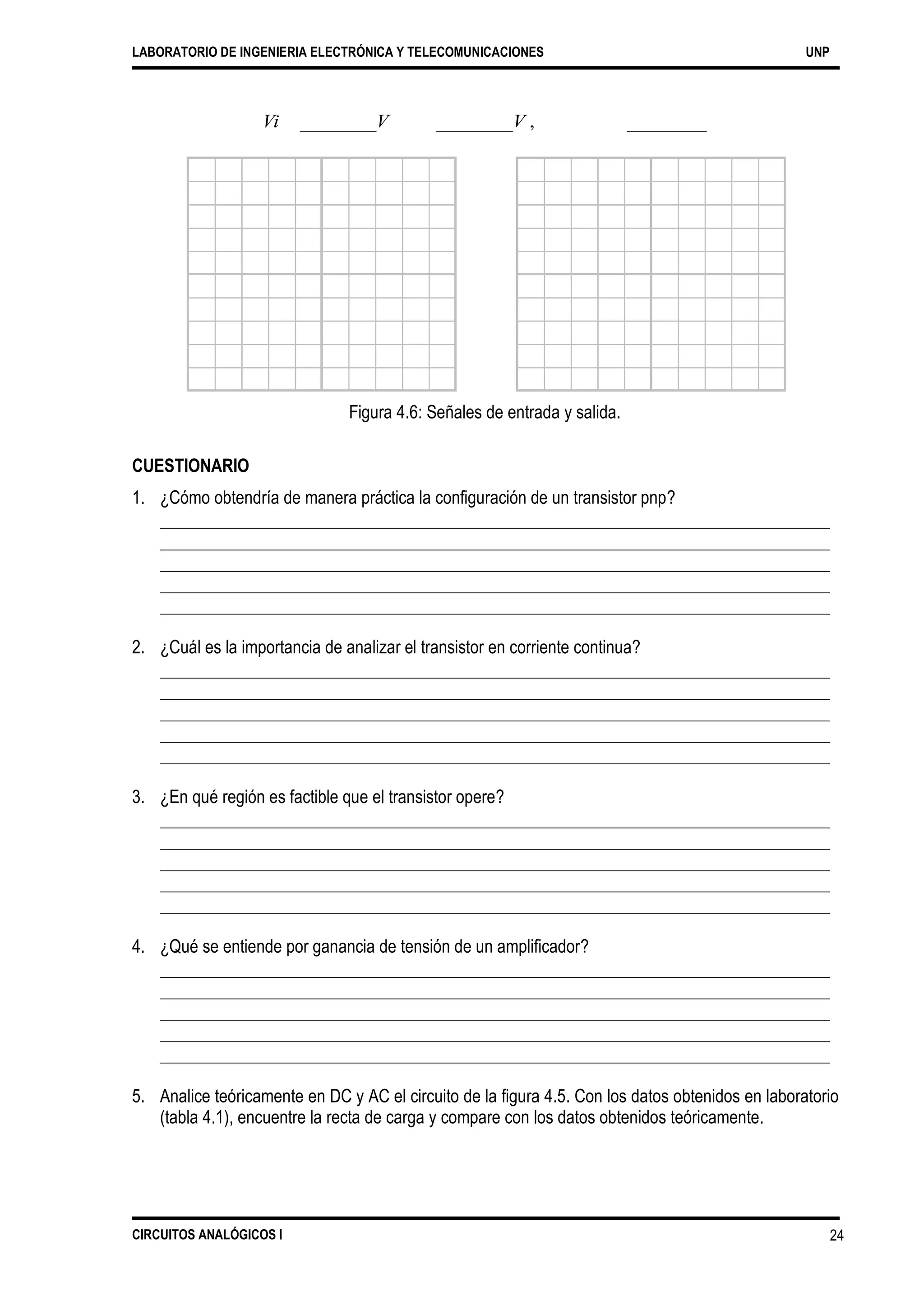 LABORATORIO DE INGENIERIA ELECTRÓNICA Y TELECOMUNICACIONES UNP
Vi V
,Vo
V ,
Ganancia
Figura 4.6: Señales de entrada y salida.
CUESTIONARIO
1. ¿Cómo obtendría de manera práctica la configuración de un transistor pnp?
2. ¿Cuál es la importancia de analizar el transistor en corriente continua?
3. ¿En qué región es factible que el transistor opere?
4. ¿Qué se entiende por ganancia de tensión de un amplificador?
5. Analice teóricamente en DC y AC el circuito de la figura 4.5. Con los datos obtenidos en laboratorio
(tabla 4.1), encuentre la recta de carga y compare con los datos obtenidos teóricamente.
CIRCUITOS ANALÓGICOS I 24
 