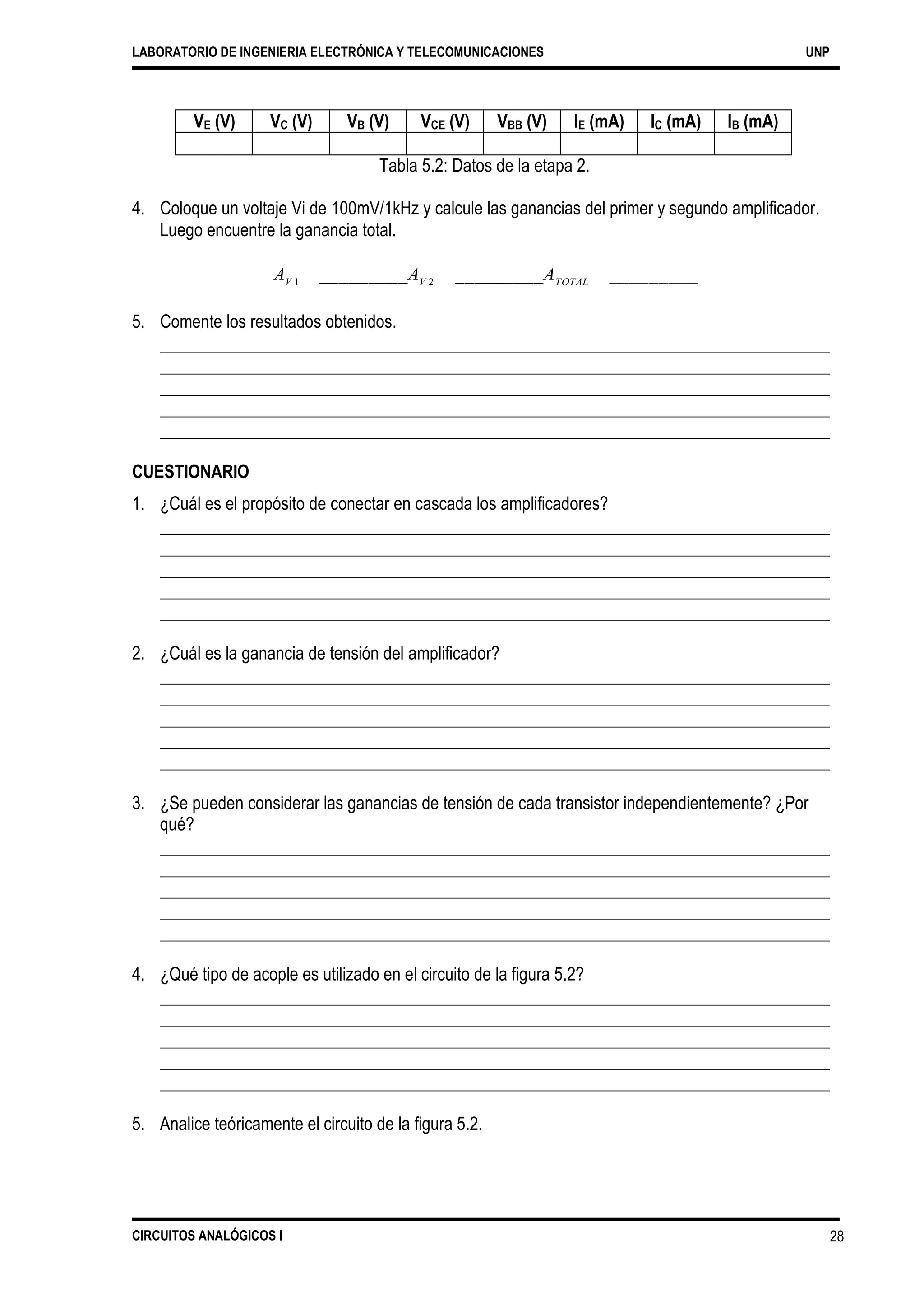 LABORATORIO DE INGENIERIA ELECTRÓNICA Y TELECOMUNICACIONES UNP
Tabla 5.2: Datos de la etapa 2.
4. Coloque un voltaje Vi de 100mV/1kHz y calcule las ganancias del primer y segundo amplificador.
Luego encuentre la ganancia total.
AV 1
_________AV 2
_________ATOTAL _________
5. Comente los resultados obtenidos.
CUESTIONARIO
1. ¿Cuál es el propósito de conectar en cascada los amplificadores?
2. ¿Cuál es la ganancia de tensión del amplificador?
3. ¿Se pueden considerar las ganancias de tensión de cada transistor independientemente? ¿Por
qué?
4. ¿Qué tipo de acople es utilizado en el circuito de la figura 5.2?
5. Analice teóricamente el circuito de la figura 5.2.
CIRCUITOS ANALÓGICOS I 28
VE (V) VC (V) VB (V) VCE (V) VBB (V) IE (mA) IC (mA) IB (mA)
 